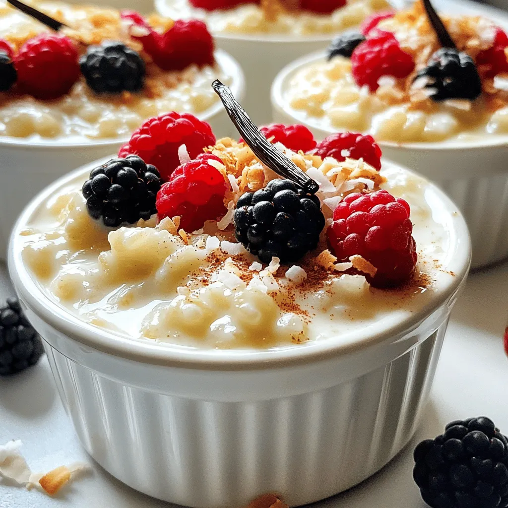 To create a rich and creamy vanilla bean rice pudding, gather these key ingredients: - 1 cup Arborio rice - 4 cups whole milk - 1/2 cup granulated sugar - 1 vanilla bean, split and scraped (or 2 teaspoons vanilla extract) - 1/4 teaspoon salt - 2 large egg yolks Arborio rice gives this dish its unique creaminess and texture. Whole milk adds richness. The sugar balances the flavors. The vanilla bean provides a deep, sweet aroma. Salt enhances all the tastes. Egg yolks add smoothness and help thicken the pudding. You may want to add some optional ingredients for extra creaminess and taste: - 1 teaspoon cornstarch (for extra creaminess) - 1/2 teaspoon ground cinnamon Cornstarch helps make the pudding even creamier. Cinnamon adds warmth and a hint of spice. Both options can elevate your pudding to the next level. To make your vanilla bean rice pudding even more delightful, consider these garnishes: - Fresh berries - Toasted coconut Fresh berries offer a burst of flavor and color. Toasted coconut adds a nice crunch. You can also dust a sprinkle of cinnamon on top for a beautiful finish. Enjoy these toppings to make each bite special! To make vanilla bean rice pudding, start with your ingredients. In a large saucepan, mix 1 cup of Arborio rice, 4 cups of whole milk, 1/2 cup of granulated sugar, and 1/4 teaspoon of salt. Stir well to blend everything. Next, split your vanilla bean lengthwise. Scrape the seeds into the saucepan and add the whole pod for more flavor. If you use vanilla extract, you’ll add it later. Heat the mixture over medium heat. Stir occasionally until it simmers. Once it starts to simmer, lower the heat. Cook for 25 to 30 minutes, stirring often. The rice should be tender, and the mixture thick should be creamy. In a separate bowl, whisk 2 large egg yolks and 1 teaspoon of cornstarch until smooth. Slowly ladle about a cup of the hot pudding into the bowl with the egg yolks. Whisk constantly to temper the yolks. This means you warm them up slowly without cooking them. Now, pour the tempered yolk mixture back into the saucepan. Stir continuously as you cook for an additional 5 minutes. The pudding will thicken even more. Remove the saucepan from heat and throw away the vanilla pod if you used it. Stir in 1/2 teaspoon of ground cinnamon and your vanilla extract if you did not add it earlier. Let the pudding cool for a bit. Then, transfer it to bowls or ramekins for serving. To get the best rice pudding, keep stirring while it cooks. This helps prevent the rice from sticking to the bottom. If you want it creamier, add the cornstarch. Make sure to watch the heat. If it’s too high, the milk can scorch, which will ruin your pudding. Tempering egg yolks is key to a smooth pudding. Start by whisking the yolks in a bowl. Then, slowly add hot pudding to the yolks while whisking. This slowly raises the temperature of the yolks. If you add hot liquid too fast, the yolks can cook and scramble. After tempering, return the mixture to the saucepan and continue cooking. This method keeps your pudding silky and smooth. To get that perfect creamy rice pudding, use Arborio rice. This rice has a high starch content, which helps with creaminess. Cook the rice slowly in whole milk. Stir often to keep it smooth. If you want it extra creamy, add cornstarch. Whisk it well with egg yolks to blend before adding it to the pot. This step helps thicken and enrich the pudding. One common mistake is cooking the rice too fast. Keep the heat low after it simmers. Stirring less often can lead to a clumpy texture. Avoid adding the vanilla extract too soon. If you use the bean, add it at the start. If you use extract, save it for the end. This keeps the flavor bright and fresh. You can play with flavors in this recipe. Try adding a pinch of nutmeg for warmth. For a tropical twist, add coconut milk instead of some of the whole milk. You can also mix in dried fruits like raisins or cranberries while cooking. Top with fresh fruit, like berries, for color and taste. A sprinkle of cinnamon elevates the dish, making it even more inviting. {{image_2}} You can make rice pudding without dairy. Use almond milk, coconut milk, or oat milk instead of whole milk. These options give a different flavor and still create a creamy texture. Just keep the same amount of milk in the recipe. If you want a rich taste, coconut milk works best. Spices can change your rice pudding. Try adding cardamom for warmth or nutmeg for a cozy touch. You can also add a bit of orange zest or lemon zest for a fresh twist. If you love chocolate, mix in cocoa powder or chocolate chips. Each spice will add its own character to the dish. Serving rice pudding can be fun and creative. You can layer it in jars with fresh berries for a pretty dessert. Top it with toasted coconut for crunch. Drizzle some honey or maple syrup for sweetness. You can even serve it with a scoop of ice cream for an extra treat. Each idea gives your pudding a new look and taste. To store leftover rice pudding, first let it cool to room temperature. Then, transfer it to an airtight container. Make sure the lid seals well to keep moisture in. You can refrigerate it for up to five days. If you want to keep it longer, consider freezing it. Divide the pudding into smaller portions for easy thawing later. When you are ready to enjoy the rice pudding again, take it out of the fridge. Place it in a saucepan over low heat. Add a splash of milk to help loosen it up. Stir gently as it warms up. You can also use a microwave. Heat it in short bursts, stirring in between. This helps it heat evenly without drying out. Homemade rice pudding stays fresh for about five days in the fridge. If you freeze it, it can last for up to three months. When you thaw frozen pudding, you may notice a slight change in texture. This is normal, so just give it a good stir before serving. Always check for any off smells or changes in color before eating. Yes, you can use other rice types. Arborio rice is best for creaminess. Short-grain rice also works well. It absorbs moisture and becomes soft. Long-grain rice may not yield the same texture. If you use jasmine or basmati, the pudding will be less creamy. To make this dish nut-free, use whole milk. Avoid any nut-based milk like almond or cashew. You can also use coconut milk, but check for nut cross-contamination. Ensure all ingredients are free from nuts. This way, you can enjoy the pudding without worry. You can swap granulated sugar for brown sugar. This will give a deeper flavor. For the vanilla bean, use 2 teaspoons of vanilla extract. If you want a dairy-free option, try cashew cream instead of milk. Feel free to add spices like nutmeg or cardamom for a twist. This blog covered how to make delicious vanilla bean rice pudding. We discussed key ingredients, cooking steps, and tips for a creamy texture. I shared ways to customize your dish with flavors and alternatives. Storing and reheating tips help you enjoy leftovers. Remember to avoid common mistakes for the best results. With this guide, you can create a perfect dessert that everyone loves. Enjoy your homemade rice pudding, and feel free to get creative with it!