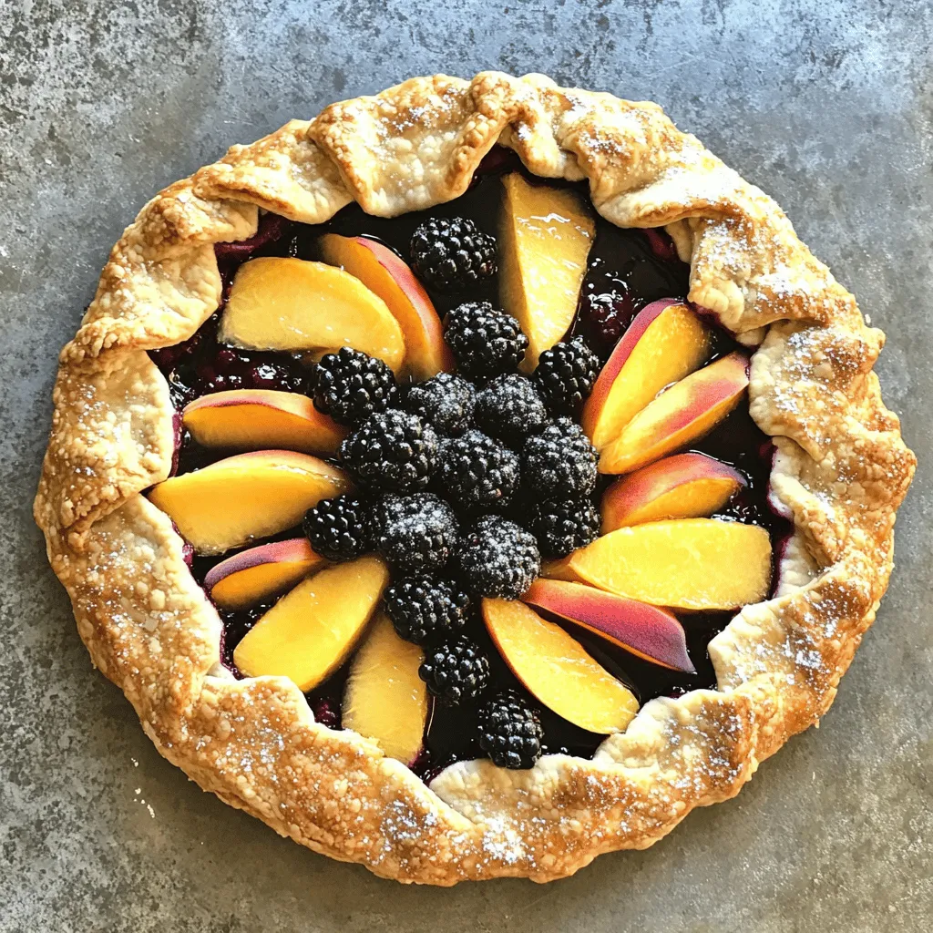 - 1 1/2 cups all-purpose flour - 1/2 teaspoon salt - 1/4 teaspoon sugar - 1/2 cup unsalted butter, cold and cubed - 6-8 tablespoons ice water - 1 1/2 cups fresh blackberries - 2 ripe peaches, sliced thinly - 1/4 cup sugar (adjust based on sweetness preference) - 1 tablespoon cornstarch - 1 teaspoon vanilla extract - 1 teaspoon lemon juice - 1 egg, beaten (for egg wash) - Coarse sugar for sprinkling The ingredients for the blackberry peach galette create a perfect balance of flavors. You start with the dough, which adds a flaky texture. The flour, salt, and sugar mix well with cold butter. Cold butter is key to a flaky crust. The ice water helps bind it together without warming the butter. Next, the fruit filling brings the galette to life. Fresh blackberries and ripe peaches add sweetness and color. You can adjust the sugar based on how sweet your fruit is. Don’t forget the cornstarch! It thickens the juices from the fruit. Vanilla extract and lemon juice enhance the flavors, making them pop. Finally, the egg wash gives the crust a golden hue. Sprinkling coarse sugar on top adds a nice crunch. Each ingredient plays a role in making this dessert special. Enjoy gathering the ingredients and feel free to tweak them to match your taste! - Make the Dough: In a large bowl, mix together 1 1/2 cups of all-purpose flour, 1/2 teaspoon salt, and 1/4 teaspoon sugar. Next, add 1/2 cup of cold, cubed unsalted butter. Use a pastry cutter or your fingers to work the butter into the flour until it looks like coarse crumbs. - Add Water: Slowly stir in 6-8 tablespoons of ice water, one tablespoon at a time. Mix until the dough comes together. You may not need all the water. Wrap the dough in plastic wrap and chill it in the fridge for at least 1 hour. - Combine Fruit: In a bowl, toss together 1 1/2 cups of fresh blackberries and 2 ripe peaches, sliced thinly. Add 1/4 cup of sugar, 1 tablespoon of cornstarch, 1 teaspoon of vanilla extract, and 1 teaspoon of lemon juice. Gently mix to coat the fruit. Let it sit for about 15 minutes. This allows the juices to develop a nice flavor. - Roll Out Dough: On a lightly floured surface, roll the chilled dough into a rough 12-inch circle. Carefully transfer the dough to a baking sheet lined with parchment paper. - Fill and Fold: Spoon the blackberry-peach mixture into the center of the dough, leaving a 2-inch border around the edges. Gently fold the edges of the dough over the filling, making pleats as needed. - Egg Wash: Brush the outer edge of the galette with a beaten egg, and sprinkle with coarse sugar to add texture and flavor. - Bake: Preheat your oven to 400°F (200°C) and bake the galette for 30-35 minutes. Look for a golden brown crust and bubbling fruit. - Use Cold Ingredients: Cold butter and ice water keep the crust flaky. - Don’t Overfill: Leave space around the edges to prevent spills. - Check for Bubbles: Look for bubbles in the filling. Bubbles mean the fruit is cooking well. - Allow Cooling: Let the galette cool before slicing. This makes the flavors better. - Pair with Ice Cream: A scoop of vanilla ice cream makes the galette special. - Garnish Ideas: Use fresh mint or drizzle honey on top for added flavor. {{image_2}} You can switch up the fruit in your galette. Instead of blackberries and peaches, try other berries like raspberries or blueberries. These fruits add different flavors and colors to your dessert. If you want a more seasonal twist, consider adding apples or pears. They bring a nice crunch and sweetness, making your galette unique. Want to change the crust? You can make a gluten-free version by using a gluten-free flour blend. This option lets everyone enjoy the galette. For a fun flavor twist, try an herb-infused crust. Adding rosemary or thyme gives the crust a fresh taste that pairs well with the sweet fruit. If you want to boost the sweetness, try using honey or maple syrup. These natural sweeteners can enhance the flavors of the fruit. You can also experiment with spices like cinnamon or nutmeg. These spices add warmth and depth, making your galette even more inviting. After you enjoy your blackberry peach galette, you may have some left. - Room Temperature: It lasts for up to 2 days if left unwarmed. - Refrigeration: For a longer shelf life, store it in the fridge for 3-4 days. If you want to save some for later, freezing is a great option. - Freeze Before Baking: Wrap the galette tightly in plastic wrap and foil. - Freeze After Baking: Let it cool completely, then store in an airtight container. When you're ready to enjoy your galette again, here’s how to warm it up. - Oven Method: Reheat at 350°F for about 10-15 minutes. This keeps the crust crisp. - Microwave Method: Heat in short increments if you want a softer crust. To make a flaky crust, use cold butter. Cold butter helps create layers. Ice water is key too. It keeps the dough cool as you mix. This way, the crust puffs up during baking. Yes! You can prepare it ahead. Just store it in the fridge. When you're ready, bake it fresh. This saves time and makes your kitchen smell great. You can serve it with vanilla ice cream. Whipped cream is another great choice. Fresh fruit also pairs well. Each option adds a nice touch to the galette. The galette stays fresh for about 3 to 4 days. Keep it in the fridge for the best quality. After a few days, the crust may get soft, but it will still taste good. Absolutely! You can mix and match fruits. Try raspberries, blueberries, or even apples. Get creative with flavors you love. This galette is all about your taste! This blog post shared a simple recipe for a delicious blackberry peach galette. We covered essential ingredients, easy steps, and helpful tips for success. Remember to use cold ingredients for a flaky crust and avoid overfilling. Feel free to get creative with fruit or crust variations to fit your taste. Your galette will impress everyone. Enjoy this sweet treat with ice cream or fresh mint for an extra touch. The best part? You can customize it any way you like! Get baking and savor the fun!