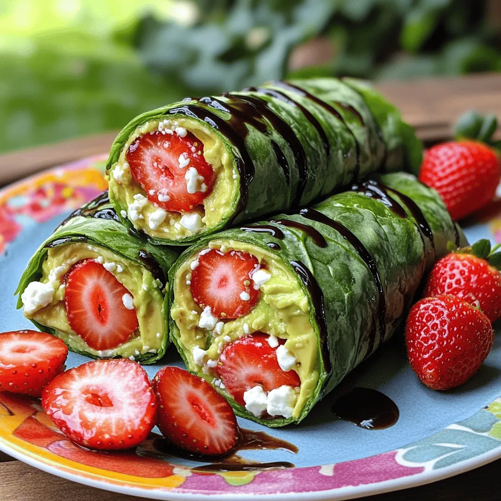 Here’s what you need to make Avocado Strawberry Spinach Wraps. Gather these simple items: - 2 large whole wheat tortillas - 1 ripe avocado, mashed - 1 cup fresh spinach leaves - 1 cup strawberries, sliced - ¼ cup feta cheese, crumbled - 2 tablespoons balsamic glaze - Salt and pepper to taste - Optional: 1 tablespoon honey or agave syrup These ingredients create a tasty and healthy snack. Whole wheat tortillas add fiber. The ripe avocado gives a creamy texture. Fresh spinach provides a nice crunch. Strawberries add sweetness and color. Feta cheese brings a tangy flavor. Balsamic glaze adds richness. You can sweeten the mix with honey or agave if you like. Each ingredient plays a key role in making this wrap delicious. The balance of flavors and textures makes every bite enjoyable. Plus, these wraps are quick to prepare. You can make them in just ten minutes! Enjoy creating this tasty treat. Start by taking a ripe avocado. Cut it in half and remove the pit. Use a fork to mash the avocado in a small bowl. Aim for a creamy texture. Then, add a pinch of salt and pepper to taste. Mix well to combine flavors. If you like a hint of sweetness, stir in one tablespoon of honey or agave syrup. This step adds a nice twist to the rich avocado. Next, grab two large whole wheat tortillas. Lay them flat on a clean surface or plate. Take a generous scoop of the mashed avocado. Spread it across the center of each tortilla. Leave a little space around the edges for easy folding. Now, add fresh spinach leaves over the avocado. Next, layer sliced strawberries evenly on top of the spinach. Finally, sprinkle crumbled feta cheese across the filling. This adds a tasty, tangy flavor. Now for the finishing touches. Drizzle balsamic glaze over the fillings. This adds a rich flavor that ties everything together. Next, fold in the sides of each tortilla. Roll them tightly from the bottom up to form a wrap. If you want a nice presentation, slice the wraps in half diagonally. This makes them look great on a plate! Enjoy your delicious and healthy snack! Choosing the right avocado Select a ripe avocado for the best taste. It should feel soft but not mushy. Press gently to check ripeness. If it's too hard, let it sit at room temperature for a few days. This way, it will ripen perfectly. Ensuring optimal freshness of strawberries and spinach To keep your strawberries sweet, look for bright red color and fresh green tops. If they smell sweet, they are ready! For spinach, choose vibrant green leaves. Avoid any that look wilted or yellow. Freshness is key to a tasty wrap. Presentation tips for wraps Wraps look stunning on colorful plates. Slice them in half to show off the layers. Add extra strawberries on the side for a pop of color. Drizzle balsamic glaze around the plate for a fancy touch. Pairing with beverages These wraps pair well with a light iced tea or sparkling water. For a fruity twist, try serving with a berry smoothie. Both drinks complement the wrap’s flavors nicely. Nutritional advantages of ingredients Avocados provide healthy fats and keep you full. Strawberries add vitamin C and antioxidants. Spinach is rich in iron and fiber, making this wrap a great choice for a snack. Why whole wheat tortillas? Whole wheat tortillas are healthier than white ones. They offer more fiber and nutrients. This helps with digestion and keeps your energy up. Choosing whole wheat makes your snack more filling and nutritious. {{image_2}} You can easily switch out the feta cheese. Try goat cheese or a dairy-free cheese. These options add creaminess and flavor. If you want a milder taste, use ricotta. For greens, spinach is great, but you can also use kale or arugula. These greens add different textures and tastes. Each green brings a unique twist to your wraps. Adding nuts or seeds can give your wraps a nice crunch. Try sunflower seeds or sliced almonds for added texture. Chopped walnuts can add richness too. You can also incorporate fresh herbs or spices. Basil or mint can add bright flavors. A sprinkle of chili flakes gives a nice kick if you like heat. For a dairy-free wrap, look for plant-based cheese. Options like cashew or almond cheese work well. They melt nicely and keep your wrap creamy. If you want a sweet touch, swap honey or agave for maple syrup. It adds a unique flavor and keeps it vegan. This makes the wraps even more enjoyable! To keep your avocado strawberry spinach wraps fresh, wrap them tightly in plastic wrap or foil. Store them in the refrigerator. This keeps moisture in and prevents the wraps from drying out. If you want to save them for later, you can freeze the wraps. Just make sure they are tightly wrapped. Place them in a freezer-safe bag or container. This helps avoid freezer burn. How long can you store the wraps? If kept in the fridge, they last about 2 to 3 days. In the freezer, they can stay good for up to 1 month. Look for signs of spoilage. If the wraps smell sour or the ingredients look slimy, it’s time to toss them. Freshness matters, especially with strawberries and spinach. To enjoy your wraps warm, you can reheat them. The best method is using a skillet. Heat it over medium heat and place the wrap in the pan for 2-3 minutes on each side. This gives a nice crisp texture. You can also use a microwave. Just wrap them in a damp paper towel and heat for about 30 seconds. Enjoy your tasty snack hot! Can I make these wraps ahead of time? Yes, you can prepare these wraps ahead of time. Just wrap them tightly in plastic wrap. Keep them in the fridge until you are ready to serve. However, the spinach may wilt slightly, so eat them within a day for the best taste. What can I substitute for whole wheat tortillas? You can use corn tortillas or spinach wraps. Lettuce leaves also work well for a low-carb option. Each choice gives a unique flavor and texture to your wraps. Are avocado strawberry spinach wraps healthy? Absolutely! These wraps are packed with nutrients. They offer healthy fats from avocado, vitamins from spinach, and antioxidants from strawberries. Feta cheese adds calcium too, making these wraps a balanced snack. How to serve wraps at a gathering? To serve wraps at a gathering, cut them into bite-sized pieces. Arrange them on a colorful platter. This makes them easy for guests to pick up. You can also drizzle extra balsamic glaze on top for flair. Best accompaniments for wraps? Serve these wraps with a light salad or some veggie sticks. A refreshing drink like iced tea or lemonade pairs nicely too. These options enhance the meal while keeping it light. Can I use frozen strawberries? Yes, you can use frozen strawberries. Just thaw them and drain any excess water. This will keep your wraps from getting soggy. How ripe should the avocado be for the best flavor? The avocado should be ripe but not overripe. It should yield slightly when you gently squeeze it. This ensures a creamy texture and rich flavor. This blog post covered how to make delicious avocado strawberry spinach wraps. You learned the ingredients, steps to prepare, and smart tips to enhance flavor. I shared variations to fit your taste and storage info to keep them fresh. These wraps are healthy and easy to customize. Try making them for a lunch or snack. Enjoy the colors, flavors, and nutrition they bring to your day. Simple, fun, and tasty wraps await you!