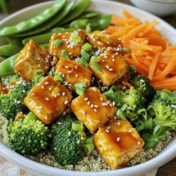 - 1 block firm tofu, pressed and cubed - 1/4 cup teriyaki sauce - 2 cups cooked quinoa - 1 cup broccoli florets - 1 cup julienned carrots - 1 cup snap peas - 1 tablespoon sesame oil - 1 tablespoon olive oil - 2 green onions, sliced - 1 tablespoon sesame seeds - Salt and pepper to taste Tofu is the star of this dish. Firm tofu holds its shape well and absorbs flavors nicely. Pressing it helps remove excess water, making it crispier when baked. Teriyaki sauce adds a sweet and savory flavor. It glazes the tofu, making it tasty. Quinoa serves as a healthy base. It is high in protein and has a nice texture. Fresh vegetables like broccoli, carrots, and snap peas add color and crunch. They provide vitamins and minerals, boosting the dish's nutrition. If you can’t find firm tofu, try using tempeh. It has a nutty flavor and works well in this bowl. For a gluten-free option, look for gluten-free teriyaki sauce or make your own. You can swap quinoa for brown rice or farro for variety. Feel free to change the veggies too! Bell peppers, zucchini, or spinach can work beautifully. Start by preheating your oven to 400°F (200°C). While it warms up, press your tofu to remove extra water. This step helps the tofu become crispier. Cut the tofu into cubes and place them in a mixing bowl. Add 2 tablespoons of teriyaki sauce and toss gently to coat each piece. Spread the tofu on a parchment-lined baking sheet. Make sure the cubes are in a single layer. Bake for 25-30 minutes, flipping halfway through. You want the tofu to turn golden brown and crispy. Next, grab a large skillet and heat 1 tablespoon of sesame oil and 1 tablespoon of olive oil over medium heat. Once hot, add 1 cup of broccoli florets, 1 cup of julienned carrots, and 1 cup of snap peas. Sauté these colorful veggies for about 5-7 minutes. You want them tender but still bright and crisp. Season with salt and pepper to your taste. This step brings out the fresh flavors in your dish. Now it's time to put everything together. In each serving bowl, add a base of 2 cups of cooked quinoa. This gives a hearty foundation. Top the quinoa with the sautéed vegetables. Finally, add the roasted teriyaki tofu on top. Make sure each bowl looks vibrant and inviting. To finish, drizzle the remaining teriyaki sauce over each bowl. This adds extra flavor. Next, sprinkle sliced green onions and sesame seeds on top for a nice crunch. These garnishes elevate your dish and make it look even more delicious! Enjoy your meal warm, and feel free to customize with other veggies that you love. To get the best crispy tofu, start with firm tofu. Press it for at least 15 minutes. This helps remove extra water. Cut the tofu into cubes and toss them in teriyaki sauce. Make sure every piece is coated well. Bake it at 400°F (200°C) for 25-30 minutes. Flip the tofu halfway through cooking. This step ensures even crispiness. Use a large skillet for sautéing. Heat up both sesame and olive oil on medium heat. Add the broccoli, carrots, and snap peas all at once. Keep the heat steady to cook them evenly. Stir often for about 5-7 minutes. You want the veggies to stay bright and crisp. Season them with salt and pepper right before serving. You can add more flavor to your bowls. Try drizzling extra teriyaki sauce on top. A sprinkle of sesame seeds adds a nice crunch. Chopped green onions give a fresh taste. Feel free to mix in other veggies too. Bell peppers or mushrooms work well. Adjust the seasonings to fit your taste. {{image_2}} If you want to switch up the protein in your Teriyaki Tofu Buddha Bowls, you have options. Tempeh is a great choice. It has a nutty flavor and a firm texture. You can also use chickpeas for a different twist. They add protein and fiber. For a non-plant option, try grilled chicken or shrimp. Both will soak up the teriyaki sauce well. Feel free to mix in other vegetables. Bell peppers add sweetness and color. Zucchini slices can bring a nice crunch. Spinach or kale works well too. Just remember to cook them until tender. You can use whatever veggies you like or have on hand. This makes the dish more fun and unique. You can change the flavor of your bowls easily. Want a spicy kick? Add some sriracha or chili flakes. For a fresh taste, toss in lime juice or fresh herbs like cilantro. You can also use different sauces like hoisin or sweet chili sauce. Each change brings a new and exciting flavor. Don't be afraid to experiment! After enjoying your Teriyaki Tofu Buddha Bowls, store any leftovers in an airtight container. Keep them in the fridge for up to three days. This meal retains its flavor well, so you can enjoy it later. Make sure to separate the tofu and veggies from the quinoa to keep everything fresh. To reheat, you can use a microwave or a skillet. If using a microwave, place your Buddha bowl on a microwave-safe dish. Heat it for about 1-2 minutes or until warm. If you prefer a skillet, add a splash of water to prevent sticking. Heat on medium for about 5 minutes, stirring gently. If you want to save your Buddha bowls for later, freezing is a great option. Prepare the bowls, but do not add the teriyaki sauce. Freeze the tofu and vegetables in separate bags. You can freeze the quinoa too. When ready to eat, thaw everything in the fridge overnight. Reheat as described above, then add the sauce before serving. This method keeps the dish fresh and tasty. Yes, you can use other sauces. Try soy sauce, hoisin sauce, or peanut sauce. Each option gives a unique taste. I love using peanut sauce for a creamy twist. Just make sure the sauce matches your flavor goals. Adjust the amount based on your taste. The recipe can be gluten-free. Use gluten-free teriyaki sauce. Also, check the quinoa package for gluten-free labeling. Most quinoa is naturally gluten-free. If you avoid soy, look for tamari as a safe choice. This way, you can enjoy the meal worry-free. You can serve many sides with these bowls. Try avocado slices for creaminess. Edamame adds protein and crunch. A simple cucumber salad gives a fresh bite. You could also serve pickled vegetables for tang. Feel free to mix and match your favorites! This blog post covered making Teriyaki Tofu Buddha Bowls. We discussed key ingredients, their alternatives, and a step-by-step guide. I shared tips for getting crispy tofu and sautéing veggies perfectly. You can also explore variations for proteins and flavors. Lastly, I provided storage and reheating tips to enjoy leftovers. These bowls are healthy, simple, and tasty. Try them in your kitchen to impress friends and family! Enjoy the flavors and make it your own!