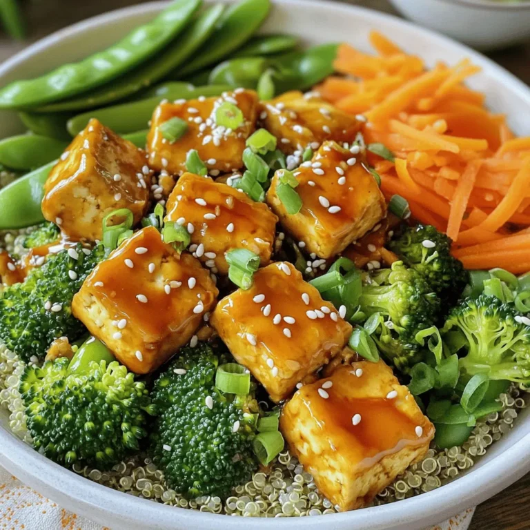 - 1 block firm tofu, pressed and cubed - 1/4 cup teriyaki sauce - 2 cups cooked quinoa - 1 cup broccoli florets - 1 cup julienned carrots - 1 cup snap peas - 1 tablespoon sesame oil - 1 tablespoon olive oil - 2 green onions, sliced - 1 tablespoon sesame seeds - Salt and pepper to taste Tofu is the star of this dish. Firm tofu holds its shape well and absorbs flavors nicely. Pressing it helps remove excess water, making it crispier when baked. Teriyaki sauce adds a sweet and savory flavor. It glazes the tofu, making it tasty. Quinoa serves as a healthy base. It is high in protein and has a nice texture. Fresh vegetables like broccoli, carrots, and snap peas add color and crunch. They provide vitamins and minerals, boosting the dish's nutrition. If you can’t find firm tofu, try using tempeh. It has a nutty flavor and works well in this bowl. For a gluten-free option, look for gluten-free teriyaki sauce or make your own. You can swap quinoa for brown rice or farro for variety. Feel free to change the veggies too! Bell peppers, zucchini, or spinach can work beautifully. Start by preheating your oven to 400°F (200°C). While it warms up, press your tofu to remove extra water. This step helps the tofu become crispier. Cut the tofu into cubes and place them in a mixing bowl. Add 2 tablespoons of teriyaki sauce and toss gently to coat each piece. Spread the tofu on a parchment-lined baking sheet. Make sure the cubes are in a single layer. Bake for 25-30 minutes, flipping halfway through. You want the tofu to turn golden brown and crispy. Next, grab a large skillet and heat 1 tablespoon of sesame oil and 1 tablespoon of olive oil over medium heat. Once hot, add 1 cup of broccoli florets, 1 cup of julienned carrots, and 1 cup of snap peas. Sauté these colorful veggies for about 5-7 minutes. You want them tender but still bright and crisp. Season with salt and pepper to your taste. This step brings out the fresh flavors in your dish. Now it's time to put everything together. In each serving bowl, add a base of 2 cups of cooked quinoa. This gives a hearty foundation. Top the quinoa with the sautéed vegetables. Finally, add the roasted teriyaki tofu on top. Make sure each bowl looks vibrant and inviting. To finish, drizzle the remaining teriyaki sauce over each bowl. This adds extra flavor. Next, sprinkle sliced green onions and sesame seeds on top for a nice crunch. These garnishes elevate your dish and make it look even more delicious! Enjoy your meal warm, and feel free to customize with other veggies that you love. To get the best crispy tofu, start with firm tofu. Press it for at least 15 minutes. This helps remove extra water. Cut the tofu into cubes and toss them in teriyaki sauce. Make sure every piece is coated well. Bake it at 400°F (200°C) for 25-30 minutes. Flip the tofu halfway through cooking. This step ensures even crispiness. Use a large skillet for sautéing. Heat up both sesame and olive oil on medium heat. Add the broccoli, carrots, and snap peas all at once. Keep the heat steady to cook them evenly. Stir often for about 5-7 minutes. You want the veggies to stay bright and crisp. Season them with salt and pepper right before serving. You can add more flavor to your bowls. Try drizzling extra teriyaki sauce on top. A sprinkle of sesame seeds adds a nice crunch. Chopped green onions give a fresh taste. Feel free to mix in other veggies too. Bell peppers or mushrooms work well. Adjust the seasonings to fit your taste. {{image_2}} If you want to switch up the protein in your Teriyaki Tofu Buddha Bowls, you have options. Tempeh is a great choice. It has a nutty flavor and a firm texture. You can also use chickpeas for a different twist. They add protein and fiber. For a non-plant option, try grilled chicken or shrimp. Both will soak up the teriyaki sauce well. Feel free to mix in other vegetables. Bell peppers add sweetness and color. Zucchini slices can bring a nice crunch. Spinach or kale works well too. Just remember to cook them until tender. You can use whatever veggies you like or have on hand. This makes the dish more fun and unique. You can change the flavor of your bowls easily. Want a spicy kick? Add some sriracha or chili flakes. For a fresh taste, toss in lime juice or fresh herbs like cilantro. You can also use different sauces like hoisin or sweet chili sauce. Each change brings a new and exciting flavor. Don't be afraid to experiment! After enjoying your Teriyaki Tofu Buddha Bowls, store any leftovers in an airtight container. Keep them in the fridge for up to three days. This meal retains its flavor well, so you can enjoy it later. Make sure to separate the tofu and veggies from the quinoa to keep everything fresh. To reheat, you can use a microwave or a skillet. If using a microwave, place your Buddha bowl on a microwave-safe dish. Heat it for about 1-2 minutes or until warm. If you prefer a skillet, add a splash of water to prevent sticking. Heat on medium for about 5 minutes, stirring gently. If you want to save your Buddha bowls for later, freezing is a great option. Prepare the bowls, but do not add the teriyaki sauce. Freeze the tofu and vegetables in separate bags. You can freeze the quinoa too. When ready to eat, thaw everything in the fridge overnight. Reheat as described above, then add the sauce before serving. This method keeps the dish fresh and tasty. Yes, you can use other sauces. Try soy sauce, hoisin sauce, or peanut sauce. Each option gives a unique taste. I love using peanut sauce for a creamy twist. Just make sure the sauce matches your flavor goals. Adjust the amount based on your taste. The recipe can be gluten-free. Use gluten-free teriyaki sauce. Also, check the quinoa package for gluten-free labeling. Most quinoa is naturally gluten-free. If you avoid soy, look for tamari as a safe choice. This way, you can enjoy the meal worry-free. You can serve many sides with these bowls. Try avocado slices for creaminess. Edamame adds protein and crunch. A simple cucumber salad gives a fresh bite. You could also serve pickled vegetables for tang. Feel free to mix and match your favorites! This blog post covered making Teriyaki Tofu Buddha Bowls. We discussed key ingredients, their alternatives, and a step-by-step guide. I shared tips for getting crispy tofu and sautéing veggies perfectly. You can also explore variations for proteins and flavors. Lastly, I provided storage and reheating tips to enjoy leftovers. These bowls are healthy, simple, and tasty. Try them in your kitchen to impress friends and family! Enjoy the flavors and make it your own!