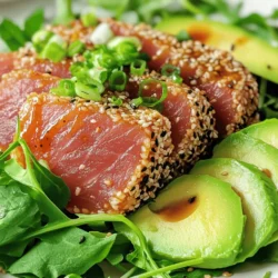 - 2 Ahi tuna steaks (about 6 oz each) - 1/4 cup sesame seeds (mixed black and white) - 1 tablespoon soy sauce - 1 tablespoon sriracha sauce - 1 tablespoon olive oil - 1 teaspoon grated fresh ginger - 1 garlic clove, minced - Salt and pepper to taste Ahi tuna steaks are the star of this dish. They offer a firm texture and rich flavor. Look for bright red steaks at your market. Freshness is key. Sesame seeds add crunch and depth. I prefer a mix of black and white seeds for color and taste. The marinade brings everything together. Soy sauce gives umami, while sriracha adds heat. Olive oil keeps the tuna moist. Fresh ginger and garlic add zest. A dash of salt and pepper rounds it out. This mix enhances the natural taste of the tuna. - 2 green onions, finely sliced (for garnish) - 1 avocado, sliced (for serving) - 2 cups mixed greens (for serving) Garnishes elevate your dish. Green onions add a fresh crunch. They also give a pop of color. Sliced avocado provides creaminess and balances the spice. Mixed greens add a fresh base. Together, these garnishes make your plate look vibrant and appetizing. - In a small bowl, whisk together: - 1 tablespoon soy sauce - 1 tablespoon sriracha sauce - 1 tablespoon olive oil - 1 teaspoon grated fresh ginger - 1 minced garlic clove - A pinch of salt and pepper This marinade adds flavor and spice to your Ahi tuna. After whisking, place the Ahi tuna steaks in a shallow dish. Pour the marinade over the steaks, making sure to coat them well. Let them marinate for about 15 minutes, allowing the flavors to sink in. - Spread 1/4 cup of sesame seeds on a plate. - After marinating, take each tuna steak and press it into the sesame seeds. Make sure to coat both sides of the steaks evenly. This gives the tuna a crunchy texture and enhances its flavor. - Heat a non-stick skillet over medium-high heat. - Add a drizzle of olive oil to the skillet. Once the skillet is hot, place the sesame-crusted tuna steaks in it. Sear the tuna for about 1-2 minutes on each side for rare. If you prefer it cooked more, check for your desired doneness. Avoid overcooking, as this can dry out the tuna. After cooking, remove the tuna from the skillet. Let it rest for a minute before slicing. This helps keep it juicy. How do I avoid overcooking Ahi tuna? To avoid overcooking, watch the time closely. Ahi tuna cooks quickly. Sear it for just 1-2 minutes on each side. For rare, the center should stay pink. Remove it from heat as soon as it looks seared. How do I achieve the ideal sear? To get a great sear, preheat your skillet well. Use medium-high heat for best results. Add a little olive oil to the pan. When the oil shimmers, place the tuna in the skillet. This helps form a nice crust. What are some presentation tips for the dish? Serve the Ahi tuna on a large plate. Arrange the slices in a fan shape. Place avocado slices artfully next to the tuna. Drizzle the leftover marinade over the greens for color and taste. What are good pairing options? Pair this dish with a light salad or rice. Mixed greens add freshness. You might also enjoy it with a tangy slaw. A crisp white wine can enhance the flavors too. {{image_2}} You can boost your Spicy Sesame Crusted Ahi Tuna with different marinades. Try adding honey for sweetness. A splash of lime juice or zest gives a nice citrus kick. You might also like to mix in some chili flakes for extra heat. Think outside the box when serving your tuna. Pair it with jasmine rice or quinoa for a hearty meal. You can also serve it with roasted veggies, like asparagus or bell peppers. For a lighter option, toss together a fresh salad with cucumbers and cherry tomatoes. Enjoy experimenting! To keep your Spicy Sesame Crusted Ahi Tuna fresh, place leftovers in an airtight container. Make sure the container is sealed tight to avoid any odors from your fridge. Store it in the fridge right away. This dish stays good for up to two days. If you wait too long, the tuna can dry out and lose flavor. When reheating Ahi tuna, you want to keep it tender. The best method is to use a skillet. Heat the skillet on low heat. Add a small splash of olive oil to prevent sticking. Place the tuna back in the skillet and warm it for a minute on each side. Avoid the microwave; it can make the tuna tough. Enjoy your meal just as delicious as when it was fresh! Ahi tuna is a type of fish, also known as yellowfin tuna. It has a rich flavor and firm texture. Ahi tuna is high in protein and low in fat. It is a great source of omega-3 fatty acids, which are good for your heart. Eating Ahi tuna can help lower bad cholesterol. It also contains vitamins and minerals like selenium and vitamin B12. This makes Ahi tuna a healthy choice for your meals. Yes, you can use frozen Ahi tuna. It can be a good option if fresh fish is not available. To ensure quality, thaw the fish properly. Place the frozen tuna in the fridge the night before you plan to cook. If you need to thaw it faster, place it in a sealed bag. Then, submerge the bag in cold water for about 30 minutes. Avoid using hot water, as it can cook the fish. Pair your Ahi tuna with fresh and light sides. Here are some great options: - 2 cups mixed greens - Sliced avocado - Steamed rice or quinoa - Grilled vegetables - Cucumber salad These sides complement the rich flavor of the tuna. They add freshness and texture to your dish. Enjoy experimenting with different sides! This post covered how to make Spicy Sesame Crusted Ahi Tuna. We discussed the key ingredients, like fresh tuna and sesame seeds. You learned how to prepare a simple marinade and coat your tuna for perfect flavor. Cooking tips helped ensure a great sear without overcooking. In the end, you can tweak the recipe for your taste and use creative sides. This dish is not only tasty but also healthy. Explore your options, and enjoy every bite!
