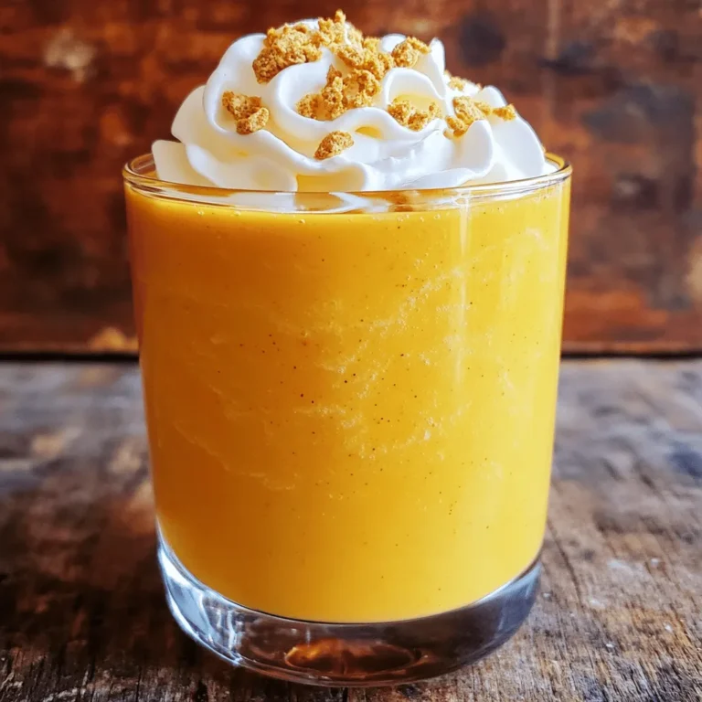 To make the pumpkin spice cheesecake smoothie, you need: - 1 cup pumpkin puree (canned or fresh) - 1 banana, frozen - 1/2 cup Greek yogurt (plain or vanilla) - 1/2 cup almond milk (or your choice of milk) - 2 tablespoons maple syrup (adjust to taste) - 1 teaspoon pumpkin pie spice - 1/2 teaspoon vanilla extract - 1 tablespoon cream cheese (softened) These ingredients blend together to create a rich and creamy treat. You can make your smoothie even better with these toppings: - Whipped cream - Crushed graham crackers These toppings add a nice crunch and extra flavor. If you need to swap any ingredients, here are some ideas: - Use coconut milk instead of almond milk for a different taste. - Plain yogurt can replace Greek yogurt if needed. - Try honey or agave syrup instead of maple syrup for sweetness. - For a dairy-free option, skip the cream cheese or use a dairy-free cream cheese. These swaps keep the smoothie tasty while meeting your needs. 1. Start by gathering all your ingredients. You will need pumpkin puree, a frozen banana, Greek yogurt, almond milk, maple syrup, pumpkin pie spice, vanilla extract, and softened cream cheese. 2. Measure out one cup of pumpkin puree. You can use canned or fresh pumpkin. 3. Peel and slice the frozen banana. A frozen banana adds creaminess to the smoothie. 4. In a bowl, scoop out half a cup of Greek yogurt. You can choose plain or vanilla flavor. 5. Pour half a cup of almond milk into your blender. You can swap it with any milk you like. 6. Add two tablespoons of maple syrup. You can adjust this later to match your taste. 7. Sprinkle in one teaspoon of pumpkin pie spice. This adds that classic fall flavor. 8. Pour in half a teaspoon of vanilla extract for depth in flavor. 9. Finally, add one tablespoon of softened cream cheese for richness. 1. Close the blender lid tightly. This step is very important to avoid spills. 2. Blend on high speed for about 30 seconds. Make sure everything is mixed well. 3. Pause and check the texture. If you see any lumps, blend again until smooth. 4. Taste the smoothie. If it needs more sweetness, add more maple syrup. 5. For a thicker smoothie, toss in a few ice cubes. Blend again until it’s creamy. 1. Pour the smoothie into two serving glasses. This recipe makes about two servings. 2. Top each glass with whipped cream for a fun treat. 3. Sprinkle crushed graham crackers on top for added crunch. 4. Serve immediately for the best flavor and texture. Enjoy your delicious pumpkin spice cheesecake smoothie! To get that rich and creamy texture, start by using a frozen banana. It makes your smoothie thick and smooth. If it feels too thin, add a few ice cubes. Blend again until it reaches your desired thickness. You can also use Greek yogurt to make it extra creamy. Keep blending until there are no lumps. This ensures a smooth sip every time. Pumpkin pie spice is key to that cozy flavor. You can add a little more if you love spice. If you want extra sweetness, drizzle in more maple syrup. For a fresh twist, try adding a pinch of nutmeg or cinnamon. Those spices will deepen the flavor. You can also swap almond milk for coconut milk for a different taste. One mistake is over-blending the mixture. Blend just until smooth to avoid a watery texture. Also, don't skip the cream cheese. It adds a delightful richness that balances out the pumpkin. Lastly, taste your smoothie before pouring. Adjust the sweetness to your liking. This way, you’ll enjoy a perfect blend every time. {{image_2}} For a dairy-free pumpkin spice cheesecake smoothie, swap Greek yogurt and cream cheese with dairy-free alternatives. You can use coconut yogurt or cashew cream. These options give a rich taste. Use the same amount as the original dairy ingredients. Almond milk works well, but you can use oat or soy milk too. This keeps the flavors creamy and delicious. Want to boost protein in your smoothie? Add a scoop of your favorite protein powder. You can also use silken tofu for a plant-based option. Both choices blend smoothly and increase nutrition. If you prefer a natural route, add more Greek yogurt. Just remember, this might change the texture a bit. Change the flavors based on the season! In fall, add a touch of cinnamon or nutmeg for extra warmth. In spring, try adding fresh berries for a fruity twist. During summer, consider adding a handful of spinach for a green boost. Each change keeps the smoothie fresh and fun while staying true to that pumpkin spice essence. You can store your Pumpkin Spice Cheesecake Smoothie in the fridge. Use an airtight container. It stays fresh for up to two days. Before you drink it, give it a good shake. This helps mix any ingredients that may separate. If you want to keep it longer, freeze the smoothie. Pour it into a freezer-safe container. Leave some space at the top for expansion. It can last for up to three months in the freezer. When you are ready to enjoy it, thaw it overnight in the fridge. Reheating a smoothie is not common. Instead, if it’s too thick after freezing, blend it again. Add a splash of milk to get the right consistency. This will bring it back to creamy perfection. Yes, you can use fresh pumpkin. Cook and puree it first. This gives a fresh taste. Canned pumpkin is easier and saves time. Both options work well in the recipe. To make this smoothie vegan, swap Greek yogurt for coconut yogurt. Use almond milk or oat milk. Replace cream cheese with vegan cream cheese. You can still enjoy the rich flavor! If you have leftovers, store them in a sealed container. Keep it in the fridge for up to two days. You can also freeze the smoothie in ice cube trays. Blend the frozen cubes later for a quick treat! In this blog post, we explored how to make a delicious smoothie. We covered ingredients, optional toppings, and substitutions. You learned step-by-step instructions for preparation and blending. Tips helped you avoid common mistakes and perfect the consistency. Variations included dairy-free options and adding protein. We also shared storage tips for refrigerating, freezing, and reheating your smoothie. Smoothies can be fun and easy to make. Now, you can enjoy healthy drinks more often. Remember to get creative with flavors and have fun!