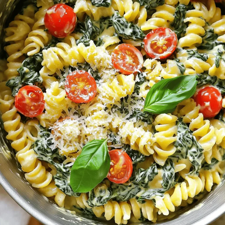 To make One-Pot Creamy Spinach Ricotta Pasta, gather these fresh ingredients. They bring flavor and texture to the dish. - 12 oz (340g) pasta of your choice (fusilli or penne work well) - 2 cups fresh spinach, roughly chopped - 1 cup ricotta cheese - 1 cup vegetable broth - 1/2 cup heavy cream - 1 cup cherry tomatoes, halved - 2 cloves garlic, minced - 1 tablespoon olive oil - 1/2 teaspoon red pepper flakes (optional) - Salt and pepper to taste - Grated Parmesan cheese for serving - Fresh basil leaves for garnish Each ingredient plays a key role. The pasta serves as the base, while the ricotta adds creaminess. Fresh spinach provides color and nutrition. Cherry tomatoes bring a burst of sweetness. The garlic adds depth, and the vegetable broth keeps it moist. Olive oil enhances flavor, and red pepper flakes give a little kick. Finally, Parmesan and basil finish the dish beautifully. First, grab a large pot and heat 1 tablespoon of olive oil over medium heat. Once the oil is hot, add 2 cloves of minced garlic. Sauté the garlic for about 1 minute until it smells great. Be careful not to let it burn! Next, add 1 cup of halved cherry tomatoes. Cook them for about 3-4 minutes. You want them to soften and start to release their juices. This step adds a nice depth of flavor to the dish. Now, pour in 1 cup of vegetable broth and bring it to a gentle boil. This broth will give your pasta a rich taste. Once it’s boiling, add 12 ounces of your favorite pasta, like fusilli or penne. Give it a good stir to coat the pasta in the broth. Reduce the heat to low, cover the pot, and cook the pasta for about 10-12 minutes. Stir occasionally to stop it from sticking. You want the pasta to be al dente, meaning it should still have a slight bite to it. After the pasta is cooked, lower the heat to the lowest setting. Now it's time to make it creamy! Stir in 1 cup of ricotta cheese, 1/2 cup of heavy cream, and 2 cups of roughly chopped spinach. If you like a little heat, add 1/2 teaspoon of red pepper flakes. Mix everything until the cheese melts and the spinach wilts. Season with salt and pepper to taste. Let the dish sit for a couple of minutes to thicken slightly. This step makes your pasta even creamier and more delicious! To keep pasta from sticking together, stir it often while cooking. A splash of olive oil in the water helps too. This little trick prevents clumping. For a creamy consistency, add the ricotta cheese and heavy cream at the end. Use low heat for melting, and mix well. Letting it sit for a couple of minutes also helps thicken the sauce. Serve your pasta in deep bowls for a warm look. Top with a generous amount of grated Parmesan cheese. Add fresh basil leaves for a pop of color and aroma. Drizzling olive oil on top adds extra flavor and richness, making each bite delightful. To spice things up, try adding a pinch of nutmeg or a dash of Italian herbs. These will brighten the dish's flavors. You can also add a squeeze of lemon juice for a fresh taste. For side dishes, consider a crisp salad or garlic bread. They pair well and balance the meal's creaminess. Adding some roasted vegetables can also enhance the meal with more textures and flavors. {{image_2}} Gluten-Free Pasta Options If you need gluten-free pasta, choose brown rice or chickpea pasta. They work well in this dish. Just cook them according to the package. This keeps the dish tasty and safe for gluten-free diets. Dairy-Free Alternatives for Ricotta and Cream You can use almond or cashew cream instead of heavy cream. For ricotta, try a plant-based version. Look for brands that use tofu or nuts. These swaps keep the dish creamy while catering to dairy-free diets. Replacing Spinach with Other Greens While spinach shines in this dish, kale is a great swap. It adds a hearty texture and flavor. Just chop it finely and toss it in at the same time as spinach. Other options include Swiss chard or arugula for a peppery kick. Using Different Types of Cheese for Variation You can mix it up by using goat cheese or feta. These cheeses add a tangy flavor. If you want a sharper taste, try aged cheddar. Each cheese gives the dish a new twist, so feel free to experiment. Adding Protein If you want to make this dish more filling, add chicken or shrimp. Cook the protein separately and mix it in at the end. This adds a nice texture and boosts the protein. Incorporating Other Vegetables You can add bell peppers or zucchini for more color and flavor. Just chop them up and sauté them with the tomatoes. This makes the dish more colorful and nutritious. Enjoy the rich flavors and varied textures! To store leftovers, let the pasta cool down first. Place it in an airtight container. This keeps the pasta fresh. You can store it in the fridge for up to three days. If it lasts that long, it’s a miracle! Just remember to reheat it gently. This will help keep it creamy and tasty. You can freeze this dish if you want to save it for later. Make sure it cools completely. Place the pasta in a freezer-safe container. It can stay in the freezer for up to three months. To thaw, move it to the fridge overnight. For reheating, warm it on the stove over low heat. Add a splash of milk or cream to keep it creamy. Stir it well to mix everything together. Enjoy your creamy pasta even after freezing! Making One-Pot Creamy Spinach Ricotta Pasta is quick. It takes about 10 minutes to prep and 25 minutes to cook. So, in just 35 minutes, you can have a warm meal ready to enjoy. Yes, you can make this dish in advance. Cook the pasta and mix in all the ingredients. Then, let it cool before storing it in the fridge. You can reheat it on the stove or in the microwave. Just add a splash of broth to help it stay creamy. If you need a substitute for ricotta cheese, try cottage cheese or cream cheese. Mascarpone also works well for a rich taste. You can blend any of these options to get a creamy texture. This blog post detailed how to make a delicious One-Pot Creamy Spinach Ricotta Pasta. You learned about the key ingredients, step-by-step instructions, and helpful tips for success. Experiment with variations for dietary needs or personal taste. Store leftovers properly to keep them fresh. With these steps, you can create a creamy, flavorful dish that impresses everyone. Enjoy the process and make it your own!