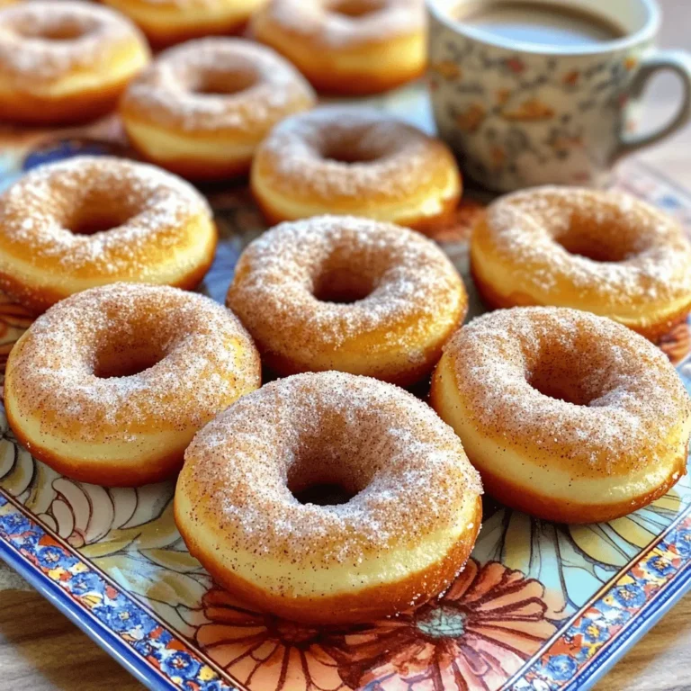 Here’s what you need for the Bakery-Style Cinnamon Sugar Coffee Cake Donuts. Gather these ingredients first, and let’s get started on this tasty treat! - 2 cups all-purpose flour - 1 cup granulated sugar - 1 tablespoon baking powder - 1 teaspoon baking soda - 1/2 teaspoon salt - 1 teaspoon ground cinnamon - 1/2 cup unsalted butter, melted - 1 cup buttermilk (or homemade version with milk + vinegar) - 2 large eggs - 1 teaspoon vanilla extract - 1/2 cup brown sugar, packed - 1 tablespoon cinnamon (for topping) - 1/4 cup granulated sugar (for topping) - Optional: 1/2 cup chopped nuts (pecans or walnuts) Each ingredient plays a key role in creating tasty donuts. The flour gives it structure, while the sugar adds sweetness. Baking powder and baking soda help them rise. Cinnamon gives that warm, cozy flavor we love. Using buttermilk keeps the donuts moist and tender. The melted butter adds richness, and eggs bind everything together. For the topping, cinnamon and sugar create a delightful crunch and flavor. Add nuts for extra texture if you like. Make sure you have everything ready before you start. It makes the process smooth and fun! - Preheat the oven to 350°F (175°C). - Grease the donut pan. - In a large bowl, combine the dry ingredients: flour, sugar, baking powder, baking soda, salt, and cinnamon. - In another bowl, whisk the wet ingredients: melted butter, buttermilk, eggs, and vanilla extract. - Gradually mix the wet and dry ingredients together. Stir gently until just combined. Small lumps are okay. If you want nuts, fold them in now. - Use a piping bag or a spoon to fill each donut cavity about 3/4 full with batter. - Bake the donuts for 12-15 minutes. They should be golden brown. Check doneness with a toothpick; it should come out clean. These steps will help you create soft, fluffy coffee cake donuts that are perfect for any time of day. Enjoy the process and get ready for delicious treats! To make the best donuts, avoid overmixing the batter. Overmixing can make your donuts tough. Mix just until the wet and dry ingredients combine. Small lumps are okay. This keeps them light and fluffy. For even baking, fill each donut cavity about three-quarters full. This helps them cook evenly. Rotate the pan halfway through baking. This ensures all donuts bake at the same time. Keep an eye on them. Donuts are done when they are golden brown and a toothpick comes out clean. These donuts pair perfectly with a hot cup of coffee. The warm spices enhance the drink's flavor. You can also serve them with a side of fresh fruit. Consider berries for a sweet contrast. For presentation, arrange the donuts on a bright platter. Dust them with more cinnamon sugar to make them pop. You can drizzle a simple glaze made from powdered sugar and milk on top. This adds a nice touch. Enjoy the beautiful look and delicious taste together! {{image_2}} You can make these donuts even more fun by adding chocolate chips. Mix in 1/2 cup of semi-sweet chocolate chips when you combine the wet and dry ingredients. The melted chocolate adds a rich touch that pairs well with cinnamon. You can also play with spices. Try adding nutmeg or cardamom for a unique flavor. Just a pinch can change the whole taste. Experiment with what you like best! If you need a gluten-free option, use a gluten-free flour blend. This works well in the recipe without changing the taste too much. Just make sure the blend has a good binding agent. For vegan substitutions, replace the eggs with flax eggs. Mix 1 tablespoon of flaxseed meal with 2.5 tablespoons of water for each egg. Use almond milk or soy milk instead of buttermilk. This way, you can enjoy the donuts while keeping them plant-based. To keep your donuts fresh, store them in an airtight container. This helps prevent them from drying out. If you have extra, you can freeze them for later. Wrap each donut in plastic wrap, then place them in a freezer bag. They can last up to three months if frozen. When you're ready to eat, just thaw them at room temperature. To reheat your donuts, you can use the oven or microwave. For the oven, preheat it to 350°F (175°C). Place the donuts on a baking sheet for about 5-7 minutes. This method keeps the texture nice. If you use the microwave, heat them for about 10-15 seconds. Be careful not to overheat, as that can make them tough. Enjoy your warm, tasty donuts! Can I use regular milk instead of buttermilk? Yes, you can use regular milk. To mimic buttermilk, add one tablespoon of vinegar to one cup of milk. Let it sit for about five minutes. This will create a nice tangy flavor, just like buttermilk. How do I know when the donuts are done baking? Donuts are done when they turn golden brown. You can check with a toothpick. If it comes out clean, the donuts are ready. Keep an eye on them as they bake. Overbaking can make them dry. Can I make this recipe ahead of time? Yes, you can prepare the batter the night before. Just keep it in the fridge. When you're ready, fill the pan and bake. This saves time and gives you fresh donuts in the morning! In this post, we covered everything you need for tasty donuts. We listed all the ingredients and provided step-by-step baking instructions. You learned helpful tips for perfecting your donuts and explored fun variations. Donut storage and reheating methods were also shared. Now, it's time for you to make these donuts your own. Enjoy the process and savor each bite. Happy baking!