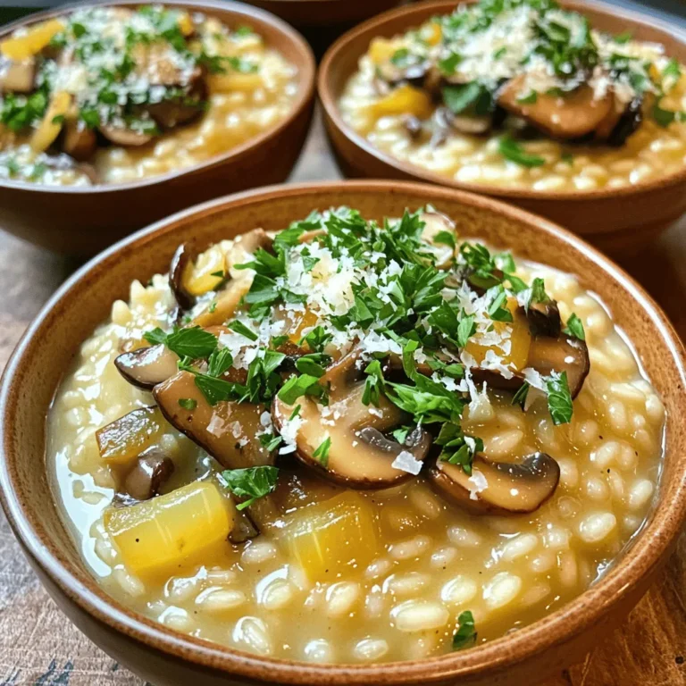 To make a creamy mushroom risotto, you will need: - 1 cup Arborio rice - 4 cups vegetable broth - 2 tablespoons olive oil - 1 small onion, finely chopped - 2 cloves garlic, minced - 8 oz mixed mushrooms (cremini, shiitake, etc.), sliced - 1/2 cup grated Parmesan cheese - 1/4 cup heavy cream - 2 tablespoons chopped fresh parsley - Salt and black pepper to taste Using fresh ingredients is key to great flavor. Fresh mushrooms add depth and earthiness. A good vegetable broth will enhance the taste of the dish. Fresh parsley brings color and brightness. The quality of Parmesan cheese makes a big difference in creaminess. All these factors help create a rich and satisfying risotto. If you have dietary needs, you can make swaps. For a vegan risotto, use plant-based cheese and cream. Instead of Arborio rice, you can try quinoa for a gluten-free option. If you want less fat, leave out the heavy cream. You can also use low-sodium broth for a healthier choice. These changes keep the dish delicious while meeting your needs. Start with your broth. Pour 4 cups of vegetable broth into a medium saucepan. Heat it over low heat. Keep it warm, but do not let it boil. This step is key. Warm broth helps the rice cook evenly. Next, grab a large skillet. Heat 2 tablespoons of olive oil over medium heat. Add 1 small, finely chopped onion. Sauté it for 3-4 minutes. You want it to turn translucent. Then, add 2 minced garlic cloves and 8 ounces of sliced mixed mushrooms. Cook this mixture for 5-7 minutes. Stir often until the mushrooms soften and release their moisture. This blend of flavors is essential for your risotto. Now it’s time for the rice. Add 1 cup of Arborio rice to the skillet. Stir it for 1-2 minutes. Let it toast slightly and soak up the flavors. Then, begin adding your warm vegetable broth. Use one ladle at a time. Stir continuously. Wait until most of the liquid is absorbed before adding more. Repeat this for about 20-25 minutes. You want the rice to be creamy and al dente. Once done, lower the heat. Stir in 1/2 cup of grated Parmesan cheese and 1/4 cup of heavy cream. Mix until it’s creamy and smooth. Season with salt and black pepper to taste. Finally, fold in 2 tablespoons of chopped fresh parsley for a pop of color and flavor. To make your risotto creamy, use Arborio rice. This rice has extra starch. When you stir, it releases this starch. Keep adding broth slowly to help the rice absorb moisture. Stirring is key! It helps the rice cook evenly and stay creamy. Mixing in heavy cream and Parmesan cheese at the end gives a nice finish. Start with warm broth. This helps the rice cook faster. Use a wide, shallow pan to spread the rice. This exposes more rice to heat. Sauté onions and mushrooms first to build flavor. Add the rice next, letting it toast a bit. Then, add one ladle of broth at a time. Wait until it's almost gone before adding more. Don’t rush the process. Adding too much broth at once can make the rice soggy. Avoid cooking on high heat; it can burn the rice. If you skip stirring, the rice may stick to the pan. Lastly, don’t forget to taste as you go! Adjust salt and pepper to your liking. {{image_2}} You can boost your risotto with proteins. Chicken is a great choice. Cook diced chicken in the skillet before adding onions. Shrimp also works well. Sauté shrimp until pink, then add mushrooms. This adds flavor and makes your dish heartier. Herbs and spices can change the flavor of your risotto. Try adding fresh thyme or rosemary for a fragrant touch. You may also sprinkle in some red pepper flakes for heat. A hint of lemon zest can brighten the dish. These additions make each bite exciting and unique. Mushrooms are key to risotto. Use a mix of mushrooms for depth. Cremini and shiitake are perfect together. You can also try portobello for a meaty texture. Mixing different mushrooms brings out diverse flavors. Experimenting will make your risotto special every time. To keep your creamy mushroom risotto fresh, store it in an airtight container. Let it cool to room temperature first. This helps avoid excess moisture. Place it in the fridge if you plan to eat it within three days. For longer storage, consider freezing it. When reheating risotto, add a splash of broth or water. This keeps it creamy and prevents it from drying out. Heat it on the stove over low heat. Stir often to ensure even warmth. You can also use the microwave. Just cover it loosely with a lid and stir halfway through. To freeze risotto, portion it into smaller containers. Allow it to cool completely. Seal each container tightly to prevent freezer burn. It can last up to three months in the freezer. When ready to use, thaw it overnight in the fridge. Reheat as mentioned above for the best texture. Arborio rice is a short-grain rice. It comes from Italy and is perfect for risotto. This rice has a high starch content. This starch makes the risotto creamy. Arborio rice absorbs flavors well, adding a rich taste to your dish. You can find it in most grocery stores or online. You know risotto is done when the rice is creamy and al dente. The rice should be tender but still firm to the bite. You can taste it to check the texture. If it feels too hard, cook it a bit longer. The risotto should flow slowly when you stir it. Yes, you can make risotto without Parmesan cheese. You can use nutritional yeast for a cheesy flavor. Another option is to add other cheeses like goat cheese or cheddar. You can also skip cheese and use more cream for richness. If your risotto is too watery, cook it a bit longer. Keep the heat on low and stir often. This will help absorb the extra liquid. You can also add a bit more rice to thicken it. Be careful not to overcook the rice in this case. This blog post explored the key ingredients, step-by-step instructions, and useful tips for making risotto. We discussed the importance of fresh ingredients and substitutions for dietary needs. I shared techniques to achieve that creamy texture and common mistakes to avoid. You can also try different proteins and herbs for tasty variations. Lastly, I provided storage tips to keep your dish fresh. Enjoy making risotto your way! With practice, you'll master it and delight everyone at your table.