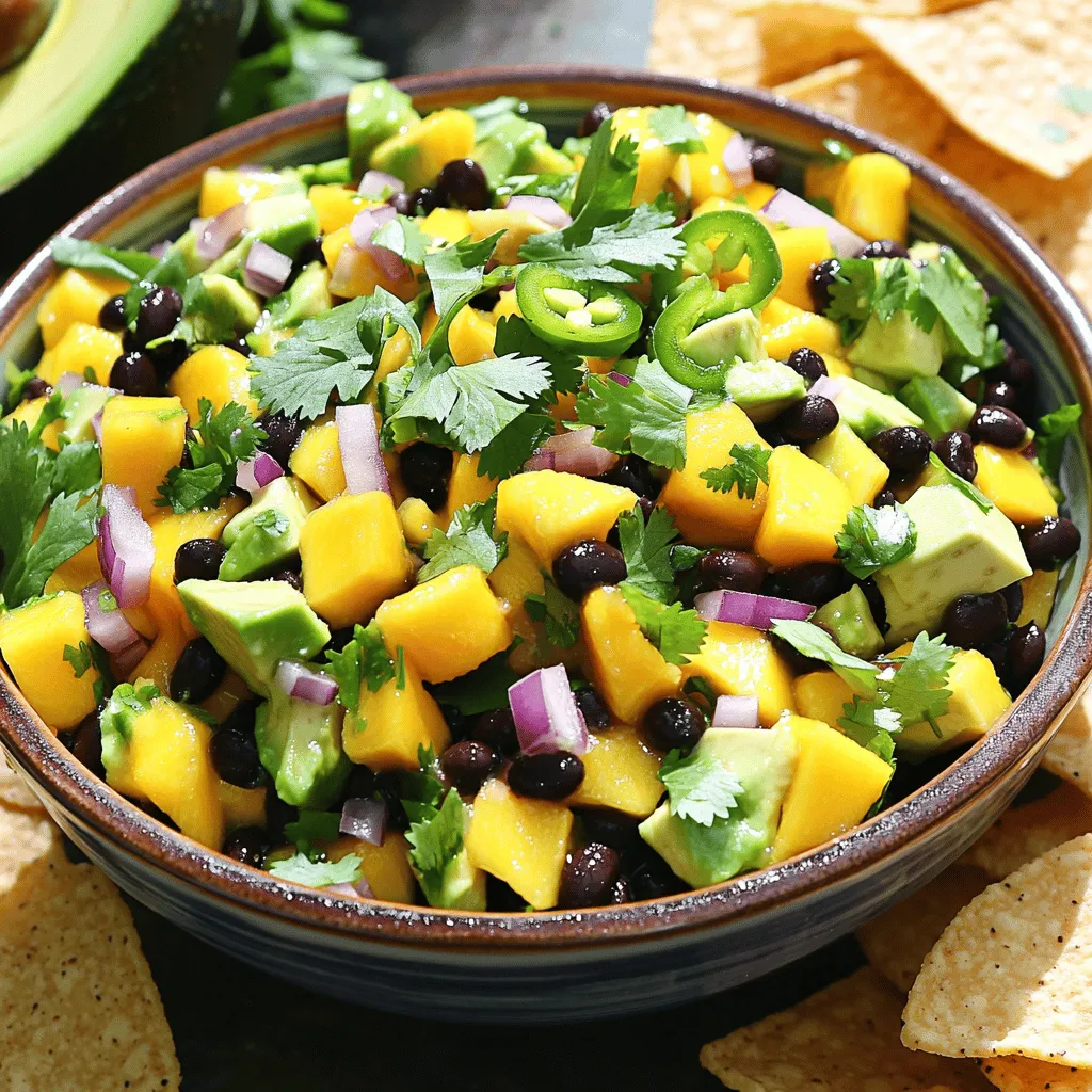 To make Mango Avocado Black Bean Salsa, gather these fresh ingredients: - 1 ripe mango, diced - 1 ripe avocado, diced - 1 cup canned black beans, rinsed and drained - 1/2 red onion, finely chopped - 1 jalapeño, deseeded and minced - 1/4 cup fresh cilantro, chopped - Juice of 2 limes - 1 tablespoon olive oil - Salt and pepper to taste When measuring ingredients, use a sharp knife for clean cuts. This helps keep the mango and avocado chunks intact. A dry measuring cup works well for the black beans. Rinse them under cool water to remove excess salt and preserve their taste. For lime juice, use a juicer to get the most juice possible. Always taste as you go to find the right balance of flavors. If you can't find ripe mango or avocado, you can use frozen versions. They work well too. For a different flavor, substitute the jalapeño with a mild green bell pepper. If you want extra crunch, add in diced cucumber. For a zesty twist, use lemon juice instead of lime juice. Each change offers a unique twist to this fresh salsa. To start, gather your fresh ingredients. You need one ripe mango and one ripe avocado. Dice both fruits into small pieces. Be gentle with the avocado to keep its shape. Next, take a cup of canned black beans. Rinse them under cold water and drain well. Chop half a red onion finely. For some heat, take one jalapeño, deseed it, and mince it. Lastly, chop a quarter cup of fresh cilantro. In a large mixing bowl, combine the diced mango and avocado. Add the rinsed black beans, chopped red onion, and minced jalapeño to this bowl. Gently fold in the chopped cilantro. This step is key to keeping the ingredients intact. In a small bowl, whisk together the juice of two limes and one tablespoon of olive oil. Pour this dressing over the salsa mixture. Season with salt and pepper to taste. Mix gently until everything is well-combined. Let your salsa sit for about ten minutes before serving. This wait helps the flavors blend nicely. For a finishing touch, serve it in a colorful bowl. Add tortilla chips on the side for dipping. You can also garnish with a sprig of cilantro for a beautiful look. To pick a ripe mango, look for a fruit that feels slightly soft. It should have a sweet smell near the stem. The skin color can vary, but a rich golden hue is a good sign. For avocado, choose one that gives a little when you press it gently. It should be dark green or black, depending on the type. Avoid any that feel too mushy or have dark spots. Store your salsa in an airtight container in the fridge. This helps keep it fresh and tasty. Use it within 2-3 days for the best flavor. If you have leftover mango or avocado, keep them separate. This stops them from browning too fast. You can add lime juice to slow browning if needed. Serve your mango avocado black bean salsa with tortilla chips for a crunchy treat. It also pairs well with grilled chicken or fish. You can use it as a topping for tacos to add fresh flavors. For a fun twist, try it on a salad or as a filling for wraps. Enjoy the burst of flavors! {{image_2}} You can boost the protein in mango avocado black bean salsa easily. Try adding diced grilled chicken or shrimp. Both pair well with the flavors. You can also mix in crumbled feta cheese for a tangy twist. Each option adds texture and taste. They make this dish even more filling. If you like heat, add more jalapeño or a pinch of cayenne. You can also use serrano peppers for extra spice. For a smoky flavor, try a dash of chipotle powder. Adjust the spice level to suit your taste. This salsa can be as mild or hot as you want. This salsa is fun to serve in different ways. Use it as a topping for tacos or grilled fish. You can also serve it on a bed of greens for a fresh salad. Another idea is to spoon it over baked potatoes. Each option brings new life to this dish. To keep your mango avocado black bean salsa fresh, use an airtight container. Glass or plastic containers work well. Make sure to press down on the salsa to remove air pockets. This step helps prevent browning, especially for the avocado. Store it in the fridge right away. When stored correctly, this salsa lasts about 2 to 3 days in the fridge. The flavors blend and get better over time, but the avocado may brown. If you notice browning, don’t worry; it’s still safe to eat. Just give it a stir to mix the ingredients again. You can freeze the salsa, but the texture will change. Avocado does not freeze well. If you decide to freeze it, leave out the avocado. Store the rest in a freezer-safe bag or container. It can last up to 3 months in the freezer. When ready, thaw it in the fridge overnight before serving. If you want, add fresh avocado before serving to keep that creamy taste. Yes, you can make this salsa ahead of time. I suggest making it a few hours before your meal. This gives the flavors time to blend. Just remember to keep it in the fridge. If you plan to make it a day in advance, add the avocado later. This keeps the avocado from turning brown. You can serve this salsa with many tasty options. It goes great with tortilla chips. You can also use it as a topping for grilled chicken or fish. Some people love it in tacos or on top of a salad. The fresh flavors make it perfect for any meal. This salsa stays fresh in the fridge for about 2-3 days. Store it in an airtight container. After that, the avocado may brown and lose its taste. Always check the smell and look before eating. If it looks off, it’s best to toss it. This blog post covered how to make a tasty mango avocado black bean salsa. We discussed ingredients, tips, and step-by-step instructions. You learned about ingredient substitutions and how to choose ripe fruits. I shared storage tips and serving ideas to keep your salsa fresh and delicious. Finally, I provided answers to common questions. Salsa can be simple and fun to make. Use these tips to enjoy your salsa in many ways. Happy cooking!