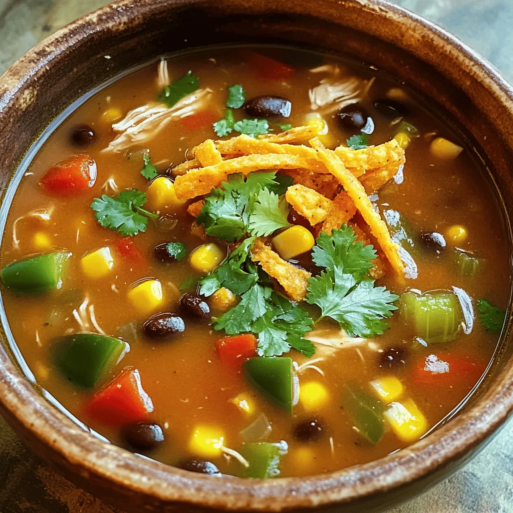 To make Instant Pot Chicken Tortilla Soup, gather these simple items: - 1 lb boneless, skinless chicken breasts - 1 tablespoon olive oil - 1 medium onion, chopped - 2 cloves garlic, minced - 1 red bell pepper, diced - 1 green bell pepper, diced - 1 can (14.5 oz) diced tomatoes, with juices - 1 can (15 oz) black beans, drained and rinsed - 1 can (15 oz) corn, drained - 4 cups chicken broth - 1 tablespoon chili powder - 1 teaspoon cumin - 1 teaspoon smoked paprika - Salt and pepper to taste - Juice of 1 lime - Fresh cilantro, for garnish - Tortilla strips, for serving You can easily swap some ingredients for others if you need to: - Chicken: Use cooked shredded rotisserie chicken for a quick option. - Beans: Swap black beans with pinto beans or even kidney beans. - Peppers: If you don't have red or green peppers, use any color you like. - Broth: Vegetable broth works well if you want a lighter soup. - Lime: Lemon juice can replace lime juice for a different zing. This soup is both tasty and healthy. Here’s a quick look at what’s inside one serving: - Calories: Approximately 300 calories - Protein: 35g - Carbohydrates: 30g - Fat: 8g - Fiber: 10g - Sugars: 3g This soup offers a good balance of protein and fiber. It’s a great choice for a hearty meal. Start by turning on your Instant Pot. Select the 'Sauté' setting. Pour in one tablespoon of olive oil. Next, add one medium chopped onion and two minced garlic cloves. Sauté them for 2-3 minutes. You want the onion to look clear. This step builds a strong base for your soup. Now, it’s time to add the colorful veggies. Stir in one diced red bell pepper and one diced green bell pepper. Sauté these for another 2 minutes. Then, layer in one pound of boneless, skinless chicken breasts. Add one can of diced tomatoes, one can of black beans, and one can of corn. Pour in four cups of chicken broth. Sprinkle in one tablespoon of chili powder, one teaspoon of cumin, and one teaspoon of smoked paprika. Season with salt and pepper. Make sure the chicken is fully covered by the liquid. Close the lid on your Instant Pot. Make sure the valve is set to 'Sealing.' Choose the 'Manual' setting. Set the timer for 10 minutes. This is where the magic happens. The pot will build pressure and cook the soup quickly. When the timer goes off, it’s time to let the pressure out. Allow the pot to naturally release pressure for 10 minutes. After that, carefully quick release any remaining pressure. Open the lid and take out the chicken breasts. Use two forks to shred the chicken into bite-sized pieces. Return the shredded chicken to the pot. Add the juice of one lime to the soup. This gives it a fresh, zesty flavor. Taste and adjust the seasoning if needed. Now, ladle the soup into bowls. Top with fresh cilantro and crunchy tortilla strips. Enjoy your hearty and flavorful Instant Pot Chicken Tortilla Soup! Using an Instant Pot can be a game-changer for busy cooks. Here are some best practices: - Layer your ingredients: Always add the liquid first. This helps the pot reach pressure. - Sauté before pressure cooking: Sautéing the onions and garlic adds depth to the soup's flavor. - Seal properly: Ensure the lid is locked and the valve is set to 'Sealing' before cooking. Even experienced cooks can make mistakes. Here are some common ones to watch out for: - Not enough liquid: If there isn’t enough liquid, the pot won’t reach pressure. This leads to undercooked food. - Skipping the natural release: Allowing the pot to release pressure naturally helps flavors meld better. - Overfilling the pot: Do not fill the pot beyond the max line. This can lead to spills and burns. To make your chicken tortilla soup burst with flavor, try these tips: - Add fresh herbs: Fresh cilantro adds brightness. Stir it in just before serving. - Use fresh lime juice: Fresh lime juice brightens the soup and balances the spices. - Experiment with spices: Adjusting chili powder or adding cayenne can customize the heat level. These tips will help you make the best Instant Pot chicken tortilla soup. Enjoy the process and the delicious results! {{image_2}} To make a vegetarian version, skip the chicken. Instead, use more beans for protein. You can add: - 1 can (15 oz) chickpeas, drained and rinsed - 1 can (15 oz) kidney beans, drained and rinsed - Extra diced bell peppers or zucchini These swaps keep the soup hearty and tasty. Want some heat? Add extra chili powder or diced jalapeños. Try this: - Use 2 tablespoons of chili powder. - Toss in 1-2 fresh jalapeños, sliced. You will feel the spice in every spoonful! Add more veggies for color and nutrients. Here are some great choices: - 1 cup of corn - 1 cup of diced carrots - 1 cup of chopped spinach These options boost flavor and make the soup even healthier! You can store leftover chicken tortilla soup in an airtight container. Allow it to cool down first. Place it in the fridge for up to three days. Make sure to keep the soup covered to maintain its flavor. To reheat, pour the soup into a pot on the stove. Heat it over medium heat, stirring often. You can also use the microwave. Just place it in a microwave-safe bowl. Heat in short bursts, stirring in between until hot. If you want to freeze the soup, let it cool before storing. Use freezer-safe containers, leaving some space at the top for expansion. The soup can last up to three months in the freezer. To thaw, place it in the fridge overnight before reheating. Yes, you can use frozen chicken. Just add a few extra minutes to the cooking time. The Instant Pot cooks it well, even from frozen. This option makes it super easy for busy days. If you want to skip thawing, this is a great choice. The soup lasts about 3 to 4 days in the fridge. Make sure to store it in an airtight container. When you’re ready to eat it, just reheat on the stove or in the microwave. You can serve the soup with many delicious sides. Try corn tortillas or tortilla chips for crunch. You can also add avocado slices, cheese, or sour cream for extra flavor. Fresh lime and cilantro enhance the taste, too! Yes, you can easily customize this soup. If you have a bean allergy, swap them for more veggies. You can also choose low-sodium broth if you need to limit salt. Always check the labels of canned ingredients for allergens. This soup can fit many diets! This blog covered tasty chicken tortilla soup from ingredients to storage tips. You learned about key ingredients and easy swaps. I shared step-by-step cooking instructions and helpful tips. I provided variations like vegetarian and spicy options. You found answers to common questions, helping you feel confident. Now, you have all the tools to make this delicious soup your way. Enjoy experimenting and savoring every bite!