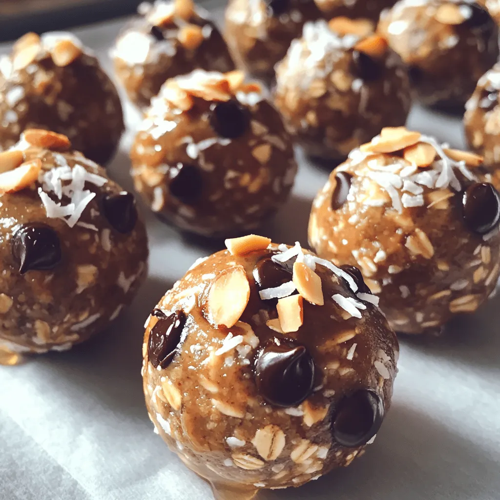 - 1 cup almond butter - 1 cup rolled oats - ½ cup shredded coconut (unsweetened) - ½ cup honey or maple syrup - ¼ cup dark chocolate chips - ½ cup chopped almonds - ¼ teaspoon salt - 1 teaspoon vanilla extract The main star in this recipe is almond butter. It adds creaminess and healthy fats. Rolled oats provide a great base and give texture. Shredded coconut brings a nice chew and tropical flavor. You can use honey or maple syrup for sweetness. Dark chocolate chips add a touch of indulgence. Chopped almonds give a nice crunch and extra protein. A pinch of salt balances the sweetness. Lastly, vanilla extract rounds out the flavors perfectly. - Calories per serving: About 120 - Protein: 4g - Fat: 7g - Carbohydrates: 12g Each energy ball is packed with nutrients. Almond butter and almonds provide healthy fats and protein. Rolled oats offer fiber, which keeps you full. Coconut brings antioxidants. Dark chocolate chips contain flavonoids that are good for your heart. Using honey or maple syrup gives you quick energy. All these ingredients make this snack not only tasty but also healthy. These energy balls are great for on-the-go snacking. They satisfy your sweet tooth without the guilt. Enjoy making them and feel good about what you eat! - Mixing wet ingredients: Start by taking a large mixing bowl. Add 1 cup of almond butter, ½ cup of honey or maple syrup, and 1 teaspoon of vanilla extract. Mix these until they become smooth and creamy. This step makes the base for your energy balls. - Combining dry ingredients: Next, add 1 cup of rolled oats, ½ cup of shredded coconut, ½ cup of chopped almonds, ¼ cup of dark chocolate chips, and ¼ teaspoon of salt to the bowl. Stir everything together. Make sure all the dry ingredients mix well with the wet ones. This creates a tasty blend. - Forming the energy balls: Now, use your hands to scoop out about 1 tablespoon of the mixture. Roll it into a ball shape. Repeat until you form all the mixture into balls. You should get 12 to 15 energy balls. Place them on a baking sheet lined with parchment paper. - Refrigeration process: Put the baking sheet with energy balls in the fridge. Let them chill for at least 30 minutes. This helps the balls firm up nicely. - Ways to serve and enjoy: After chilling, you can serve these energy balls as a quick snack. They are great for breakfast or a pick-me-up during the day. You can also store them in an airtight container in the fridge for up to a week. If you want to keep them longer, freeze them. Enjoy these tasty bites anytime! - Overmixing or undermixing: Mixing too much or too little can change the texture. Aim for a smooth, even blend. If you overmix, the balls may become tough. If you undermix, they won’t hold together well. - Choosing the right consistency: Look for a sticky but firm mixture. It should easily form into balls. If it's too dry, add a splash of maple syrup or almond butter. If too wet, toss in more oats. - Ingredient substitutions: You can swap almond butter for peanut butter if you like. Use rolled quinoa instead of oats for a crunchy twist. - Adding extras like chia seeds or protein powder: Toss in a tablespoon of chia seeds for extra fiber. A scoop of protein powder boosts the protein content, making these a great post-workout snack. {{image_2}} You can change up the taste of your Almond Joy Energy Balls easily. Try adding different nuts like cashews or hazelnuts for a new twist. For a fun Almond Joy-inspired variation, mix in some almond extract. This will boost that nutty flavor. You can also swap shredded coconut for finely chopped dried fruit. This adds sweetness and a chewy texture. If you want a richer taste, use cocoa powder instead of chocolate chips. It gives a deep chocolate flavor without the extra sugar. If you want to change the sweetness, you can use agave syrup or date paste. Agave syrup is lighter and has a mild flavor. It mixes well with the other ingredients. Date paste is thicker and adds a natural sweetness. You can adjust the amount based on your taste. Start with a small amount and add more if you want it sweeter. This way, you keep control of how sweet your energy balls are. To keep your Almond Joy Energy Balls fresh, use an airtight container. This helps retain moisture and flavor. You can store them in the fridge for up to one week. If you want to keep them longer, freezing is a great option. They can last for up to three months in the freezer. Just make sure to label the container with the date. When you're ready to enjoy a frozen energy ball, quick thawing is easy. Place the energy ball in the fridge for a few hours. You can also leave it out at room temperature for about 30 minutes. Avoid using a microwave, as it can change the texture. For best results, eat them soon after thawing to enjoy their original taste and texture. Yes, you can make these energy balls vegan. Simply swap honey for maple syrup. Both options keep the sweetness. Maple syrup adds a nice flavor too. You can also use agave syrup. It works great in this recipe. These energy balls last about a week in the fridge. Make sure to store them in an airtight container. If you want them to last longer, freeze them. In the freezer, they can last for about three months. Just thaw them in the fridge when you're ready to eat. You can enjoy these energy balls as a quick snack. They work well before or after your workout. Pair them with a piece of fruit for extra energy. You can also crumble them over yogurt or oatmeal. They add a tasty crunch! Almond Joy Energy Balls are simple to make and fun to enjoy. We discussed key ingredients like almond butter, oats, and coconut. You learned easy steps for mixing and forming these tasty snacks. I shared tips to avoid common mistakes and ways to customize your energy balls. Remember, storage is key for keeping them fresh. Whether you snack on them or share them, these energy balls are a healthy treat. Get creative with flavors and enjoy the benefits of wholesome ingredients. Now, go make your batch and enjoy!