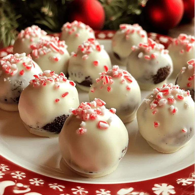 - 1 package (15.25 oz) Oreo cookies - 8 oz cream cheese, softened - 1 teaspoon peppermint extract - 1 cup white chocolate chips - 2 tablespoons coconut oil - Crushed peppermint candies for garnish To make these truffles, you start with Oreo cookies. They give a great flavor. You need cream cheese to help hold everything together. Peppermint extract adds that holiday taste. White chocolate chips give a sweet coating, while coconut oil helps them melt smoothly. Finally, crushed peppermint candies add a nice crunch on top. - Dark chocolate for dipping - Food coloring for decorating - Additional flavor extracts You can switch things up by using dark chocolate for the coating. It adds a rich taste. If you want, use food coloring to make them more festive. You can also play with other flavor extracts to create your unique twist. - First, take the Oreo cookies and crush them. Use a food processor for quick work. Pulse until you have fine crumbs. This step is key to a smooth texture. - Next, grab a large bowl. Add the crushed Oreo crumbs into this bowl. Then, add the softened cream cheese. It should be soft for easy mixing. - Finally, pour in one teaspoon of peppermint extract. Use your hands to mix everything well. Keep mixing until a dough forms. This is the base of your truffles. - Now it’s time to shape the mixture. Scoop out tablespoons of the dough. Roll each scoop into a ball. Keep them about one inch in diameter. - Place each ball on a parchment-lined baking sheet. This helps with easy removal later. Once done, freeze the truffles for about 30 minutes. This helps firm them up. - While the truffles freeze, melt your white chocolate chips. Add two tablespoons of coconut oil to the chocolate. This gives it a nice shine. - You can melt the chocolate in the microwave or use a double boiler. Stir it until smooth and creamy. - Once the truffles are firm, dip each one into the melted chocolate. Allow any excess chocolate to drip off. Then, return them to the baking sheet. - While the chocolate is still wet, sprinkle crushed peppermint candies on each truffle. This adds a festive touch and extra flavor. - Finally, place the truffles back in the freezer for 10-15 minutes. This allows the chocolate to set completely. Enjoy your tasty treats! To get the right mix of cream cheese, make sure it is soft. Take it out of the fridge ahead of time. This helps it blend easily. Mix the cream cheese with the crushed Oreos until it forms a dough. You want it to hold together but not be too sticky. When melting chocolate, use a microwave or a double boiler. If using a microwave, heat in short bursts. Stir after each burst until smooth. This keeps the chocolate from burning. Add coconut oil to make it shiny and easier to coat. You can add fun mix-ins to change the flavor. Try crushed nuts, or mini chocolate chips. Want a stronger mint taste? Use more peppermint extract. Start with a little and taste as you go. This way, you find the perfect balance for your taste. Serve these truffles on a festive plate for parties. They look great and taste even better. For gifts, use a decorative box. Tie it with a ribbon for a special touch. You can also use clear bags to show off the pretty colors of the truffles. They make great holiday treats! {{image_2}} You can change things up with different types of cookies. Instead of Oreo cookies, try using chocolate wafer cookies or even chocolate chip cookies. Each type brings its own flavor. You can also substitute dark chocolate for white chocolate when dipping. Dark chocolate adds a rich taste that pairs well with peppermint. Don't be afraid to experiment with different extracts! Instead of peppermint extract, try using almond or vanilla extract for a unique twist. You can also add liqueurs or flavored syrups for an adult version. A splash of peppermint schnapps can make these truffles even more festive. If you need a gluten-free option, use gluten-free Oreo cookies. They taste just as good! For a vegan version, swap the cream cheese for a plant-based cheese alternative. Use dairy-free chocolate chips in place of white chocolate, and your truffles will still be delicious! To keep your truffles fresh, store them in the fridge. Place them in an airtight container. This will help them stay moist and tasty. If you have more truffles than you can eat, freezing is a great option. Wrap each truffle in plastic wrap and place them in a freezer-safe bag. This way, they stay safe from freezer burn. These truffles last about one week in the fridge. If you freeze them, they can last up to three months. Check for signs of spoilage before you eat them. Look for a change in texture or smell. If they feel dry or smell funny, it’s best to toss them out. Enjoy these treats while they are fresh for the best taste! No-bake peppermint Oreo truffles need about 30 minutes to freeze. This helps them firm up. After dipping in chocolate, let them set for 10-15 minutes in the freezer. This gives the chocolate a nice finish. Yes, you can make these truffles ahead of time. They store well for up to a week in the fridge. You can also freeze them for longer storage. Just remember to let them thaw in the fridge before serving. If you want a dairy-free option, use vegan cream cheese. You can also use mascarpone cheese for a richer flavor. Silken tofu blended until smooth is another good alternative. Yes, you should keep them in the fridge. They taste best cold and stay fresh longer. If left out at room temperature, they may become too soft. Absolutely! Flavored Oreos can add a fun twist. Mint or peppermint-flavored Oreos will enhance the peppermint flavor. You can also try seasonal flavors like gingerbread for a holiday touch. To wrap up, we covered how to make delicious no-bake peppermint Oreo truffles. You need ingredients like Oreo cookies, cream cheese, and white chocolate. I shared steps for mixing, forming, and coating the truffles. We also explored tips for consistency and customization. Remember, these treats can be varied with different cookies or flavors, and storage is easy. Enjoy making these fun treats for parties or gifts. They are sure to impress!