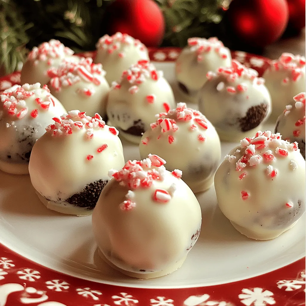 - 1 package (15.25 oz) Oreo cookies - 8 oz cream cheese, softened - 1 teaspoon peppermint extract - 1 cup white chocolate chips - 2 tablespoons coconut oil - Crushed peppermint candies for garnish To make these truffles, you start with Oreo cookies. They give a great flavor. You need cream cheese to help hold everything together. Peppermint extract adds that holiday taste. White chocolate chips give a sweet coating, while coconut oil helps them melt smoothly. Finally, crushed peppermint candies add a nice crunch on top. - Dark chocolate for dipping - Food coloring for decorating - Additional flavor extracts You can switch things up by using dark chocolate for the coating. It adds a rich taste. If you want, use food coloring to make them more festive. You can also play with other flavor extracts to create your unique twist. - First, take the Oreo cookies and crush them. Use a food processor for quick work. Pulse until you have fine crumbs. This step is key to a smooth texture. - Next, grab a large bowl. Add the crushed Oreo crumbs into this bowl. Then, add the softened cream cheese. It should be soft for easy mixing. - Finally, pour in one teaspoon of peppermint extract. Use your hands to mix everything well. Keep mixing until a dough forms. This is the base of your truffles. - Now it’s time to shape the mixture. Scoop out tablespoons of the dough. Roll each scoop into a ball. Keep them about one inch in diameter. - Place each ball on a parchment-lined baking sheet. This helps with easy removal later. Once done, freeze the truffles for about 30 minutes. This helps firm them up. - While the truffles freeze, melt your white chocolate chips. Add two tablespoons of coconut oil to the chocolate. This gives it a nice shine. - You can melt the chocolate in the microwave or use a double boiler. Stir it until smooth and creamy. - Once the truffles are firm, dip each one into the melted chocolate. Allow any excess chocolate to drip off. Then, return them to the baking sheet. - While the chocolate is still wet, sprinkle crushed peppermint candies on each truffle. This adds a festive touch and extra flavor. - Finally, place the truffles back in the freezer for 10-15 minutes. This allows the chocolate to set completely. Enjoy your tasty treats! To get the right mix of cream cheese, make sure it is soft. Take it out of the fridge ahead of time. This helps it blend easily. Mix the cream cheese with the crushed Oreos until it forms a dough. You want it to hold together but not be too sticky. When melting chocolate, use a microwave or a double boiler. If using a microwave, heat in short bursts. Stir after each burst until smooth. This keeps the chocolate from burning. Add coconut oil to make it shiny and easier to coat. You can add fun mix-ins to change the flavor. Try crushed nuts, or mini chocolate chips. Want a stronger mint taste? Use more peppermint extract. Start with a little and taste as you go. This way, you find the perfect balance for your taste. Serve these truffles on a festive plate for parties. They look great and taste even better. For gifts, use a decorative box. Tie it with a ribbon for a special touch. You can also use clear bags to show off the pretty colors of the truffles. They make great holiday treats! {{image_2}} You can change things up with different types of cookies. Instead of Oreo cookies, try using chocolate wafer cookies or even chocolate chip cookies. Each type brings its own flavor. You can also substitute dark chocolate for white chocolate when dipping. Dark chocolate adds a rich taste that pairs well with peppermint. Don't be afraid to experiment with different extracts! Instead of peppermint extract, try using almond or vanilla extract for a unique twist. You can also add liqueurs or flavored syrups for an adult version. A splash of peppermint schnapps can make these truffles even more festive. If you need a gluten-free option, use gluten-free Oreo cookies. They taste just as good! For a vegan version, swap the cream cheese for a plant-based cheese alternative. Use dairy-free chocolate chips in place of white chocolate, and your truffles will still be delicious! To keep your truffles fresh, store them in the fridge. Place them in an airtight container. This will help them stay moist and tasty. If you have more truffles than you can eat, freezing is a great option. Wrap each truffle in plastic wrap and place them in a freezer-safe bag. This way, they stay safe from freezer burn. These truffles last about one week in the fridge. If you freeze them, they can last up to three months. Check for signs of spoilage before you eat them. Look for a change in texture or smell. If they feel dry or smell funny, it’s best to toss them out. Enjoy these treats while they are fresh for the best taste! No-bake peppermint Oreo truffles need about 30 minutes to freeze. This helps them firm up. After dipping in chocolate, let them set for 10-15 minutes in the freezer. This gives the chocolate a nice finish. Yes, you can make these truffles ahead of time. They store well for up to a week in the fridge. You can also freeze them for longer storage. Just remember to let them thaw in the fridge before serving. If you want a dairy-free option, use vegan cream cheese. You can also use mascarpone cheese for a richer flavor. Silken tofu blended until smooth is another good alternative. Yes, you should keep them in the fridge. They taste best cold and stay fresh longer. If left out at room temperature, they may become too soft. Absolutely! Flavored Oreos can add a fun twist. Mint or peppermint-flavored Oreos will enhance the peppermint flavor. You can also try seasonal flavors like gingerbread for a holiday touch. To wrap up, we covered how to make delicious no-bake peppermint Oreo truffles. You need ingredients like Oreo cookies, cream cheese, and white chocolate. I shared steps for mixing, forming, and coating the truffles. We also explored tips for consistency and customization. Remember, these treats can be varied with different cookies or flavors, and storage is easy. Enjoy making these fun treats for parties or gifts. They are sure to impress!