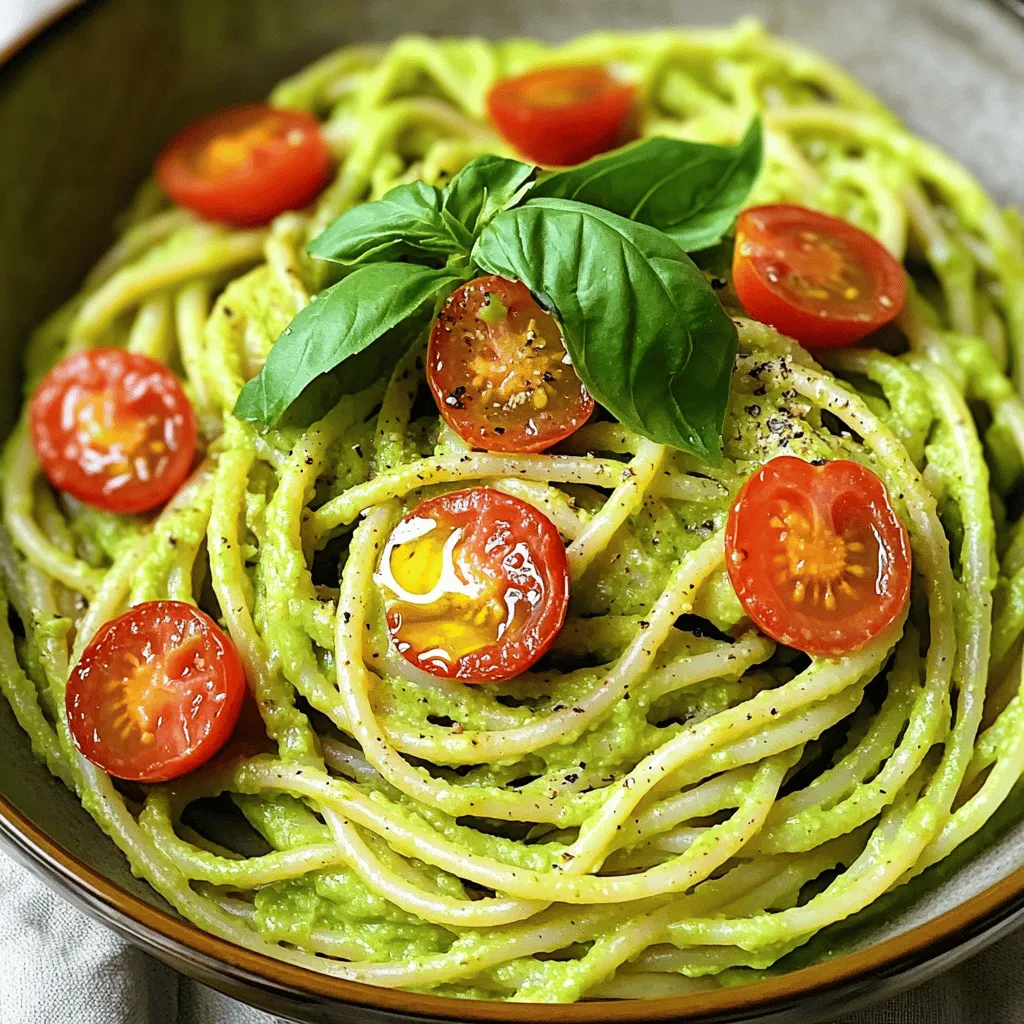 To make a rich and tasty creamy avocado pasta, you need: - 2 ripe avocados, pitted and peeled - 2 cloves garlic, minced - 1 tablespoon lemon juice - 1/4 cup fresh basil leaves, packed - 1/4 cup Parmesan cheese, grated - 12 oz spaghetti (or pasta of your choice) - Salt and pepper to taste These ingredients give the dish its creamy base and fresh flavor. The avocados create a smooth texture, while the garlic adds a nice kick. If you want to enhance the taste, consider adding: - 1/4 teaspoon red chili flakes (for heat) - 1/4 cup cherry tomatoes, halved (for garnish) - Extra basil leaves (for garnish) These optional ingredients add flavor and color. The chili flakes bring a bit of spice, while the tomatoes add freshness. You can easily adjust this recipe for different diets. Here are some ideas: - Use nutritional yeast instead of Parmesan cheese for a vegan option. - Swap spaghetti for gluten-free pasta if you need it. These substitutions help you enjoy creamy avocado pasta while meeting dietary needs. To cook the pasta, start by filling a large pot with salted water. Bring it to a boil over high heat. Once the water is boiling, add 12 oz of spaghetti. Cook the pasta according to the package instructions until it is al dente. This usually takes about 8 to 10 minutes. Before draining the pasta, reserve 1/2 cup of the cooking water. This water helps to thicken the sauce later. Drain the rest of the water and set the pasta aside in the pot. While the pasta cooks, make the avocado sauce. Grab a food processor or blender. Add the following ingredients: - 2 ripe avocados, pitted and peeled - 2 cloves garlic, minced - 1 tablespoon lemon juice - 1/4 cup fresh basil leaves, packed - 1/4 cup Parmesan cheese, grated - 1/4 teaspoon red chili flakes (optional) Blend these ingredients until the mixture is smooth and creamy. You may need to scrape down the sides a few times to ensure everything blends well. Taste the sauce and add salt and pepper as desired. Now, it’s time to bring everything together! In the large pot with the drained spaghetti, add the creamy avocado sauce. Mix everything well, using a spatula or tongs. If the sauce is too thick, pour in a little reserved pasta water at a time until you get the right consistency. Taste the pasta again and adjust the seasoning if needed. To serve, plate the creamy avocado pasta in bowls. Top with halved cherry tomatoes and extra basil leaves for a fresh touch. Enjoy your meal! To get the best creamy texture, use ripe avocados. They should feel soft but not mushy. A food processor works great for this. Blend the avocados until they are smooth. If it feels too thick, add a bit of reserved pasta water. This makes the sauce silky without losing flavor. Seasoning is key for great taste. Start with a bit of salt and black pepper. Taste as you go. The lemon juice adds brightness, so don’t skip it. If you like heat, add red chili flakes. A pinch can change the whole dish. Want to make your pasta even better? Add halved cherry tomatoes for color and sweetness. Fresh basil leaves not only look nice but also boost flavor. If you want more cheese, sprinkle on extra Parmesan or use nutritional yeast for a vegan twist. These small touches can make your dish shine. {{image_2}} You can easily make this dish vegan. Just swap the Parmesan cheese for nutritional yeast. It gives a cheesy flavor without any dairy. The rest of the recipe stays the same. You’ll enjoy the same creamy texture and taste, but with plant-based ingredients. If you need a gluten-free meal, choose gluten-free pasta. Many brands offer tasty options made from rice, quinoa, or chickpeas. Cook it just like regular pasta. Follow the package instructions for best results. Your creamy avocado sauce will blend well with any gluten-free pasta. Want to boost the health factor? You can add extra ingredients. Consider tossing in spinach or kale for more greens. You can also mix in cooked peas or broccoli for added fiber. Chopped nuts, like walnuts or almonds, add crunch and healthy fats. Each of these add-ins takes your creamy avocado pasta to a new level of nutrition. To keep leftover creamy avocado pasta fresh, place it in an airtight container. Make sure to cover it tightly. You can store it in the fridge for up to three days. The pasta may darken a bit due to the avocado, but it will still taste great. If you notice browning, a little lemon juice can help. When reheating creamy avocado pasta, do it gently. Use a skillet over low heat. Add a splash of water or olive oil to help it warm up. Stir regularly to keep it creamy. Avoid using the microwave, as it may make the pasta dry. Aim for warm, not hot, to keep the flavors intact. You can freeze the avocado sauce for later use. Place it in a freezer-safe bag or container. Leave some space for expansion. It can last up to three months in the freezer. When ready to use, thaw it in the fridge overnight. Then, blend again to restore its smooth texture before mixing with pasta. You can use any pasta you like. I often choose spaghetti for its long strands. Other good options include fettuccine and penne. These shapes hold the creamy sauce well. Choose whole wheat for added fiber. Gluten-free pasta is also a great choice if needed. Yes, frozen avocados work well in this dish. Just thaw them before using. The texture may change slightly, but they remain creamy. This is a great option if fresh avocados are not available. Just make sure to drain any excess water. To skip the garlic, simply leave it out of the sauce. You can add a pinch of onion powder for flavor. Fresh herbs like parsley or cilantro add a nice touch too. The dish will still taste great without garlic. This blog post covered how to make creamy avocado pasta. You learned about key ingredients and optional flavors. We discussed smart cooking steps and helpful tips for a smooth sauce. I shared ways to adapt the dish for diets and storage tips for leftovers. Creamy avocado pasta is versatile and easy to make. With simple swaps and additions, you can boost flavors. Enjoy your cooking, and don't be afraid to experiment!