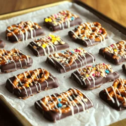 - 2 cups mini pretzels - 2 cups semi-sweet chocolate chips - 1 cup white chocolate chips - 1/2 cup crushed nuts (almonds, pecans, or walnuts) - 1/2 cup sprinkles (optional) - Sea salt for sprinkling You can change the type of pretzels in this recipe. Try using larger pretzels or even pretzel sticks. For chocolate, swap semi-sweet for milk or dark chocolate. If you want to skip nuts, you can use seeds like pumpkin or sunflower. You can also use dried fruits as a topping instead of nuts. Sprinkles are just for fun, so skip them if you prefer. 1. Preparing the baking sheet: Start by lining a large baking sheet with parchment paper. This helps the bark come off easily later. No one likes a sticky mess! 2. Melting the semi-sweet chocolate: Next, grab a microwave-safe bowl and pour in the semi-sweet chocolate chips. Heat them in the microwave for 30 seconds. Stir well, then repeat until the chocolate is smooth. This usually takes 1 to 2 minutes. 1. Mixing pretzels with melted chocolate: In a large bowl, pour the melted chocolate over the mini pretzels. Gently stir the pretzels until they are fully coated in chocolate. Make sure every pretzel gets its share! 2. Spreading the mixture on the baking sheet: Now, take the chocolate-covered pretzel mixture and pour it onto your prepared baking sheet. Use a spatula to spread it out evenly. This step is key to a lovely bark. 1. Melting and drizzling white chocolate: For the next step, melt the white chocolate chips in a separate microwave-safe bowl. Use the same method as before. Once smooth, you’ll drizzle it over the dark chocolate-covered pretzels in a zigzag pattern. 2. Adding toppings and chilling the bark: While the white chocolate is still warm, sprinkle on the crushed nuts and any optional sprinkles. Finish by lightly sprinkling sea salt over the top for that perfect salty-sweet touch. Now, place the baking sheet in the fridge for about 1 hour until the chocolate sets fully. 3. Breaking into pieces: After it cools, remove the bark from the fridge. Break it into pieces, and enjoy your sweet, salty treat! To melt chocolate, use a microwave-safe bowl. Place your chocolate chips in it. Heat them in 30-second bursts. Stir between each interval. This helps avoid burning. It should take about 1 to 2 minutes to melt. Using parchment paper is a great idea. Line your baking sheet with it. It keeps the bark from sticking. This makes cleanup a breeze. You can lift the bark out easily once it sets. When serving your bark, break it into fun shapes. You can cut it into squares or break it into pieces. Place it on a colorful plate for a pop of color. Pair it with drinks like milk, coffee, or hot chocolate. It also goes well with fruits or nuts for a snack. This adds more flavors to your treat. Be careful with chocolate seizing. This happens if it gets too hot or water mixes in. Always keep chocolate dry and heat slowly. Letting the chocolate set is key. If you rush it, the bark won't hold well. Chill it in the fridge for about an hour. This helps it harden properly. {{image_2}} You can change the chocolate to fit your taste. Try using dark chocolate for a richer flavor. Milk chocolate offers a sweeter bite, while white chocolate adds creaminess. Each type brings its own character to your bark. For toppings, think beyond nuts and sprinkles. Coconut flakes can add a tropical touch. Chopped dried fruit, like cranberries or apricots, can give a sweet chewiness. You can even use crushed candy canes for a minty twist during the holidays. Make your bark special for holidays and events. For Halloween, add orange and black sprinkles. For Christmas, use red and green toppings. You can also shape the bark into festive designs, like hearts for Valentine’s Day. Seasonal colors and themes bring fun to any gathering. If you need gluten-free options, choose gluten-free pretzels. Many brands offer tasty pretzels that fit this diet. For vegan alternatives, swap the chocolate chips for vegan ones. Dark chocolate often works well, but read labels to be sure. You can also use nut butter instead of chocolate for a unique flavor. These options make the bark inclusive for everyone. To keep your Chocolate Covered Pretzel Bark fresh, store it in an airtight container. This will stop air from getting in and making it stale. Use a container that fits the bark snugly, but not too tight. If you have any leftover bark, put it in the fridge if you live in a warm area. This helps it stay tasty longer. Chocolate Covered Pretzel Bark can last up to two weeks when stored properly. After that, it might lose flavor and texture. You can tell if it has gone bad if you see white spots on the chocolate or if it smells off. If it feels soft or sticky, it’s time to toss it. Yes, you can freeze Chocolate Covered Pretzel Bark! To do this, wrap it tightly in plastic wrap before putting it in a freezer bag. This keeps the bark safe from freezer burn. When you want to eat it, take it out and let it thaw in the fridge for a few hours. This way, it retains its crunch and flavor. Yes, you can use white chocolate instead of dark chocolate. White chocolate gives a sweeter taste. However, it lacks the deep flavor of dark chocolate. You can mix it up by using milk chocolate, too. This change will give a different flavor profile but keep the treat yummy. To keep chocolate smooth, melt it slowly. Use the microwave in short bursts. Stir the chocolate often. You can also try warming your mixing bowl. If you work quickly, the chocolate will stay soft for longer. Yes, this recipe is simple and fun. It takes about 15 minutes to prep. You need about one hour for chilling. Anyone can make it, even kids with adult help. It’s a great way to start baking. You can find pre-made bark at many stores. Try local candy shops or gourmet stores. Many online shops sell it too. Look for places like Amazon or specialty food sites. This way, you can enjoy it without cooking! In summary, we explored making Chocolate Covered Pretzel Bark. We covered ingredients like pretzels, chocolate, and nuts. I provided step-by-step instructions to ensure success. Tips and tricks helped you avoid common mistakes. You also learned about storage, variations, and answers to frequent questions. This treat is fun and easy to make. With a few simple steps, you can impress friends and family. Enjoy your delicious creation and feel proud of your skills!