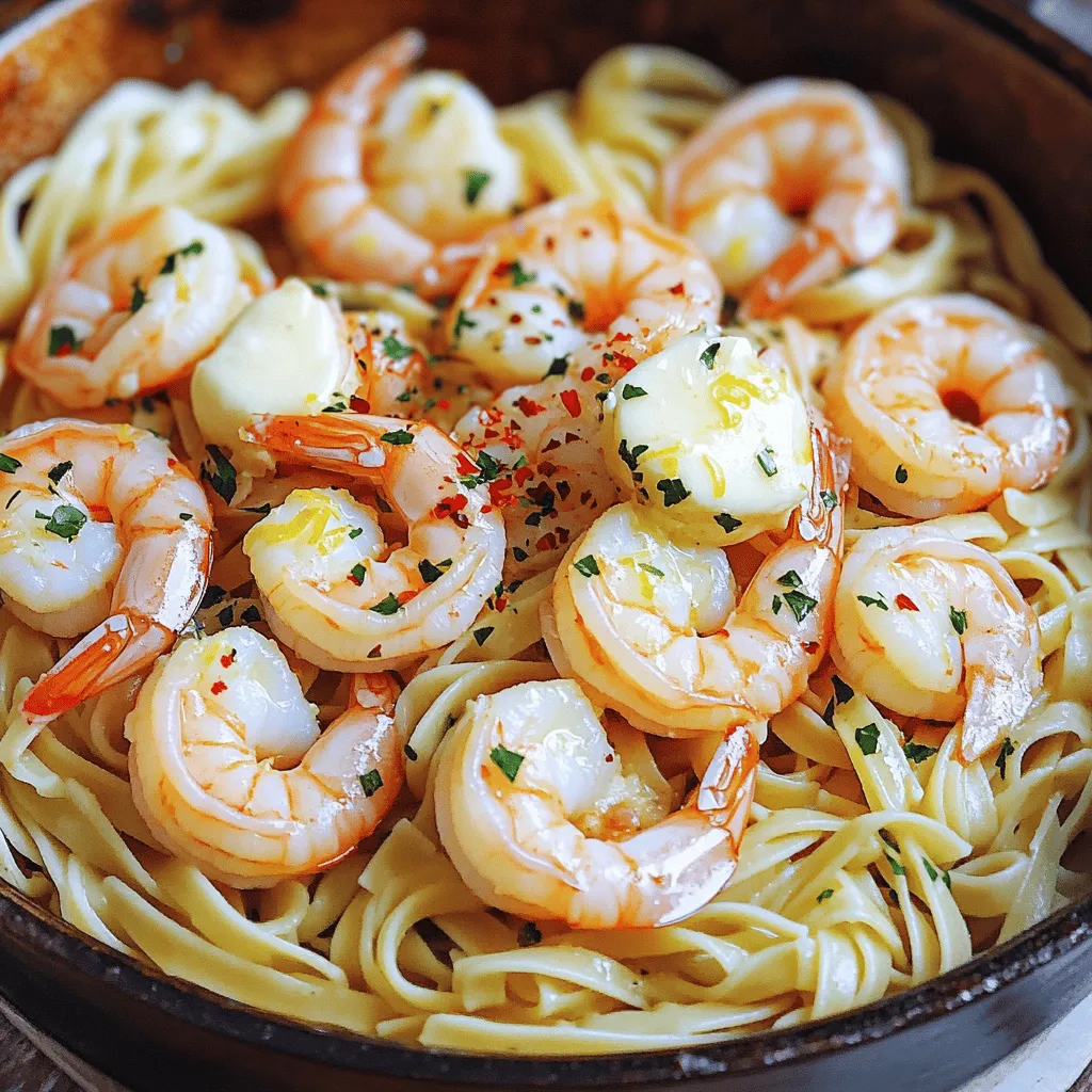 - 1 pound large shrimp, peeled and deveined - 8 ounces linguine or spaghetti - 4 tablespoons unsalted butter - 4 tablespoons olive oil - 6 cloves garlic, minced - 1 teaspoon red pepper flakes (adjust to taste) - 1 tablespoon lemon juice - 1 teaspoon lemon zest - ¼ cup fresh parsley, chopped - Grated Parmesan cheese for serving (optional) When making Garlic Butter Shrimp Scampi, it's key to gather the right ingredients. First, you need shrimp. I recommend using large shrimp. They cook quickly and taste great. Next, choose linguine or spaghetti. Both work well and hold the sauce nicely. For flavor, you will need unsalted butter and olive oil. The butter adds richness while the olive oil helps balance it out. Garlic is a must for this dish. Use fresh garlic and mince it for the best taste. Red pepper flakes add a nice kick. Adjust the amount to suit your spice level. Freshness matters too. Lemon juice and lemon zest brighten the dish. They add a fresh, zesty flavor that complements the shrimp. Lastly, don't forget fresh parsley for garnish. It adds color and freshness. If you like cheese, consider adding grated Parmesan. It adds a savory touch that many enjoy. These ingredients come together to create a quick and flavorful meal that is sure to impress. 1. Bring a large pot of water to a boil. 2. Add a generous pinch of salt. 3. Drop in 8 ounces of linguine or spaghetti. 4. Cook until it is al dente, about 8-10 minutes. 5. Reserve 1 cup of pasta water, then drain the rest. 1. In a large skillet, melt 4 tablespoons of unsalted butter and 4 tablespoons of olive oil. 2. Add 6 cloves of minced garlic. 3. Sauté for about 1-2 minutes. Make sure the garlic is fragrant but not burnt. 1. Add 1 pound of peeled and deveined shrimp to the skillet. 2. Season with 1 teaspoon of red pepper flakes, salt, and pepper. 3. Cook for about 3-4 minutes. Flip the shrimp halfway. They should be pink and opaque. 1. Squeeze in 1 tablespoon of lemon juice and add 1 teaspoon of lemon zest. 2. Toss in the drained pasta. Mix everything well. 3. Gradually add reserved pasta water until the sauce reaches your desired thickness. 1. Stir in ¼ cup of chopped fresh parsley. 2. Taste and adjust seasoning if needed. 3. Serve immediately, garnished with extra parsley and grated Parmesan cheese if you like. - Use fresh ingredients for best flavor. Fresh shrimp and garlic make a big difference. - Adjust red pepper flakes for spice preference. Not everyone loves heat, so taste as you go. - Avoid overcooking shrimp for tenderness. Cook them just until pink and opaque, about 3-4 minutes. - Save some pasta water for sauce adjustment. This starchy water helps create a creamy sauce. - Plate with extra parsley and Parmesan cheese. It adds color and makes your dish pop. - Consider a lemon wedge for garnish. A squeeze of lemon brightens up the flavors. {{image_2}} You can switch shrimp with other proteins. Chicken and scallops work well in this dish. Both options absorb the garlic butter flavor nicely. For a vegetarian twist, use mushrooms or tofu. They add a rich texture and soak up the sauce. You can sauté mushrooms or cube tofu in the same way as shrimp. Try adding white wine to your sauce. It brings a deeper flavor and a touch of acidity. You can also mix in fresh herbs like basil or thyme. They add a lovely aroma and enhance the dish’s freshness. Just sprinkle them in while cooking for the best taste. If you need a gluten-free option, you can use gluten-free pasta. Many brands offer great taste and texture. You might also try different pasta shapes like fettuccine or penne. Each shape holds sauce differently, giving you new ways to enjoy this dish. After you enjoy your garlic butter shrimp scampi, save any leftovers. Refrigerate them in an airtight container for up to 2 days. When you reheat, do it gently. This helps avoid overcooking the shrimp, keeping them tender and tasty. You can also freeze your cooked scampi. Be sure to freeze it without the pasta. This keeps the texture nice. When you want to eat it, you can reheat it straight from frozen or thaw it overnight in the fridge. For best results, store the pasta separately. This helps keep its texture firm and fresh. Always label your containers with dates. This way, you will know when to use them for the best taste. For scampi, I recommend using large shrimp. They have great texture and flavor. Medium shrimp work too, but large shrimp stand out better in the dish. Look for shrimp that are peeled and deveined. This saves time when cooking. Always buy fresh shrimp when possible. Frozen shrimp are fine if fresh is not available. Yes, you can prepare some parts in advance. Cook the pasta and set it aside. Make the sauce but skip the shrimp until you are ready to eat. When you reheat, add shrimp and cook until they turn pink. This keeps the flavor fresh and tasty. Great sides include garlic bread and a fresh salad. You can also serve it with steamed vegetables. These sides balance the rich flavor of the shrimp scampi. A light white wine pairs well too. For a gluten-free option, use gluten-free pasta. Many brands offer great choices. You can also serve the shrimp over zucchini noodles. This keeps it light and tasty without gluten. Always check labels to ensure all ingredients are gluten-free. This blog post covered the tasty and simple garlic butter shrimp scampi. We explored the key ingredients, such as shrimp, pasta, and garlic, which make this dish shine. I shared how to cook shrimp perfectly and enhance flavors with fresh herbs and lemon. You can adapt this recipe with different proteins and pastas to suit your taste. In the end, this dish is quick, flavorful, and great for sharing. Enjoy making it!