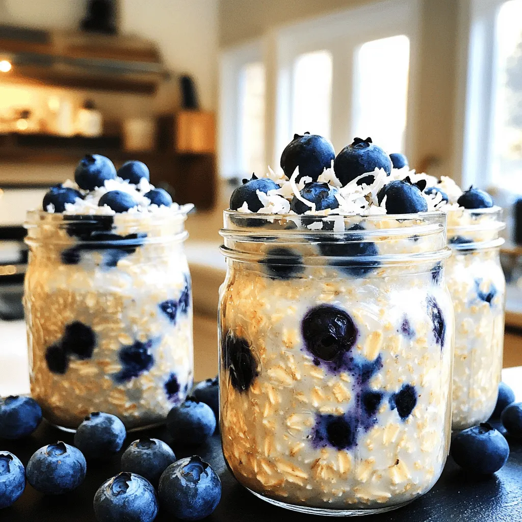 To make blueberry coconut overnight oats, you need a few key items. Here’s what you’ll need: - 1 cup rolled oats - 1 cup coconut milk (canned or carton) - 1/2 cup fresh blueberries - 2 tablespoons shredded coconut (unsweetened) - 1 tablespoon honey or maple syrup - 1/2 teaspoon vanilla extract - Pinch of salt These ingredients come together to create a creamy and tasty breakfast. The rolled oats soak up the coconut milk, making them soft and flavorful. Fresh blueberries add a burst of sweetness and color. Shredded coconut gives a nice texture and tropical vibe. You can add Greek yogurt to the mix for creaminess. Here’s how it works: - 1/2 cup Greek yogurt This ingredient is not a must, but it makes the oats richer. If you want a lighter dish, skip the yogurt. You can adjust the sweetness too. Use more or less honey or maple syrup based on your taste. Each ingredient in this recipe offers health benefits. Let’s break it down: - Rolled oats: They are high in fiber, which is good for digestion. They help you feel full longer. - Coconut milk: This is a great source of healthy fats. It can boost your energy levels. - Blueberries: Packed with antioxidants, they are good for your heart and brain. - Greek yogurt: If used, it adds protein, which helps with muscle repair and growth. - Shredded coconut: This offers fiber and can support healthy skin. These ingredients work well together, making your breakfast not just tasty but also good for you. Start by grabbing a medium bowl. Add 1 cup of rolled oats. Pour in 1 cup of coconut milk. If you want it creamier, add 1/2 cup of Greek yogurt. Next, drizzle in 1 tablespoon of honey or maple syrup. You can adjust the sweetness to your taste. Add 1/2 teaspoon of vanilla extract and a pinch of salt. Stir everything well. Make sure the oats soak up all that creamy goodness. Once the oats are ready, it’s time for the fun part. Gently fold in 1/2 cup of fresh blueberries. Remember to keep some blueberries aside for topping later. Now, sprinkle in 2 tablespoons of unsweetened shredded coconut. Stir again until everything is mixed well. This mix will give your oats a nice texture and flavor. Next, divide the oat mixture into two jars or containers. Leave some space at the top. The oats will expand as they soak. Seal the jars tightly and place them in the fridge. Let them chill overnight, or at least for 4 hours. In the morning, stir the oats. If they look too thick, add a splash of coconut milk. For serving, top with extra blueberries and a sprinkle of shredded coconut. Enjoy them cold or warm them up in the microwave for a minute if you like it hot! To make great overnight oats, follow these tips: - Use rolled oats, not quick oats. They soak better. - Choose a good container. Glass jars work well for easy mixing. - Mix your ingredients well. Make sure every oat is soaked. - Leave some space in the container. Oats will swell as they soak. - Chill them overnight. Eight hours is best for great texture. You can change the sweetness in your overnight oats: - Start with one tablespoon of honey or maple syrup. - Taste before serving. Add more if you like it sweeter. - If you want a different flavor, try adding a little cinnamon. - You can also use mashed bananas for natural sweetness. Make your oats your own with these ideas: - Swap blueberries for strawberries or raspberries. - Add nuts for crunch, like almonds or walnuts. - Use different milks, like almond or oat milk. - Mix in seeds like chia or flax for extra nutrition. - Get creative with spices, such as nutmeg or cardamom. These tips will help you enjoy your oats in new ways! {{image_2}} You can switch out blueberries for many other fruits. Strawberries, raspberries, or bananas work great. Use the same amount as blueberries. Cut them into small pieces. This change adds variety and fun. Each fruit brings unique flavors and nutrients. For example, bananas add creaminess. Raspberries offer a tart taste. Feel free to mix and match your favorites. To make this recipe dairy-free or vegan, skip the Greek yogurt. Use a plant-based yogurt instead. Coconut yogurt is a tasty choice. It keeps the creamy texture. You can also use agave syrup instead of honey. This keeps your oats vegan and just as sweet. Always check labels to ensure your choices are truly dairy-free. Nuts and seeds can add great texture. Try adding chopped almonds, walnuts, or pecans. They give a nice crunch and healthy fats. You can also use chia seeds or flaxseeds. These seeds boost fiber and omega-3s. Add about two tablespoons to your mix. This makes your oats even more satisfying. To store your blueberry coconut overnight oats, use airtight containers. I like to use glass jars or plastic containers. These keep the oats fresh. Make sure to seal them tightly. This helps avoid any strong fridge smells. You can layer toppings on top or keep them separate. Just add toppings before serving. Your overnight oats will stay fresh in the fridge for about 3 to 5 days. This means you can make them ahead for busy mornings. Just keep an eye on the blueberries. They may spoil faster than oats. If you notice any strange smells or colors, it’s best to discard them. You can freeze your blueberry coconut overnight oats for longer storage. Use a freezer-safe container. Leave some space at the top, as oats expand when frozen. When ready to eat, thaw them in the fridge overnight. You can also warm them in the microwave. Add a splash of coconut milk to restore creaminess. Enjoy your delicious oats anytime! Yes, you can use quick oats. They will soak up the liquid faster. Quick oats make the mixture softer. However, rolled oats give a better texture. I prefer rolled oats for their chewiness. If you choose quick oats, reduce the soaking time. Let them sit for at least 4 hours. You can keep overnight oats for up to 5 days. Store them in airtight containers. The oats stay fresh and delicious during this time. Just check for any off smells or colors before eating. If they look good, they should taste good too. You can use almond milk or soy milk as substitutes. Both add a nice flavor. If you want creaminess, try using Greek yogurt. You can also mix any milk you like with coconut cream. This gives a similar taste without coconut milk. Blueberry coconut overnight oats are easy and fun to make. We covered key ingredients, their health benefits, and how to prepare this tasty meal. You can also customize the recipe to fit your taste. Whether adding fruits, nuts, or seeds, there are many options. Store your oats well for freshness and flavor. This dish is great for busy mornings. Now you can enjoy a nutritious start to your day with simple steps and smart tips. Try it out and make breakfast exciting!