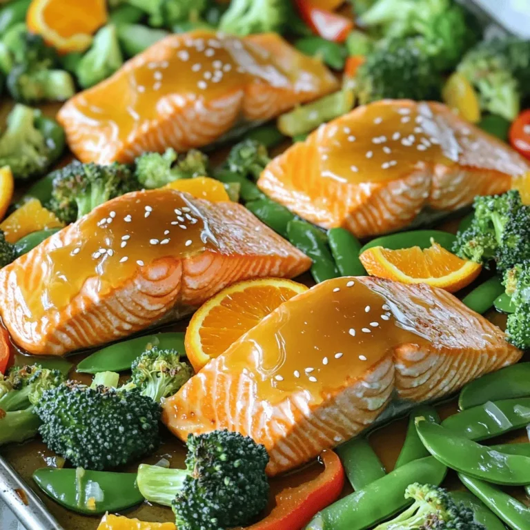 For this dish, you need four salmon fillets. Look for fresh pieces with a nice pink color. You can also use skin-on or skinless fillets, based on your choice. Salmon cooks well and stays moist, making it perfect for this recipe. The bright and zesty flavors come from two oranges. You will need to zest and juice them. Zesting adds a strong citrus flavor, while the juice gives sweetness. To enhance the taste, use three tablespoons of honey and two tablespoons of low-sodium soy sauce. Olive oil adds richness, while three cloves of minced garlic and one teaspoon of grated fresh ginger add depth. Don’t forget one teaspoon of sesame oil for a nutty note. Season with salt and pepper to balance the flavors. Add a colorful mix of veggies to your dish. Use one cup of broccoli florets for crunch. Slice one cup of bell peppers in your favorite colors, like red and yellow, for sweetness. Lastly, one cup of snap peas adds a nice snap and freshness. Drizzling them with olive oil and seasoning with salt and pepper brings out their best flavors. This mix not only looks good but also makes the meal healthy and filling. To start, preheat your oven to 400°F (200°C). This heat will cook the salmon just right. Next, line a large baking sheet with parchment paper. This makes cleanup easy and keeps your food from sticking. In a mixing bowl, whisk together the orange juice, orange zest, honey, soy sauce, olive oil, minced garlic, grated ginger, sesame oil, salt, and pepper. Mix well until everything is combined. This glaze will add great flavor! Now, place the salmon fillets on one side of the baking sheet. Make sure they have some space. Brush the orange glaze over the top of each salmon fillet. Use a good amount to soak in that tasty flavor. On the other side of the baking sheet, arrange the broccoli, bell peppers, and snap peas. Drizzle a bit of olive oil on the veggies and sprinkle with salt and pepper. Toss them gently to coat. With everything prepared, it’s time to cook. Place the baking sheet in the preheated oven. Roast for 15-20 minutes. You want the salmon to flake easily when you poke it with a fork. The veggies should also be tender. Keep an eye on them, so they don’t overcook. For a nice touch, you can broil the salmon and veggies. Set your oven to broil and cook for an additional 2-3 minutes. This step will give the salmon a slightly charred top and caramelize the veggies. Once they look perfect, take the sheet pan out of the oven. Spoon any remaining glaze over the salmon and veggies for extra flavor. Serve immediately for a delightful meal! To cook salmon well, choose fresh fillets. Look for bright, firm flesh. Avoid salmon with a strong fishy smell. Before cooking, let the salmon sit at room temp for about 15 minutes. This helps it cook evenly. Always preheat your oven. A hot oven ensures a nice sear and keeps the salmon moist. Use a fork to check for doneness. Salmon is ready when it flakes easily. For the best glaze, mix orange juice, zest, honey, and soy sauce. Whisk these ingredients well to blend flavors. Brush the glaze on the salmon before cooking. To enhance the flavor, save some glaze for later. After cooking, drizzle it over the salmon and veggies. This adds a fresh burst of flavor. If you want a thicker glaze, simmer it on the stove. This reduces the liquid and intensifies the taste. A beautiful plate makes a dish shine. Serve the salmon and veggies on a large platter. Place them in a colorful pattern. Add fresh orange slices on top for a pop of color. Sprinkle sesame seeds over the dish for texture. This makes the meal look gourmet. You can also use fresh herbs as a garnish. Parsley or cilantro adds a nice touch. A well-presented dish makes every meal special. {{image_2}} You can swap out the broccoli, bell peppers, and snap peas. Try using asparagus or zucchini for a fresh twist. Carrots add a nice sweetness too. Just cut them into even pieces for even cooking. Switch up the glaze to change the flavor. Try teriyaki sauce for a savory kick. A honey mustard mix can add a tangy touch. You can also use a citrus twist with lemon or lime instead of orange. You can grill the salmon if you want a smoky flavor. Just marinate it first for extra taste. Pan-searing is another great option. Cook the salmon in a hot skillet for a crispy skin. You can also bake it in parchment paper for a healthy steam effect. Store leftover salmon in an airtight container. It stays fresh for up to three days. Keep the vegetables in a separate container. This helps maintain their crunch. Before serving, check for any off smells or changes in texture. You can freeze salmon and veggies for later. Wrap each piece of salmon tightly in plastic wrap. Place it in a freezer bag and remove as much air as possible. Freeze the vegetables in a separate bag. They last up to three months in the freezer. To use, thaw in the fridge overnight before reheating. Reheat salmon in the oven for best results. Set the oven to 350°F (175°C). Place the salmon on a baking tray and cover it with foil. Heat for about 10-15 minutes. For veggies, you can sauté them in a pan. This keeps them crispy. You can also use the microwave, but watch the time to avoid drying them out. To make sheet pan orange glazed salmon, start by preheating your oven to 400°F (200°C). Line a large baking sheet with parchment paper for easy cleanup. In a bowl, whisk together orange juice, orange zest, honey, soy sauce, olive oil, minced garlic, grated ginger, sesame oil, salt, and pepper. This mix forms your glaze. Next, place salmon fillets on one side of the baking sheet. Brush the glaze over the salmon. On the other side, arrange broccoli, bell peppers, and snap peas. Drizzle them with olive oil and sprinkle with salt and pepper. Toss the veggies to coat evenly. Bake for 15-20 minutes until the salmon flakes easily with a fork, and the veggies are tender. If you like a charred finish, broil for an extra 2-3 minutes. Finally, spoon any extra glaze over the salmon and veggies before serving. Yes, you can use frozen salmon fillets for this recipe. Just remember to thaw them first. You can do this overnight in the fridge or quickly in cold water. Make sure the fillets are fully thawed to ensure even cooking. Cooking time may need slight adjustments, so check for doneness by flaking with a fork. Several side dishes complement orange-glazed salmon well. Here are some tasty options: - Steamed rice or quinoa for a hearty base. - A fresh green salad with light vinaigrette. - Garlic mashed potatoes for creamy comfort. - Roasted asparagus or green beans for a crunchy texture. - Couscous mixed with herbs and lemon for added flavor. Feel free to mix and match these options to create a balanced meal that you and your guests will enjoy! This blog post covered how to make delicious sheet pan orange-glazed salmon. We looked at the main ingredients, preparation steps, and cooking guidelines. I shared tips for cooking salmon and how to present it nicely. Variations let you change up the vegetables and glazes. Lastly, I provided storage and reheating tips. With these insights, you can enjoy this tasty dish anytime. Your salmon experiments will impress your friends and family!