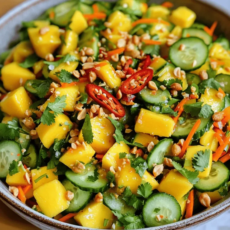 - 2 ripe mangoes, peeled and diced - 1 cucumber, julienned - 1 red bell pepper, thinly sliced - 1 carrot, grated - 3 tablespoons fresh lime juice - 2 tablespoons fish sauce (or soy sauce for a vegetarian option) - 1 tablespoon honey or agave syrup - Salt to taste - 1 red chili, finely sliced (adjust to taste) - ¼ cup fresh cilantro leaves, chopped - ¼ cup roasted peanuts, crushed To make this Spicy Thai Mango Salad, you need fresh and colorful ingredients. Start with ripe mangoes. They should be soft and smell sweet. Next, grab a crisp cucumber for a refreshing crunch. A bright red bell pepper adds color and sweetness. Don't forget the carrot! Its bright orange color and texture make the salad pop. For the dressing, fresh lime juice gives a zesty kick. You can use fish sauce for a savory note or soy sauce if you prefer a vegetarian option. Honey or agave syrup adds a hint of sweetness. Don't forget to season with salt. To finish, slice a red chili for heat, and sprinkle fresh cilantro for flavor. Roasted peanuts add a nice crunch. Each ingredient plays a role in making this salad bright and full of flavor. 1. Start with ripe mangoes. Peel them and cut them into small cubes. 2. Next, take a cucumber and cut it into thin strips, known as julienne. This gives a nice crunch. 3. Slice a red bell pepper into thin pieces. The color adds beauty to your salad. 4. Finally, grab a carrot and grate it finely. This adds sweetness and texture. 1. In a small bowl, mix fresh lime juice and fish sauce. You can also use soy sauce for a vegetarian twist. 2. Add honey or agave syrup to balance the flavors. This sweetens the dressing. 3. Sprinkle in some salt. Taste it and adjust to your liking. The dressing should be zesty and savory. 1. In a large bowl, toss together the diced mangoes, cucumber, bell pepper, and grated carrot. 2. Pour the dressing over the salad. Gently mix to coat all the ingredients. 3. Add sliced red chili and chopped cilantro. Mix again until everything is well combined. 4. Let the salad sit for about 10 minutes. This allows the flavors to blend well before serving. 5. Just before you serve, sprinkle crushed roasted peanuts on top. They add a delightful crunch. To enjoy the best flavor, pick ripe mangoes. Look for mangoes with a yellowish skin and slight softness when you press them. A sweet smell at the stem end is also a good sign. If mangoes are not ripe, you can try using peaches or nectarines for a twist. Both fruits bring sweetness and a juicy texture. If you want a milder salad, adjust the red chili. Use fewer slices or remove the seeds and membranes, as they hold most of the heat. You can also swap in milder peppers, like bell peppers or jalapeños. Taste as you go to find the spice level that suits you. To bring more flavor to your salad, add fresh herbs. Mint or basil can give a nice touch. You can also toss in other veggies like shredded cabbage or sliced radishes for crunch. For an extra zing, use lime zest. Just a little can enhance the taste and make your salad pop! {{image_2}} To make this salad vegetarian or vegan, replace fish sauce with soy sauce. Soy sauce adds a salty depth that works well. You can also use tamari for a gluten-free choice. Other suitable dressings include coconut aminos or a squeeze of extra lime juice. These options keep the salad fresh and zesty. If you want more protein, consider adding grilled chicken or shrimp. Both options add flavor and heartiness. Simply grill and slice them before mixing into the salad. For a plant-based option, incorporate tofu. Press it to remove extra moisture, then cube and toss it in. This will give the salad a nice texture. You can change the salad based on seasonal fruits or vegetables. Try adding juicy strawberries in spring or crunchy apples in fall. For holiday-themed versions, mix in pomegranate seeds for color. These small changes keep the salad exciting and fresh throughout the year. To keep your Spicy Thai Mango Salad fresh, place it in an airtight container. You can store it in the fridge for up to 2 days. The flavors will blend nicely, but the veggies may lose some crunch. For the dressing, store it separately in a small jar. This keeps the salad crisp and fresh. Just shake the jar before adding it to the salad. You should not freeze this salad. Freezing changes the texture of mango and cucumber. They become mushy once thawed, ruining the dish. To keep ingredients fresh for longer, store mangoes and veggies in your fridge. Use ripe mangoes first, then the others. This way, you avoid waste and enjoy every bite. This salad pairs well with grilled chicken or shrimp. The spices from the salad complement the savory flavors of the meat. You can also serve it with rice or noodles. This adds heartiness to your meal. Try it as a refreshing side dish at barbecues or picnics. It always impresses guests! Spicy Thai Mango Salad comes from Thailand. It is a popular dish there. Thai cuisine is known for using fresh herbs and bright flavors. This salad shows the love for balance in Thai cooking. The sweet mango pairs well with zesty lime and spicy chili. It reflects the country's rich culture and love for fresh food. Yes, you can make this salad ahead of time. Prepare the salad ingredients and dressing separately. Store them in airtight containers. Keep the dressing in the fridge until you are ready to serve. This keeps the salad fresh and crisp. Mix them just before serving. This way, the flavors stay vibrant. To lower the spice level, reduce the amount of red chili. You can also use milder peppers, like bell peppers, instead. Another option is to add more mango or cucumber. This will balance the heat with sweetness. Taste as you go, and adjust to your liking. Enjoy the flavor without the heat! This blog post covered how to make a vibrant Spicy Thai Mango Salad. You learned about fresh ingredients like mangoes and cucumbers, and how to whip up a tasty dressing. I shared tips for enhancing flavor and adjusting spice levels to suit your taste. Don’t forget the variations for veggies and proteins to keep it exciting. Finally, proper storage advice ensures every bite stays fresh. Enjoy this salad as a healthy dish or a side at your next meal!