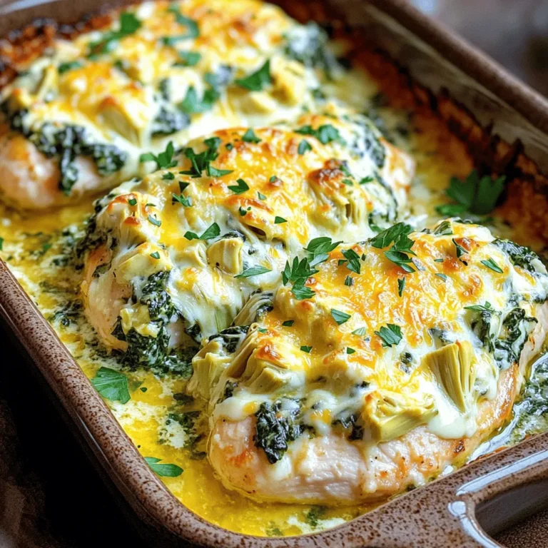 - 4 boneless, skinless chicken breasts - 1 cup fresh spinach, chopped - 1 cup artichoke hearts, drained and chopped - 1 cup cream cheese, softened - 1/2 cup sour cream - 1 cup shredded mozzarella cheese - 1/2 cup grated Parmesan cheese These main ingredients create a creamy and rich dish. The chicken provides protein, while spinach and artichokes add freshness. Cream cheese and sour cream bring a smooth texture. The mozzarella and Parmesan contribute that melty, gooey goodness we love. - 2 cloves garlic, minced - 1 teaspoon onion powder - 1 teaspoon Italian seasoning - Salt and pepper to taste Seasonings are key to a flavorful meal. Garlic gives a nice kick, while onion powder adds depth. Italian seasoning brings herbs like basil and oregano for a warm taste. Don’t forget to add salt and pepper to enhance the flavors. - Olive oil for greasing - Baking dish - Aluminum foil You will need a baking dish to hold everything together. A little olive oil keeps the dish from sticking. Aluminum foil helps cook the chicken evenly and keeps it moist. - Preheat oven to 375°F (190°C). - Grease the baking dish with olive oil. Start by getting your oven nice and warm. This helps the chicken cook evenly. Use olive oil to coat the baking dish. This keeps the chicken from sticking. - Season chicken breasts with salt, pepper, and onion powder. - Arrange chicken breasts in the baking dish. Take your chicken breasts and sprinkle them with salt, pepper, and onion powder. This gives it a tasty flavor. Place the seasoned chicken in the greased baking dish. Make sure to lay them flat for even cooking. - Combine spinach, artichokes, garlic, cream cheese, sour cream, and seasonings. - Mix until well blended and ready for heaping. In a bowl, mix together the fresh spinach, chopped artichokes, and minced garlic. Then add cream cheese and sour cream. Don’t forget to toss in some salt and pepper. Stir until everything is smooth. This filling will be rich and creamy. - Spread the filling over the chicken breasts. - Add the remaining cheeses on top. Now it’s time to assemble. Spread the spinach-artichoke filling over the top of each chicken breast. Make sure it covers the chicken well. Top it off with the remaining shredded mozzarella and Parmesan cheese. This will make a cheesy crust. - Cover with aluminum foil and bake initially. - Remove foil and continue baking until done. Cover the dish with aluminum foil. This helps cook the chicken without drying it out. Bake for 25 minutes. After that, take off the foil. Let it bake for another 15 minutes. This will make the cheese bubbly and golden. - Cooling time before serving. - Garnishing tips with parsley or basil. Once it’s out of the oven, let it cool for a few minutes. This makes it easier to serve. Garnish with fresh parsley or basil for color. Serve it warm with a side of quinoa or a fresh salad. To avoid dry chicken, start with fresh, boneless, skinless chicken breasts. Season them well with salt, pepper, and onion powder. This adds flavor while helping to keep the meat juicy. After you bake the dish, check the chicken's internal temperature. It should reach 165°F (75°C) for safe eating. The right baking time is key for cheesy goodness. Cover the dish with aluminum foil for the first 25 minutes. This helps steam the chicken. After that, remove the foil and bake for another 15 minutes. This allows the cheese to bubble and turn golden brown. You can boost the flavor with some optional spices. Try adding crushed red pepper flakes for heat or garlic powder for more depth. Fresh herbs like basil or parsley can also add a bright note. If you want a kick of flavor, consider adding lemon zest. This brightens the dish and pairs well with the cheese and spinach. For the best results, use a glass or ceramic baking dish. These materials hold heat well, ensuring even cooking. A 9x13-inch dish is perfect for this recipe. Useful kitchen tools include a mixing bowl and a spatula for combining your filling. A meat thermometer will help you check the chicken's doneness accurately. This ensures your dish comes out perfect every time. {{image_2}} If you need gluten-free options, use gluten-free cream cheese. You can also check the labels on your sour cream. For low-carb substitutions, swap the cream cheese for a low-carb spread. You can use cauliflower rice as a side for a nice touch. Instead of cream cheese, try Greek yogurt for a tangy flavor. Cottage cheese is a good alternative, too. For sour cream, consider using plain yogurt. You can mix different cheeses for more flavor. Try cheddar or gouda to switch things up. Add sun-dried tomatoes for a burst of flavor. Chopped peppers bring a nice crunch, too. You can swap spinach with kale or arugula for a different taste. Try adding mushrooms or zucchini for extra veggies. These changes can take your dish to new heights! To keep your Spinach Artichoke Chicken Bake fresh, follow these steps: - Let the dish cool completely. - Place leftovers in an airtight container. - Store in the fridge for up to three days. Using a glass or plastic container works best. Avoid stacking too many layers to keep it fresh. When you want to enjoy leftovers, here’s how to reheat: - Use an oven or microwave for best results. - If using the oven, set it to 350°F (175°C). - Cover with foil to keep moisture in. Reheat for about 15-20 minutes in the oven. If using a microwave, heat in short bursts of 1-2 minutes. This keeps the chicken juicy. Yes, you can freeze Spinach Artichoke Chicken Bake! - Allow it to cool completely first. - Wrap it tightly in plastic wrap and then in foil. - Mark the date and freeze for up to three months. When ready to eat, thaw it overnight in the fridge. To reheat, bake at 350°F (175°C) until hot. This way, you get to enjoy a tasty meal later! Spinach Artichoke Chicken Bake can last for about three to four days in the fridge. To store it properly, place it in an airtight container. This helps keep it fresh and tasty. If you notice any changes in smell or appearance, it's best to toss it out. Yes, you can make this dish ahead of time. Prepare it up to the baking step. Cover it tightly with foil and store it in the fridge for up to 24 hours. When ready to bake, add a few extra minutes to the cooking time. This helps ensure that it heats through completely. You can serve this dish with many sides. A fresh green salad adds a nice crunch. Quinoa or rice is a great base, too. You can also pair it with garlic bread for a tasty twist. Try roasted vegetables for added flavor and nutrients. Absolutely! You can make a vegetarian version by using mushrooms or extra artichokes. Tofu also works well for protein. Just replace the chicken with your chosen substitute. Adjust the baking time as needed to ensure everything cooks through. Yes, you can use frozen spinach or artichokes. Just make sure to thaw and drain them first. This prevents excess moisture in your dish. If using frozen ingredients, you may need to cook the dish a little longer to ensure everything is hot and bubbly. This Spinach Artichoke Chicken Bake combines tasty chicken with creamy filling. You can easily mix fresh ingredients and cheese for a fun family meal. Remember to preheat your oven and grease the dish well. If you want to get creative, try different flavors or swaps to fit your diet. Store any leftovers properly, and you can enjoy them later. With these tips, your dish will turn out delicious every time. Happy cooking!