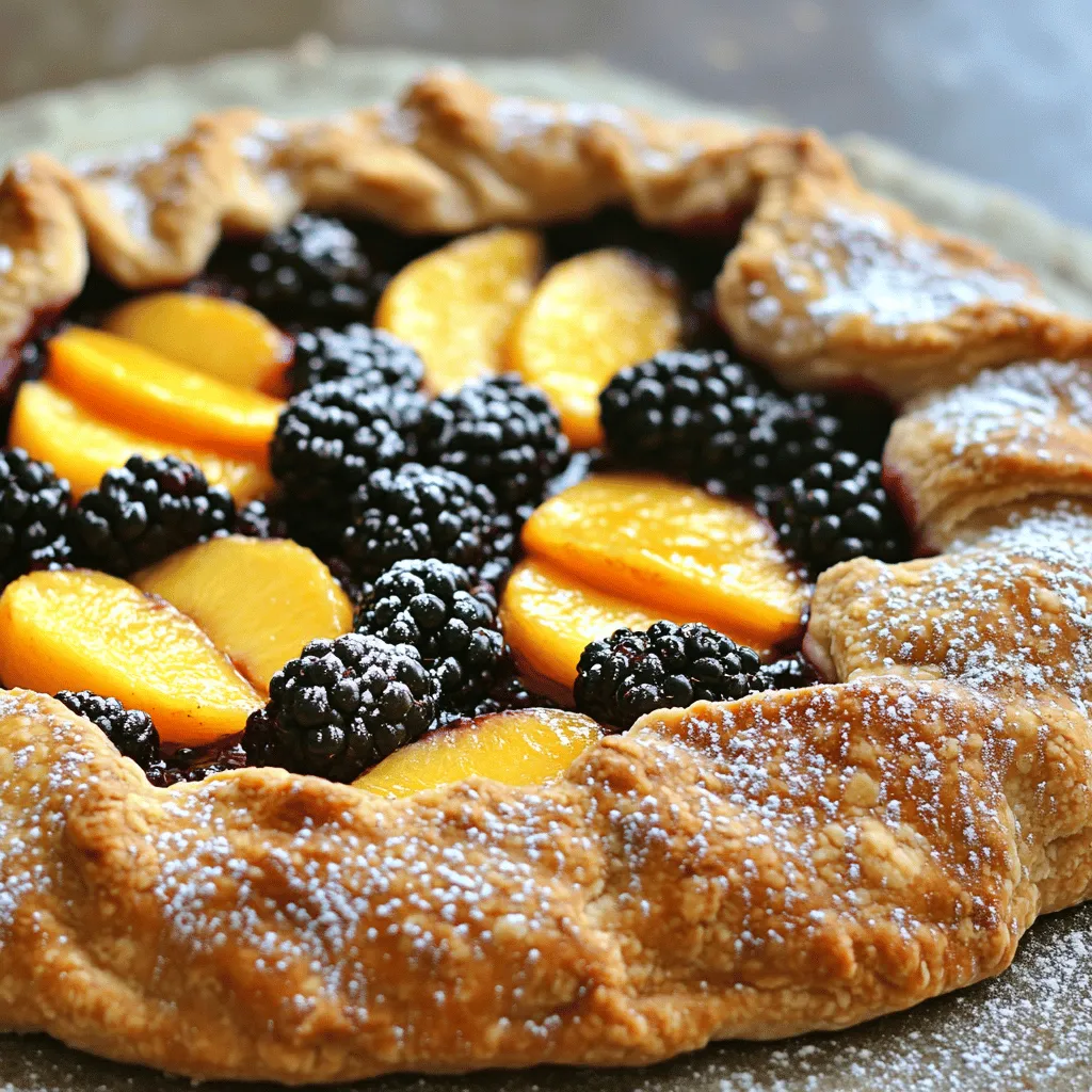 - 1 ½ cups all-purpose flour - 4 tablespoons granulated sugar, divided - ¼ teaspoon salt - ½ cup cold unsalted butter, cubed - 4 to 5 tablespoons ice water - 1 cup fresh blackberries - 1 cup peaches, peeled and sliced - 1 teaspoon vanilla extract - 1 tablespoon cornstarch - 1 teaspoon lemon juice - 1 egg (for egg wash) The essential ingredients make the galette shine. The flour gives the crust its base. Sugar adds sweetness, while salt enhances the flavors. Cold butter creates a flaky crust. Blackberries and peaches bring juicy goodness. Vanilla and lemon juice add depth. Cornstarch thickens the filling, ensuring it holds together. - Powdered sugar for dusting If you want a touch of sweetness, add powdered sugar on top. It gives a pretty finish and extra sweetness. You can also try adding spices like cinnamon or nutmeg for warmth. - Large mixing bowl - Pastry cutter or fork - Rolling pin - Parchment paper - Baking sheet Using the right tools makes your job easier. A large mixing bowl holds the dough well. A pastry cutter helps blend the butter smoothly. A rolling pin rolls the dough evenly. Parchment paper prevents sticking on the baking sheet. These tools ensure a great outcome. First, grab a large mixing bowl. In it, whisk together 1 ½ cups of all-purpose flour, 2 tablespoons of sugar, and ¼ teaspoon of salt. This mix should be light and airy. Next, add ½ cup of cold, cubed unsalted butter. Use a pastry cutter or your fingers to cut in the butter. You want a crumbly texture, like coarse sand. Then, slowly add 4 to 5 tablespoons of ice water, one tablespoon at a time. Mix until the dough holds together but is still slightly sticky. Form it into a disc, wrap it in plastic, and chill in the fridge for at least 30 minutes. While your dough chills, it's time for the fruit filling. In a medium bowl, combine 1 cup of fresh blackberries and 1 cup of peeled, sliced peaches. Add the remaining 2 tablespoons of sugar, 1 teaspoon of vanilla extract, 1 tablespoon of cornstarch, and 1 teaspoon of lemon juice. Toss everything gently together. Let this mixture sit for about 15 minutes. This allows the flavors to blend and the fruit to release some juice. Once the dough is ready, preheat your oven to 375°F (190°C). Line a baking sheet with parchment paper. On a lightly floured surface, roll out the dough into a 12-inch circle. Transfer it to the baking sheet. Spoon the fruit filling into the center of the dough, leaving a 2-inch border. Carefully fold the edges of the dough over the filling, creating pleats as you go. Beat 1 egg in a small bowl and brush it over the folded dough. This gives it a lovely golden color. Sprinkle a bit of sugar on top for extra sweetness. Bake for 35-40 minutes, until the crust is golden and the fruit is bubbly. Let it cool for a few minutes before slicing. If you like, dust with powdered sugar before serving. When picking peaches, look for ones that feel soft but not mushy. A sweet smell is a good sign too. The skin should be smooth and slightly fuzzy. Choose blackberries that are plump and dark. Avoid any with white or red spots. Fresh fruits will make your galette taste great. Getting the dough right is key. Start with cold butter. It makes the crust flaky. When mixing, stop when you see coarse crumbs. Overmixing makes the dough tough. Add ice water slowly. You want it slightly sticky but still easy to handle. Chilling the dough helps relax the gluten. This makes rolling it out easier. For a golden crust, brush the edges with an egg wash. This gives it a nice shine. Sprinkle a little sugar on top for a sweet crunch. Bake it until the crust is golden and the fruit bubbles. This usually takes about 35-40 minutes at 375°F. The right bake time makes all the difference in taste. {{image_2}} You can change the fruits in your galette to match your taste. Try using strawberries, blueberries, or apples. Each fruit brings its own flavor and texture. Combine fruits for a unique twist. For example, mix blackberries with raspberries. This adds a mix of sweet and tart. Spices can make your galette even better. Consider adding cinnamon or nutmeg to the fruit filling. Just a pinch can enhance the taste. You can also use fresh herbs like thyme or basil. They add a fresh, bright note to the sweetness of the fruit. You can make a gluten-free version of the galette. Use a gluten-free flour blend instead of all-purpose flour. For a dairy-free option, swap the butter for coconut oil or a dairy-free butter alternative. These changes keep the galette delicious while meeting dietary needs. Enjoy the same great taste with these options! To store leftover galette, let it cool down first. Place the pieces in an airtight container. You can also cover it tightly with plastic wrap. Store it in the fridge for up to three days. This keeps the crust fresh and the fruit tasty. To reheat your galette, use an oven for the best result. Preheat the oven to 350°F (175°C). Place the galette on a baking sheet. Heat it for about 10 to 15 minutes. This keeps the crust crisp and warms the fruit. You can also use a microwave, but the crust may get soft. You can freeze galette for later. First, let it cool completely. Wrap it tightly in plastic wrap, then in foil. This helps prevent freezer burn. You can freeze it for up to three months. When you’re ready to enjoy it, thaw it in the fridge. Reheat it in the oven for a fresh taste. To make the crust flaky, use cold butter. Cut it into small cubes and mix it with the flour. You want the butter to stay in small pieces. This helps create layers. Don’t overwork the dough; mix just until it holds together. Chilling the dough also helps. Refrigerate it for at least 30 minutes. Yes, you can use frozen fruit. It’s a great option when fresh fruit isn’t available. Just be sure to thaw and drain the fruit before using. This stops the galette from getting soggy. The flavor will still be tasty, but fresh gives the best texture. Serve the galette warm or at room temperature. It pairs nicely with a scoop of vanilla ice cream. You can also top it with whipped cream. Dusting it with powdered sugar adds a nice touch. This makes it look pretty and extra sweet. A galette lasts about two days at room temperature. Keep it covered to avoid drying out. If your kitchen is warm, store it in the fridge. This helps keep it fresh longer. Just remember, it’s best enjoyed fresh! Absolutely! You can make the dough a day ahead. Just wrap it tightly and store it in the fridge. You can also freeze it for up to a month. Thaw it in the fridge overnight before you use it. This makes the process easier on baking day. In this article, we explored how to make a tasty blackberry peach galette. We covered essential and optional ingredients, plus tools you'll need. I shared step-by-step instructions for preparing the dough and filling. I offered tips for choosing ripe fruit and perfecting your crust. We also looked at fun variations and storage tips. With these details, you're ready to create your own delicious galette. Enjoy each bite of your sweet, homemade treat!