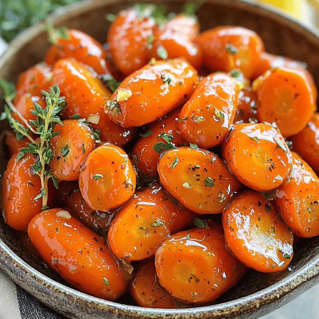 - 1 lb (450g) baby carrots, peeled - 3 tablespoons honey - 2 tablespoons unsalted butter - 3 cloves garlic, minced - 1 teaspoon fresh thyme leaves (or ½ teaspoon dried thyme) - Salt and pepper to taste - 1 tablespoon lemon juice - Fresh parsley, chopped (for garnish) When I make honey garlic glazed carrots, I appreciate how simple it is. The main ingredients are fresh baby carrots, honey, butter, and garlic. Each one adds flavor and texture. The sweetness of honey pairs well with the earthy taste of carrots. For extra flavor, I add thyme, salt, and pepper. These spices lift the dish. A splash of lemon juice adds a bright touch. Finally, fresh parsley brings a pop of color and freshness. These ingredients combine to create a delicious side dish. You can easily find them at any grocery store. With just a few steps, you can make this tasty recipe. It's perfect for dinner or a special occasion. Start by boiling the baby carrots. In a large pot, add enough water to cover the carrots. Bring the water to a boil. Once boiling, add the peeled baby carrots. Cook them for about 5-7 minutes. You want them tender but still crisp. After cooking, drain the carrots well and set them aside. Next, we will make the honey garlic sauce. In a large skillet, melt 2 tablespoons of unsalted butter over medium heat. Once the butter melts, add 3 cloves of minced garlic. Sauté the garlic for 1-2 minutes. Keep an eye on it to avoid burning. When the garlic smells good, stir in 3 tablespoons of honey and 1 teaspoon of fresh thyme leaves. Mix everything well to create a lovely sauce. Now it's time to combine the carrots with the sauce. Add the drained carrots to the skillet. Toss the carrots in the honey garlic mixture until they are well coated. Cook them for an additional 4-5 minutes. This allows the carrots to caramelize slightly and pick up a nice color. Season with salt and pepper to taste. Finally, drizzle in 1 tablespoon of fresh lemon juice and toss again. Remove from heat and transfer to a serving dish. Garnish with chopped fresh parsley for a pop of color and flavor before serving. To get the best texture for your carrots, start by boiling them. Cook baby carrots for about 5-7 minutes. They should be tender but still crisp. Drain them right away to stop the cooking. This keeps them from getting mushy. When you sauté garlic, keep a close eye on it. Garlic can burn fast. Melt your butter on medium heat and add minced garlic. Stir it for only 1-2 minutes. You want it fragrant, not brown. If it burns, it tastes bitter. You can change the flavor of your dish easily. Try adding fresh herbs like rosemary or dill. They give a nice twist. You can also use spices, such as cinnamon or nutmeg, for warmth. Instead of honey, you can use maple syrup or agave nectar. These sweeteners work well too. They add a unique flavor to your carrots. Experiment to find what you like best! {{image_2}} If you want to switch things up, you can use other vegetables. You can swap baby carrots for other types of carrots, like regular ones or even rainbow carrots. They have great colors and taste. You can also try parsnips or sweet potatoes. These root veggies add a nice twist to the dish. For a vegan version, replace the butter with olive oil or vegan butter. Use maple syrup instead of honey for sweetness. It tastes just as good and keeps the dish plant-based. If you like heat, add chili flakes to the honey garlic sauce. This gives a spicy kick that pairs well with the sweet carrots. Enjoy experimenting with these fun twists! To store leftovers, let the carrots cool first. Place them in an airtight container. This keeps them fresh and tasty. You can store them in the fridge for up to three days. If you want to keep them longer, consider freezing. Use a freezer-safe container for that. Just remember that freezing may change their texture. When reheating, the best method is on the stove. Heat a skillet over medium-low heat. Add a splash of water or a bit of butter. This helps keep the carrots moist. Stir gently until they are warm. You can also use a microwave. Place the carrots in a microwave-safe dish. Cover them with a damp paper towel. Heat in short bursts, stirring in between. Avoid high heat as it can dry them out. This way, you will keep their flavor and texture. How can I make this recipe vegan? To make honey garlic glazed carrots vegan, swap honey for maple syrup or agave nectar. Use vegan butter instead of unsalted butter. This change keeps the dish sweet and tasty without animal products. Can I use frozen carrots instead of fresh? You can use frozen carrots, but fresh carrots are best. Frozen carrots may lose some crunch. If you use frozen, cook them just until tender and adjust the cooking time. What can I serve with honey garlic glazed carrots? Honey garlic glazed carrots pair well with many dishes. Serve them alongside roasted chicken, grilled fish, or a hearty steak. They also go great with quinoa or rice for a vegetarian meal. This recipe gives you a tasty side dish with baby carrots. You learned how to cook them in honey garlic sauce. I shared tips for perfecting your carrots and ideas for variations. You can store leftovers well and enjoy them later. Experiment with flavors, and try new veggies to keep it fun. Cooking is all about creativity and enjoyment. You can make any meal special with this dish!