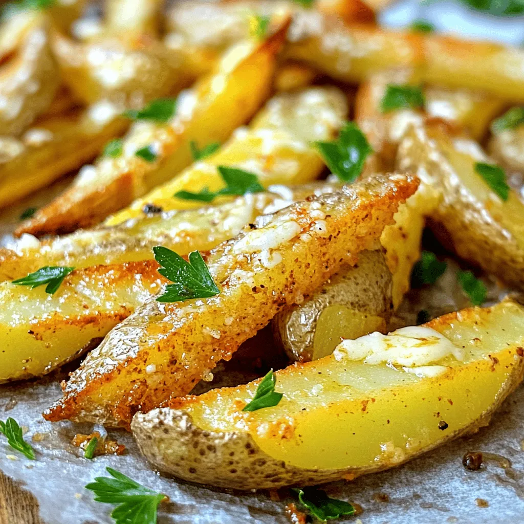 To make tasty Garlic Parmesan Air Fryer Fries, gather these ingredients: - 4 large russet potatoes, cut into fries - 3 tablespoons olive oil - 4 cloves garlic, minced - 1 teaspoon garlic powder - 1 teaspoon onion powder - 1 teaspoon smoked paprika - ½ cup grated Parmesan cheese - Salt and freshly ground black pepper to taste - Chopped parsley for garnish These simple ingredients combine to create a flavor bomb that you’ll love. I suggest using russet potatoes for the best fries. They have a high starch content. This makes them fluffy inside and crispy outside. Their texture holds up well during cooking and frying. You could also try Yukon Gold potatoes. They add a buttery taste, which is delightful. Want to jazz up your fries? Here are some fun toppings: - Crushed red pepper flakes for heat - Freshly grated Parmesan for extra cheese flavor - Bacon bits for a savory crunch - Fresh herbs like thyme or rosemary for a fragrant touch Feel free to mix and match these toppings. Make your Garlic Parmesan Air Fryer Fries your own! Start by preheating your air fryer to 400°F (200°C). Let it heat for about 5 minutes. This step helps the fries cook evenly and become crispy. Next, grab 4 large russet potatoes. Cut them into thick fries. Place the fries in a large bowl. Drizzle in 3 tablespoons of olive oil. Toss the fries well to coat them evenly. This oil helps them crisp up nicely. Now, add 4 minced garlic cloves, 1 teaspoon of garlic powder, 1 teaspoon of onion powder, and 1 teaspoon of smoked paprika. Sprinkle in salt and freshly ground black pepper. Mix everything well, so each fry is flavorful. Now, it’s time to cook! Place the fries in the air fryer basket in a single layer. If you have a small air fryer, you might need to cook in batches. Air fry the fries for 15-20 minutes. Halfway through, shake the basket to ensure even cooking. Keep an eye on them. You can adjust the time based on how crispy you want your fries. Once they turn golden and crispy, take them out. Immediately sprinkle ½ cup of grated Parmesan cheese over the hot fries. Toss them gently to help the cheese stick. Finally, garnish with chopped parsley before serving. Enjoy your delicious garlic Parmesan air fryer fries! To get crispy fries, start with russet potatoes. Their high starch content helps. Cut your fries evenly. This ensures they cook at the same rate. Soak the fries in cold water for 30 minutes. This removes excess starch and makes them crispier. Pat them dry before cooking. The drier they are, the crunchier they’ll get. Coat them lightly with olive oil to promote crispness. Don't overcrowd the air fryer. This allows air to circulate freely. Shake the basket halfway through cooking for even crisping. For more flavor, add fresh herbs like thyme or rosemary. You can mix in some cayenne pepper for heat. Try adding lemon zest for a fresh twist. Use fresh garlic for a stronger taste. Toss the fries with cheese while they are still hot. This helps the cheese melt and stick better. You can also sprinkle some extra spices after cooking. This gives a final flavor boost. Don't forget to adjust salt to your taste. It's key for bringing out all the flavors. If your fries turn out soggy, check your oil amount. Too much oil can cause this. If they are undercooked, increase the cooking time. Remember, cooking times can vary. If they stick to the basket, try using parchment paper. This helps prevent sticking. For uneven cooking, make sure to shake the basket. This ensures all fries get the same heat. If they burn, lower the temperature. Cooking them at a lower heat for longer can help. {{image_2}} You can mix things up with different seasonings. Try Cajun spice for a kick. If you like heat, add chili powder or cayenne pepper. For a fresh twist, use Italian herbs like oregano or basil. You can also try a bit of lemon zest for brightness. The options are endless, and you can create your own favorite blend. Parmesan is great, but you can switch it up. Grated Pecorino Romano adds a salty bite. Cheddar cheese gives a rich flavor, while feta can add a tangy twist. For a fun twist, try crumbled blue cheese or even nutritional yeast for a vegan option. Each cheese brings a new taste to your fries. The air fryer lets you explore healthier snacks. You can make sweet potato fries for added vitamins. Zucchini fries are another great choice. Just slice zucchini, coat with your favorite seasonings, and air fry. You can even try air-fried chickpeas for a crunchy snack. These options keep your meals tasty and healthy. To keep your leftover fries fresh, let them cool down first. Place them in an airtight container. Store the container in the fridge for up to three days. If you want to keep them longer, freezing is a good option. When you're ready to enjoy your fries again, use the air fryer for the best results. Preheat the air fryer to 375°F (190°C). Place the fries in the basket in a single layer. Heat them for about 5-7 minutes. This method helps restore their crispiness. You can also use a regular oven at the same temperature for 10-12 minutes. If you want to freeze your fries, place them on a baking sheet first. Freeze them for about an hour until solid. Then transfer them to a freezer bag. Remove as much air as possible before sealing. Frozen fries can last up to three months. When you’re ready to cook them, do not thaw. Just toss them straight into the air fryer. Cook at 400°F (200°C) for 15-20 minutes, shaking halfway through. I recommend a basket-style air fryer. It cooks the fries evenly. Look for one with adjustable temperature settings. A model with a larger capacity is great for making more fries at once. This way, you can enjoy a big batch without waiting too long. Yes, you can! Sweet potatoes add a nice, sweet flavor. They also bring a vibrant color to your fries. Just cut them into similar sizes to ensure even cooking. Adjust the cooking time slightly. Sweet potatoes may cook faster than russet potatoes. To make gluten-free fries, ensure all your seasonings are gluten-free. Most spices, like garlic powder and onion powder, are safe. Use gluten-free Parmesan cheese. Always check labels to be sure. Enjoy your crispy fries worry-free! In this post, I covered the key steps to make perfect air fryer fries. We discussed the best ingredients, including recommended potatoes and fun toppings. I shared easy, step-by-step instructions to get crispy fries. You learned tips for flavor and solving common issues. I also explored variations and proper storage methods. Now, you can create your ideal fries at home. Enjoy experimenting with flavors and toppings! Get ready for a tasty snack that surprises everyone.