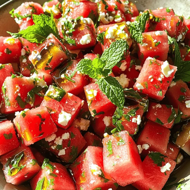 To make a tasty Watermelon Feta Mint Salad, you need: - 4 cups watermelon, cubed - 1 cup feta cheese, crumbled - 1/4 cup fresh mint leaves, torn - 2 tablespoons olive oil - 1 tablespoon balsamic glaze - Salt and pepper to taste These main ingredients make the salad refreshing and bright. The watermelon brings sweetness, while feta adds creaminess. Mint gives a fresh flavor that makes each bite exciting. You can add zest for more zing. Use the zest of 1 lime to boost the taste. Lime zest gives a nice citrus note that pairs well with watermelon. You might also consider adding sliced cucumbers for extra crunch or even red onion for a bit of bite. If you need alternatives, here are some easy swaps: - Substitute feta with goat cheese for a tangy twist. - Use a vegan feta for a plant-based option. - If you want less sweetness, skip the balsamic glaze. These swaps let you enjoy the salad, no matter your dietary needs. You can keep it fresh and fun while still tasting great! To start, grab your watermelon. Cut it into bite-sized cubes. Aim for about 4 cups. Place these cubes in a large mixing bowl. Next, take your feta cheese. Crumble it gently and add it to the bowl. Be careful not to mash the feta. You want those lovely little chunks for texture. Now, let's make the dressing. In a small bowl, combine 2 tablespoons of olive oil with 1 tablespoon of balsamic glaze. Whisk them together until they blend well. This dressing adds a sweet and tangy flavor to the salad. With the watermelon and feta ready, sprinkle the torn mint leaves over the top. These fresh leaves add a nice aroma. Now, drizzle your olive oil mixture over the salad. Then, season with salt and pepper to taste. If you like zest, add the zest of 1 lime for extra flavor. Mix everything gently to combine. - Let it Rest for Enhanced Flavor Now, here’s a great tip. Let the salad sit for about 5-10 minutes. This resting time helps the flavors meld together. Your salad will taste even better when you serve it! When you pick a watermelon, look for one that feels heavy for its size. A good watermelon should have a smooth, even skin. Check for a yellow spot on its side; this shows it ripened on the ground. Tap it lightly; a deep sound means it's ripe and juicy. Avoid watermelons with bruises or soft spots. You can make this salad ahead of time. Prepare it a few hours before serving. Just cut the watermelon and mix with the feta and mint. Store it in the fridge, but wait to add the dressing. This keeps the salad fresh and the flavors bright. For a great look, use a large shallow bowl. Layer the watermelon and feta for a colorful display. Sprinkle extra mint leaves on top for a bright touch. Drizzle balsamic glaze over the salad just before serving. This adds a nice shine and a burst of flavor. {{image_2}} You can make your Watermelon Feta Mint Salad even better by adding seasonal fruits. Try adding fresh berries like strawberries or blueberries. They add color and a sweet burst. You can also mix in some diced cucumber for a crunchy texture. If you want a tropical twist, add small pieces of mango or pineapple. These fruits will blend well and bring a fun flavor. While olive oil and balsamic glaze are great, you can switch things up. Consider using lime juice for a bright, zesty flavor. A honey-lime dressing can also add a sweet touch. If you like spice, try adding a touch of chili oil. This will give your salad a nice kick. Experimenting with dressings allows you to find your favorite mix. This watermelon feta mint salad pairs well with other greens. You can mix it with arugula or spinach for extra nutrients. If you enjoy grains, add quinoa or farro for a hearty meal. These additions can turn your salad into a main dish. Feel free to get creative and combine your favorite salad ingredients. After enjoying your Watermelon Feta Mint Salad, store leftovers in an airtight container. Keep it in the fridge for best results. Make sure to remove any extra dressing. This helps prevent the salad from getting soggy. If you mix in the dressing, the salad may lose its crunch. When stored properly, the salad lasts for about 2-3 days in the fridge. However, for the best taste and texture, eat it within the first day. Watermelon can release water, which may change the salad’s texture over time. I do not recommend freezing this salad. The watermelon will get mushy once thawed. Feta cheese can also lose its texture. If you want to save some ingredients, consider freezing the mint separately. You can add fresh mint later when you serve the salad again. Yes, you can! Try goat cheese or ricotta instead of feta. Both add unique flavors. Goat cheese has a tangy taste, while ricotta is creamy. You can even use mozzarella for a milder flavor. Just remember to keep the cheese crumbly or in small pieces. This way, it mixes well with the watermelon. This salad is vegetarian but not vegan. Feta cheese comes from milk, making it non-vegan. If you want a vegan version, skip the feta. You can add avocado for creaminess or nuts for crunch. This keeps the salad tasty and satisfying without cheese. Watermelon is hydrating and low in calories. It is full of vitamins A and C, which help skin and eyes. Mint adds flavor with few calories. It may aid digestion and freshen breath. Together, they make a refreshing and healthy snack for hot days. Absolutely! Adding protein makes the salad heartier. You can use grilled chicken or shrimp for a tasty twist. Chickpeas or black beans are great plant-based options. Just mix in your choice of protein after you add the other ingredients. This makes the salad more filling and nutritious. This blog post shared how to make a tasty Watermelon Feta Mint Salad. You learned about key and optional ingredients to fit your taste. We covered easy steps for preparing the salad, mixing the dressing, and combining everything for best flavor. I shared tips on picking the right watermelon and great serving ideas. In the end, this salad is fresh, versatile, and easy. It fits many diets with simple swaps. Enjoy this dish anytime for a healthy treat!