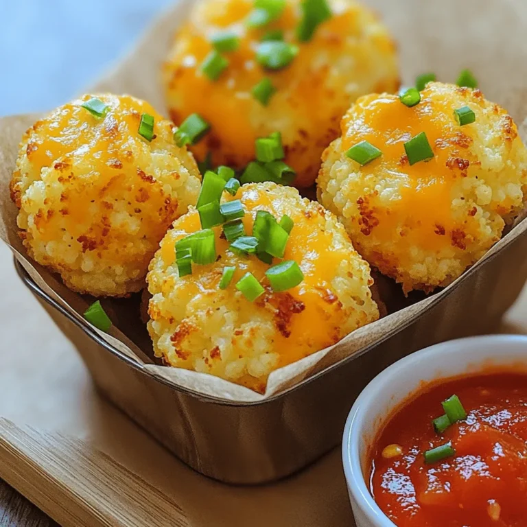 - 1 medium head of cauliflower, cut into florets - 1 cup shredded cheddar cheese - 1/2 cup grated parmesan cheese - 1 large egg - 1/2 cup breadcrumbs (can use gluten-free if needed) - 2 green onions, finely chopped - 1 teaspoon garlic powder - 1 teaspoon onion powder - Salt and pepper to taste - Cooking spray or olive oil for greasing Let’s break down the key ingredients for these cheesy cauliflower tots. First, you need a medium head of cauliflower. This is the star of the recipe. It gives the tots their shape and healthy boost. Cutting it into florets helps it cook evenly. Next, the cheese varieties are crucial for flavor. I use one cup of shredded cheddar cheese for a rich taste. Parmesan cheese, at half a cup, adds a nice sharpness. You can mix and match different cheeses if you like. The additional ingredients bring everything together. You need one large egg to bind the mixture. Half a cup of breadcrumbs helps achieve that crispy texture. If you prefer gluten-free, you can easily substitute with gluten-free breadcrumbs. Finally, the seasonings enhance the taste. Two finely chopped green onions add freshness. One teaspoon each of garlic and onion powder gives a nice depth. Don’t forget to season with salt and pepper to your liking. Having these ingredients ready makes the cooking process smooth. You’ll enjoy each step more when you have everything organized. So, gather these ingredients, and let’s get ready to make some tasty, crispy cheesy cauliflower tots! Preheating the Oven First, set your oven to 400°F (200°C). This will help the tots cook evenly. Line a baking sheet with parchment paper. Then, lightly grease the paper with cooking spray or olive oil to prevent sticking. Cooking the Cauliflower Next, bring a large pot of water to a boil. Add the cauliflower florets. Cook them for about 5-7 minutes until they are tender. Drain the cauliflower and let it cool. This step makes your tots softer and easier to mix. Draining Moisture Once the cauliflower is cool, take a clean kitchen towel or cheesecloth. Use it to squeeze out as much moisture as you can. Removing the moisture is key for making the tots crispy. Combining Components In a large mixing bowl, add the drained cauliflower. Then, add the shredded cheddar cheese and grated parmesan cheese. Crack in one large egg. Next, mix in the breadcrumbs, chopped green onions, garlic powder, onion powder, salt, and pepper. Stir everything together until well combined. Shaping the Tots Now, take a handful of the mixture and shape it into small tots. Aim for the size of a walnut. This size helps them cook evenly. Place each tot on the prepared baking sheet, leaving space between them. Arranging on Baking Sheet Make sure the tots are spaced out on the baking sheet. This allows hot air to reach all sides, making them crispy. Baking Time and Temperature Bake your tots in the preheated oven for 20-25 minutes. Flip them halfway through to get an even golden brown color. When they are crispy and brown, they are ready. Let them cool slightly before serving. Moisture Removal Techniques To get crispy tots, you must remove moisture from the cauliflower. After cooking, drain the cauliflower well. Then, use a clean kitchen towel or cheesecloth to squeeze out extra water. This step is key. The drier the cauliflower, the crisper the tots. Proper Baking Tips Baking at the right temperature is crucial. Preheat your oven to 400°F (200°C). Place the tots on a lined baking sheet. Make sure they have space between them. This allows hot air to circulate and helps them crisp up. Flip the tots halfway through baking. This ensures even browning. Bake for 20 to 25 minutes until golden brown. Dipping Sauces These cheesy cauliflower tots taste great with dipping sauces. Try marinara sauce for a classic option. Ranch dressing adds a cool twist. You can also serve them with spicy aioli for a kick. Presentation Ideas For a fun presentation, use a small basket. Line it with parchment paper for a homey touch. You can also serve them on a colorful plate. Garnish with extra chopped green onions to add color. This makes your dish look even more appealing. {{image_2}} You can change the cheese in your cheesy cauliflower tots. Cheddar is great, but try mozzarella for a milder taste. Gouda adds a nice smokiness, while feta gives a tangy kick. Mixing cheeses can create a deeper flavor. If you want a dairy-free option, vegan cheese works well. Look for brands that melt nicely for best results. Nutritional yeast is another choice, adding a cheesy flavor without dairy. Adding spices makes your tots unique. Try mixing in paprika for a smoky taste. A pinch of cayenne adds heat. You can also use Italian herbs like oregano and basil for a fresh flavor. Incorporating vegetables boosts nutrition. Finely shredded carrots or zucchini mix in well. You can also add cooked spinach for extra greens. Just make sure to remove moisture from any added veggies. This keeps your tots crispy and delicious! Refrigeration Tips To keep your cheesy cauliflower tots fresh, place them in an airtight container. Store them in the fridge for up to three days. This helps maintain their flavor and texture. If you want to enjoy them later, it's best to reheat them instead of eating them cold. Freezing Instructions If you have extra tots, freezing is a great option. First, let them cool completely. Then, place them in a single layer on a baking sheet. Freeze them for about an hour until firm. After that, transfer them to a freezer-safe bag. They can last for up to three months in the freezer. Make sure to label the bag with the date. Best Methods for Reheating The best way to reheat cheesy cauliflower tots is in the oven. Preheat your oven to 375°F (190°C). Place the tots on a baking sheet and heat for about 10-15 minutes. This method keeps them crispy. You can also use an air fryer if you want them extra crispy. Maintaining Texture and Flavor To keep the flavor intact, avoid using the microwave. Microwaving can make them soggy. Instead, reheating in the oven or air fryer retains that nice crunch. If they seem dry, you can lightly spray them with olive oil before reheating. This adds moisture back into the tots. Yes, you can. Just use gluten-free breadcrumbs. They work just as well. Your tots will still be crispy and tasty. Look for a golden-brown color. The outside should feel crispy. This usually takes 20 to 25 minutes in the oven. Flipping them halfway helps with even cooking. Yes, you can use frozen cauliflower. Just make sure to thaw and drain it well. Remove as much water as you can. This step is key to getting crispy tots. These tots pair well with dips. Try marinara sauce or ranch dressing. You can also serve them with a salad for a fresh touch. In this post, we explored making Cheesy Cauliflower Tots. We listed simple ingredients, outlined easy steps, and shared tips for perfect results. Remember to drain cauliflower well for crispiness. Feel free to mix cheese types or spices for flavor. Store any leftovers properly for another day. With these easy steps, you'll make a tasty snack or side dish. Enjoy your cooking and share these delicious tots with others!