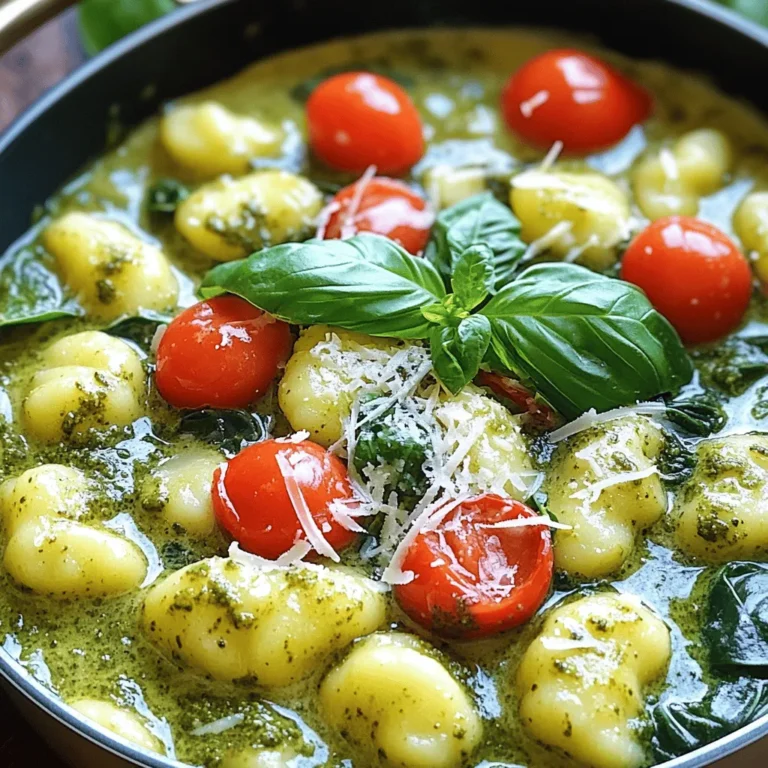 To make creamy pesto gnocchi, you need simple and fresh ingredients. Here’s what you’ll need: - 1 pound potato gnocchi - 2 cups fresh spinach, roughly chopped - 1 cup cherry tomatoes, halved - 1 cup heavy cream - 1/2 cup basil pesto - 1/2 cup grated Parmesan cheese - 2 tablespoons olive oil - 2 cloves garlic, minced - Salt and pepper to taste These ingredients blend together to create a dish that is rich and satisfying. The gnocchi is soft and fluffy. The cream adds richness. The pesto gives it a fresh flavor. You can make this dish your own. Here are some options to try: - Add cooked chicken or shrimp for protein. - Use kale or arugula instead of spinach. - Swap cherry tomatoes for sun-dried tomatoes. - Try different types of cheese, like feta or mozzarella. - Include nuts like pine nuts or walnuts for crunch. Feel free to play with these choices. They will change the taste and texture. Garnishes add a nice touch to your dish. Here are some ideas: - Fresh basil leaves - Extra grated Parmesan cheese - A drizzle of olive oil - Crushed red pepper flakes for heat These garnishes will make your creamy pesto gnocchi even more appealing. They add color and flavor. Enjoy experimenting! Gather all your ingredients first. This makes cooking easier. You need: - 1 pound potato gnocchi - 2 cups fresh spinach, roughly chopped - 1 cup cherry tomatoes, halved - 1 cup heavy cream - 1/2 cup basil pesto - 1/2 cup grated Parmesan cheese - 2 tablespoons olive oil - 2 cloves garlic, minced - Salt and pepper to taste - Fresh basil leaves for garnish Make sure your vegetables are fresh. Wash the spinach and chop it well. Halve the cherry tomatoes so they cook faster. Start by heating the olive oil in a large pot over medium heat. Add the minced garlic and cook for about 1 minute. This lets the garlic release its nice smell. Then, add the cherry tomatoes. Cook them for 3-4 minutes until they soften. Next, stir in the fresh spinach. Cook until it wilts, which takes about 2 minutes. After that, pour in the heavy cream and add the basil pesto. Stir well and bring it to a gentle simmer. Now, add the potato gnocchi. Make sure they are fully covered by the creamy sauce. Cook them for 3-5 minutes. You will know they are ready when they float. Stir occasionally to keep them from sticking. Once cooked, remove the pot from heat. Stir in the grated Parmesan cheese until it melts and thickens the sauce. Season with salt and pepper to taste. Finally, garnish with fresh basil leaves before serving. To cook gnocchi perfectly, watch for them to float. This shows they are done. Avoid overcooking, or they may get too soft. Stir gently to prevent sticking. If you want extra flavor, consider adding a splash of lemon juice or zest. This brightens the dish and adds a nice touch! One-pot cooking is easy and fun. Here are some tips to make it even better: - Use a large pot: A bigger pot gives you room to stir. - Prep ingredients first: Chop and measure all items before cooking. This saves time. - Heat oil well: Make sure your oil is hot before adding garlic. This brings out the best flavor. Adding depth to your dish is key. Here are some ways to boost the taste: - Add fresh herbs: Toss in fresh basil or parsley at the end. This adds brightness. - Use quality pesto: A good pesto makes a big difference. Try brands with fresh ingredients. - Sprinkle spices: A pinch of red pepper flakes adds a nice kick. Adjust to your taste. Learning from others is smart. Here are common errors to watch for: - Overcooking gnocchi: They cook fast. Remove them once they float. This means they are done! - Not stirring enough: Stir often to prevent sticking and burning. - Skipping seasoning: Don’t forget salt and pepper. Taste as you go to get it just right. {{image_2}} You can easily make this dish vegetarian. Just skip the Parmesan cheese. For a vegan twist, use non-dairy cream and vegan pesto. Both swaps keep the creamy texture. You won't miss the cheese, thanks to the flavors from the pesto and veggies. Want to add protein? Cooked chicken or shrimp work great. Just toss them in when you add the gnocchi. If you prefer plant-based options, try chickpeas or lentils. They add nice texture and flavor, making the dish heartier. You can mix up the sauce too. Try sun-dried tomato pesto for a richer taste. A bit of lemon juice can brighten the dish. For a spicy kick, add red pepper flakes. This keeps things fun and lets you explore new flavors. To store leftovers of creamy pesto gnocchi, let it cool first. Then, place it in an airtight container. This helps keep the flavors fresh. Store in the fridge for up to three days. When you want to eat it again, check for any signs of spoilage. Reheat your creamy pesto gnocchi gently. Place it in a pot over low heat. Add a splash of cream or water to help it warm up. Stir often to avoid burning. You can also use the microwave. Heat it in short bursts, stirring between each one. This keeps it creamy and tasty. If you want to freeze your gnocchi, use a freezer-safe container. It can last up to three months. However, the texture may change a bit. To thaw, move it to the fridge overnight. Then, reheat as mentioned above. Enjoy your meal at a later time! Yes, you can use frozen gnocchi in this recipe. Just add them straight from the freezer. They will cook in the sauce as you prepare the dish. This saves time and makes the meal even easier. Frozen gnocchi works well in this creamy pesto sauce. If you want a lighter option, use half-and-half or whole milk. For a non-dairy option, try coconut cream or cashew cream. These alternatives will change the flavor a bit. However, they still provide creaminess that works great in this dish. To make this dish dairy-free, substitute the heavy cream with coconut cream or almond milk. You can also skip the cheese or use dairy-free cheese. Make sure to check labels for any hidden dairy ingredients. This way, you can enjoy creamy pesto gnocchi without dairy. Absolutely! You can add any veggies you love. Zucchini, bell peppers, or peas work well. Just sauté them with the garlic and tomatoes. This adds color and nutrition to your dish. Plus, it makes cooking even more fun and tasty! Creamy pesto gnocchi is a fun dish to try. We covered key ingredients, cooking steps, and tips for great flavors. You can customize it with proteins or sauces. Remember to store leftovers properly to enjoy later. With the right tricks, you’ll avoid common mistakes. Keep experimenting and make this meal your own. You’ll impress your family and friends with your skills. Enjoy every bite!