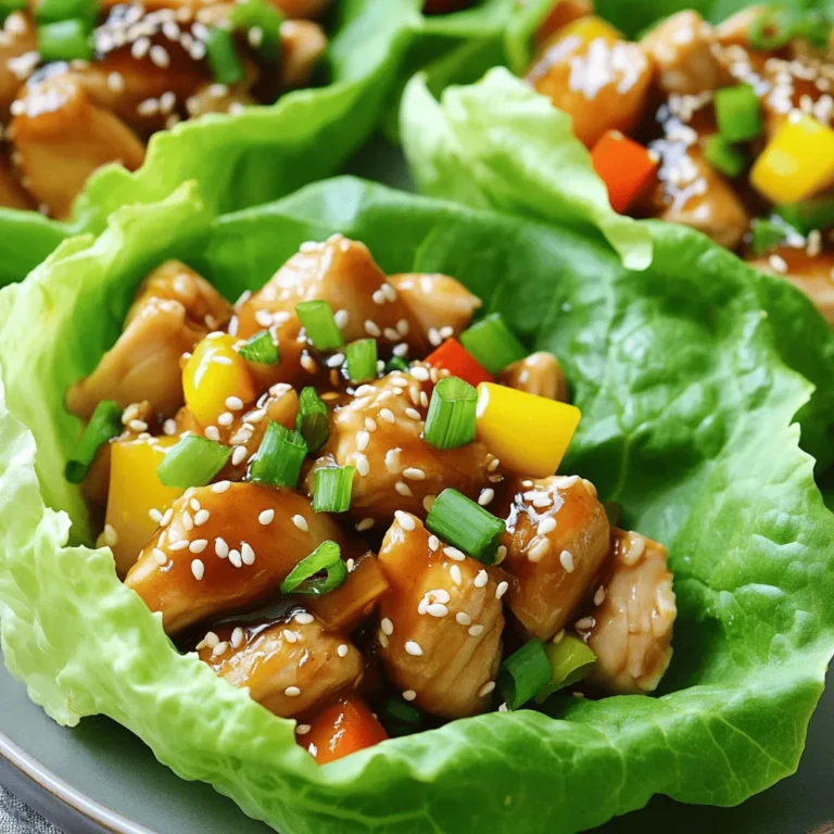 To make teriyaki chicken lettuce wraps, you need some key ingredients. Here’s what you should gather: - 1 lb boneless, skinless chicken thighs, diced - 1 tablespoon vegetable oil - 1/4 cup teriyaki sauce (homemade or store-bought) - 1 tablespoon honey - 1 clove garlic, minced - 1 teaspoon ginger, grated - 1/2 cup bell peppers, diced (any color) - 1/4 cup green onions, sliced - 1/4 cup water chestnuts, chopped - 1 head of butter lettuce or romaine, leaves separated - Sesame seeds for garnish These ingredients come together to create a tasty and satisfying dish. The chicken provides protein while the veggies add crunch. You can enhance the wraps with some extra garnishes and herbs. Here are a few I recommend: - Chopped cilantro - Shredded carrots - Lime wedges These add a fresh touch. They make each bite more exciting. Feel free to mix and match based on your taste. Pair your lettuce wraps with simple sides for a full meal. Here are a few ideas: - Steamed rice - Edamame - Cucumber salad These sides balance the flavors well. They help to round out your meal, making it more enjoyable. First, gather your ingredients. You need chicken, teriyaki sauce, honey, garlic, ginger, and veggies. I like to dice the chicken thighs into small pieces. This helps them cook faster. Next, chop the bell peppers and water chestnuts. Slice the green onions too. Set everything aside. In a large skillet, heat 1 tablespoon of vegetable oil over medium heat. When the oil is hot, add the diced chicken. Cook for 5 to 7 minutes, stirring often. You want the chicken to turn golden brown and cook all the way through. While the chicken cooks, mix the teriyaki sauce, honey, minced garlic, and grated ginger in a small bowl. After the chicken is ready, pour this sauce over it. Stir well to coat the chicken. Let it simmer for 2 to 3 minutes. This lets the sauce thicken a bit. Now, add the diced bell peppers, chopped water chestnuts, and half of the sliced green onions. Stir everything and cook for another 2 minutes. To make the wraps, take a lettuce leaf. Spoon a good amount of the teriyaki chicken mixture into the center. Then, sprinkle the rest of the green onions and some sesame seeds on top. Fold the sides of the lettuce over the filling. Now, you can enjoy your fresh and tasty teriyaki chicken lettuce wraps! To cook chicken thighs just right, start with high heat. Heat the oil in your skillet until it shimmers. Add the diced chicken and let it sit for a minute. This helps to get a nice brown color. Stir it occasionally for even cooking. Cook for about 5-7 minutes until the chicken is no longer pink. Always check that the internal temperature reaches 165°F. This ensures your chicken is safe to eat and juicy. The sauce is the star of this dish. To make it thick and flavorful, mix the teriyaki sauce, honey, garlic, and ginger in a bowl. Pour this over the cooked chicken. Let it simmer for 2-3 minutes. This step allows the sauce to cling to the chicken. If you prefer it thicker, cook it a bit longer. Just watch it closely so it doesn’t burn. When serving, use fresh lettuce leaves as your wraps. Butter lettuce or romaine works best. Spoon the teriyaki chicken mixture into the center of each leaf. Add diced bell peppers and sprinkle with green onions and sesame seeds. These toppings add crunch and flavor. For a fun twist, serve with a side of rice or quinoa. This makes a complete meal that everyone will love. Enjoy your fresh and tasty wraps! {{image_2}} You can swap chicken for turkey or tofu. Turkey gives a leaner taste. Use ground turkey for a nice texture. Tofu is a great choice for a plant-based meal. Press and cube firm tofu before cooking. Both options hold teriyaki sauce well. You can add more veggies to your wraps. Try mushrooms, carrots, or zucchini. These veggies add flavor and crunch. You can also mix in spinach or kale. This makes your wraps healthier and more colorful. Get creative with your favorite vegetables. While teriyaki sauce is a star, you can mix it up. Try hoisin sauce for a sweeter taste. A bit of sriracha can add heat if you like spice. You can also use peanut sauce for a nutty twist. Each sauce changes the flavor and feel of the dish. Experiment and find your favorite! To keep your Teriyaki Chicken Lettuce Wraps fresh, place leftovers in an airtight container. Make sure to cool the chicken mixture before sealing. Store it in the fridge. It will stay good for about three days. Keep the lettuce leaves separate. This helps prevent them from wilting. When you’re ready to enjoy your leftovers, reheat the chicken mixture. You can use a skillet over medium heat. Stir until it’s hot. You can also use a microwave. Place the chicken in a bowl and cover it. Heat for one to two minutes. Always check the temperature to make sure it’s hot all the way through. If you want to save your Teriyaki chicken for later, freeze it. Store the chicken mixture in a freezer-safe bag. Remove as much air as possible before sealing. It will last for up to three months. When you’re ready to eat, thaw it in the fridge overnight. Then, reheat as mentioned above. Enjoy your tasty meal anytime! You can use other leafy greens if you prefer. Try using collard greens or Swiss chard. These greens hold the filling well. You can also use large cabbage leaves for a stronger wrap. Yes, you can prepare the filling ahead of time. Cook the chicken and mix it with the sauce. Store it in the fridge for up to three days. When ready, just assemble the wraps with fresh lettuce. These wraps are not spicy at all. The teriyaki sauce adds sweetness and flavor. If you want heat, add some chili flakes or sriracha to the chicken mixture. Great toppings include sliced green onions and sesame seeds. You can also add shredded carrots or chopped cilantro. For extra crunch, sprinkle in some crushed peanuts or cashews. In this post, we covered how to make Teriyaki Chicken Lettuce Wraps. You learned about key ingredients and optional garnishes. I shared steps to prepare, cook, and assemble your wraps. Tips for perfect chicken and sauce added extra flair. We also explored tasty variations and how to store leftovers. Remember, these wraps are fun and simple. Feel free to switch proteins or add veggies to fit your taste. Enjoy your cooking journey!