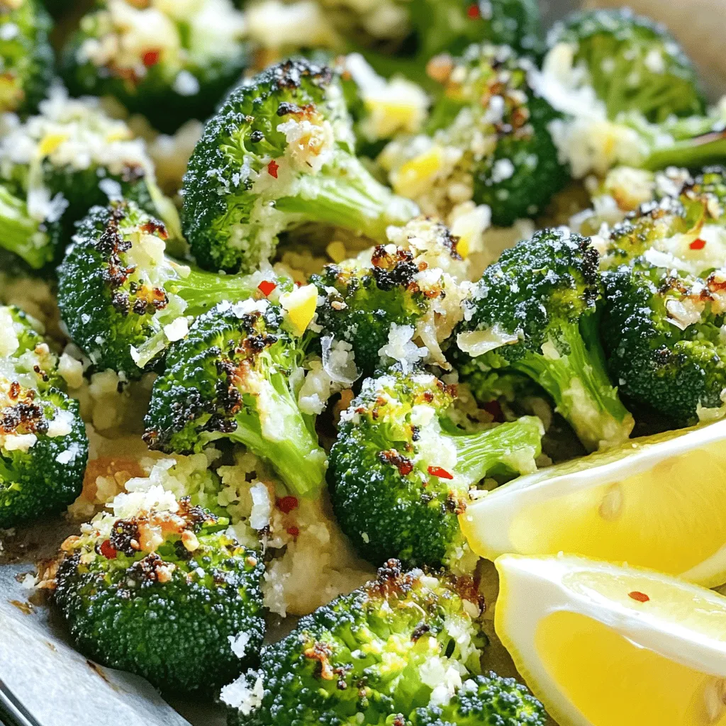 To make Garlic Parmesan Roasted Broccoli, you need a few key items. Gather these essential ingredients: - 1 pound fresh broccoli florets - 3 tablespoons olive oil - 4 cloves garlic, minced - 1/4 cup grated Parmesan cheese - Salt and pepper to taste These items create a great base for a tasty dish. The fresh broccoli brings a nice crunch, while the garlic adds a strong flavor. Olive oil helps everything roast well, and Parmesan adds a rich, cheesy touch. You can enhance your dish with a few optional ingredients. Consider adding: - 1 teaspoon lemon zest - 1/2 teaspoon red pepper flakes Lemon zest gives a fresh kick, making the flavors pop. Red pepper flakes add a bit of heat. You can adjust these to suit your taste. To prepare this dish, you’ll need some simple kitchen tools: - A large mixing bowl - A baking sheet - A spatula or spoon These tools make it easy to mix and roast your broccoli. Having everything ready will help you cook without any fuss. First, you need to get the oven ready. Preheat it to 425°F (220°C). Next, take a large bowl. In this bowl, add one pound of fresh broccoli florets. Pour in three tablespoons of olive oil. Then, add four cloves of minced garlic. Season with salt and pepper to taste. Toss everything together. Make sure each floret is coated well with the oil and garlic. Now, spread the broccoli onto a baking sheet. Ensure the florets are in a single layer. This helps them roast evenly. Place the baking sheet in the oven. Roast the broccoli for about 20 minutes. Stir halfway through to help it cook well. You want the broccoli to be tender and have crispy edges. After roasting, take the baking sheet out of the oven. Sprinkle 1/4 cup of grated Parmesan cheese over the hot broccoli. Add one teaspoon of lemon zest. If you like some heat, add 1/2 teaspoon of red pepper flakes. Return the sheet to the oven for 5 more minutes. This melts the cheese and makes it bubbly. Once done, let it cool for a couple of minutes. Serve warm with lemon wedges on the side. Enjoy the tasty flavors! To roast broccoli well, start with fresh florets. Cut them into even pieces. This ensures they cook at the same rate. Toss the florets in olive oil, salt, and pepper. Make sure each piece gets coated. Spread them out in a single layer on the baking sheet. Crowding the pan can cause steaming, not roasting. Preheat your oven to 425°F (220°C). This high heat helps get that crispy edge. Roast for about 20 minutes, stirring halfway through. Look for tender broccoli with a slight crunch. You can boost flavor with simple additions. Try adding lemon zest for a bright touch. Red pepper flakes add a nice kick. If you like cheese, experiment with different types, like feta or cheddar. Garlic is key here. Freshly minced garlic gives the best flavor. You can also add nuts, like almonds, for crunch. They add a nice texture to the dish. Don’t be afraid to mix and match! One common mistake is not preheating the oven. This step is vital for crispy broccoli. Another mistake is using too much oil. It can make the broccoli soggy. Stick to three tablespoons for the best results. Avoid overcooking; you want tender but not mushy. Keep an eye on the time. Finally, don't skip the final roasting step with cheese. It adds a delicious flavor to the dish. {{image_2}} You can change the cheese for a new taste. Try using shredded mozzarella for a creamy texture. Feta adds a salty kick. You might like cheddar for a sharper flavor. If you want a stronger taste, use aged Parmesan. Each cheese gives a unique touch to your broccoli. Add-ins can make your dish even better. Consider tossing in some cherry tomatoes for sweetness. Sun-dried tomatoes bring a rich flavor. You may also add sliced almonds for crunch. If you love heat, try adding more red pepper flakes. Each addition can change the taste and texture. If you want a vegan option, you can skip the cheese. Nutritional yeast gives a cheesy flavor without dairy. You can also use a vegan Parmesan for a similar taste. For more creaminess, drizzle with tahini or a vegan cream sauce. These swaps keep your dish tasty and plant-based. Store your Garlic Parmesan Roasted Broccoli in an airtight container. It stays fresh for about 3 to 4 days in the fridge. Make sure the broccoli has cooled down before sealing it in. This helps keep the flavors and texture intact. If you notice any moisture, use a paper towel to absorb it prior to storage. You can freeze the roasted broccoli if you want to keep it for longer. First, let it cool completely. Then, place it in a freezer-safe bag. Squeeze out all the air before sealing. It can last up to 3 months in the freezer. When ready to eat, thaw it in the fridge overnight or use the microwave for a quick defrost. To reheat the broccoli, use the oven for the best results. Preheat the oven to 350°F (175°C). Spread the broccoli on a baking sheet and heat for about 10-15 minutes. This will help keep it crispy. If you're in a hurry, use the microwave. Heat it for 1 to 2 minutes, stirring halfway through. Keep an eye on it to avoid sogginess. Enjoy your delicious broccoli again! Yes, you can use frozen broccoli. Frozen broccoli works well in this dish. It may not get as crispy as fresh, but it still tastes great. Just thaw it first and pat it dry. This helps remove excess moisture. Garlic Parmesan Roasted Broccoli pairs well with many dishes. It complements grilled chicken and baked fish beautifully. You can also serve it with pasta or rice for a filling meal. Try it as a side with steak or pork chops too. You can easily change the spice level in this dish. If you want more heat, add more red pepper flakes. For less spice, simply skip the red pepper flakes. You can also add a pinch of black pepper for a mild kick. Yes, this recipe is gluten-free. All the ingredients used are naturally gluten-free. Just make sure your Parmesan cheese is gluten-free if you buy pre-grated cheese. Enjoy this dish worry-free, no gluten here! We explored how to make Garlic Parmesan Roasted Broccoli from start to finish. First, we discussed key ingredients and essential equipment. Then, we went through the preparation and roasting process step-by-step. I shared tips for perfecting your technique and adding flavors. We also looked at fun variations, storage tips, and answered common questions. Remember, with simple adjustments, you can make this dish your own. Enjoy your cooking!