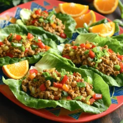 - 1 lb ground chicken - 2 tablespoons fresh ginger, grated - 2 cloves garlic, minced - 3 tablespoons soy sauce (or tamari for gluten-free) - 2 tablespoons honey - 1 tablespoon sesame oil I love using ground chicken for this dish. It cooks quickly and absorbs flavors well. Fresh ginger and garlic add a bright, zesty taste. Soy sauce gives that savory umami kick, while honey balances it with sweetness. Lastly, sesame oil adds a nutty aroma that ties everything together. - 1 red bell pepper, finely diced - 1 cup water chestnuts, diced - 1 head of butter lettuce or iceberg lettuce, leaves separated Red bell pepper adds color and crunch. Water chestnuts provide a nice texture. I prefer butter lettuce for its softness, but iceberg works well too. Both types make perfect wraps for the chicken mixture. - 1 green onion, sliced (for garnish) - Optional orange wedges A sprinkle of green onions on top adds freshness and a mild onion flavor. Orange wedges are a great side, adding extra zing when you bite into them. These garnishes enhance both the look and taste of your dish. To start, heat 1 tablespoon of sesame oil in a large skillet over medium heat. Add 2 tablespoons of freshly grated ginger and 2 minced cloves of garlic. Sauté them for 1-2 minutes. You want the aroma to fill your kitchen. Next, add 1 pound of ground chicken. Break it apart with a spoon and cook for about 5-7 minutes. Ensure the chicken is no longer pink inside. Once the chicken is cooked, it’s time to add flavor. Stir in the zest from 1 orange and the juice from that same orange. Then, mix in 3 tablespoons of soy sauce and 2 tablespoons of honey. This combo gives the dish a sweet and tangy taste. Let it simmer for another 3-5 minutes. This step allows the sauce to thicken slightly. Now, fold in the diced red bell pepper and 1 cup of diced water chestnuts. Cook them for an additional 2 minutes. This adds crunch and color to your dish. Once done, take the mixture off the heat and let it cool a bit. To serve, spoon the chicken mixture into the leaves of butter lettuce or iceberg lettuce. Fold them like a wrap. You can garnish with sliced green onions for extra flavor. Enjoy your fresh and tasty wraps! To ensure ground chicken is fully cooked, check for a light brown color. Use a meat thermometer to make sure it reaches 165°F. When you sauté the chicken, break it apart well. This helps it cook evenly. For the right sauce consistency, let it simmer. This allows the flavors to blend and the sauce to thicken. Stir often to avoid sticking. For appealing visuals, arrange the filled lettuce wraps on a bright platter. Drizzle some extra orange juice on top for added color. Use orange wedges on the side for freshness. This makes your dish look vibrant and inviting. You can also sprinkle some green onions on top for a splash of color and flavor. Serve your lettuce wraps with sides like rice or steamed veggies. These complement the wraps well. For drinks, pair with iced tea or lemonade. These drinks balance the flavors and keep it refreshing. Enjoy your Orange Ginger Chicken Lettuce Wraps with friends and family! {{image_2}} You can swap ground chicken for other proteins. Ground turkey works well and has less fat. Tofu is a great choice for a vegetarian option. Just crumble it before cooking to match the texture. For a fun twist, try using mushrooms. Their umami flavor adds depth to the dish. Want to add more flavor? Consider spices like chili flakes or garlic powder. Different sauces can elevate your dish too. Try using hoisin sauce or sweet chili sauce for extra sweetness. You can also switch citrus fruits. Lemon or lime juice brings a fresh zing to the mix. If you need gluten-free options, use tamari instead of soy sauce. It has a similar taste without the gluten. For low-carb versions, skip the honey and use a sugar substitute. You can also serve the chicken mix over a bed of veggies for a filling meal without carbs. To store leftover chicken mixture, let it cool first. Place it in an airtight container. The chicken stays good for about three days in the fridge. For the lettuce, keep the leaves in a damp paper towel. This method helps keep them crisp and fresh. When reheating, use the stovetop for best results. Heat the chicken mixture in a skillet over medium heat. Stir it often to ensure even warming. Avoid using a microwave, as it can make the chicken soggy. To freeze the chicken mixture, place it in a freezer-safe container. Seal it tightly and label it with the date. It will last for about three months in the freezer. When ready to use, defrost it overnight in the fridge. Reheat it in a skillet before serving in fresh lettuce wraps. You can tell when the chicken is cooked by its color and texture. Ground chicken should be white or light brown. It should not be pink in the middle. The best way to check is by using a meat thermometer. The internal temperature should reach 165°F (75°C). This ensures it is safe to eat. Yes, you can make this recipe ahead of time. Cook the chicken mixture and let it cool. Store it in an airtight container in the fridge. It will stay fresh for up to three days. You can also freeze the mixture for longer storage. Just ensure it is in a freezer-safe container. When ready to eat, thaw it in the fridge overnight and reheat it on the stove. While you can use ground ginger, I recommend using freshly grated ginger. Fresh ginger has a stronger flavor and aroma. It adds a nice zest to the dish. Fresh ginger also has more health benefits, like anti-inflammatory properties. Using fresh ingredients makes your meal taste better and feel healthier. This blog post explored a tasty ground chicken lettuce wrap recipe. We covered key ingredients like ginger, soy sauce, and fresh veggies. The step-by-step instructions made cooking easy, while tips enhanced flavor and presentation. Variations offered protein swaps and dietary options. Proper storage and reheating keep your dish fresh. Overall, this recipe is simple and delicious. Making it your own can be fun and creative. Enjoy these versatile wraps any night of the week!