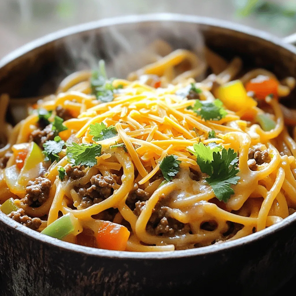 - 1 tablespoon olive oil - 1 pound ground beef or turkey - 1 small onion, diced - 2 cloves garlic, minced - 1 bell pepper, diced (any color) - 1 packet taco seasoning - 1 can (14.5 oz) diced tomatoes with green chilies - 2 cups beef or chicken broth - 8 ounces pasta (penne or rotini works best) - 1 cup corn (frozen or canned) - 1 can (15 oz) black beans, rinsed and drained - 1 cup shredded cheddar cheese - 1/2 cup sour cream (optional) - Salt and pepper to taste - Cilantro for garnish Each ingredient plays a key role in this dish. The ground meat gives protein and flavor. I often use ground beef for a richer taste, but turkey works well too. The diced onion and minced garlic add a strong base to the mix. Bell pepper brings sweetness and color to the dish. I love using red or yellow for a nice pop. Taco seasoning is a must for that signature flavor. The diced tomatoes add juiciness and a bit of spice, thanks to the green chilies. The broth enhances the overall taste and helps cook the pasta. I recommend penne or rotini pasta, as they hold the sauce well. The corn and black beans add texture and fiber, making the dish hearty. Lastly, toppings like cheddar cheese, sour cream, and cilantro elevate the dish. The cheese melts into the pasta, while sour cream adds creaminess. Fresh cilantro gives a bright finish. Gather these ingredients, and you’re set for a fun cooking adventure! First, heat 1 tablespoon of olive oil in a large pot over medium heat. Once hot, add 1 pound of ground beef or turkey. Cook until the meat is browned. Use a spoon to break it up as it cooks. If there is extra fat, drain it away. Next, add 1 small diced onion, 2 minced cloves of garlic, and 1 diced bell pepper to the pot. Sauté these for about 5 minutes. This step makes the veggies soft and brings out their flavors. Now, stir in 1 packet of taco seasoning. Cook it for about 1 minute. This allows the spices to release their aroma. Then, pour in 1 can of diced tomatoes with green chilies, including the juices. Add 2 cups of beef or chicken broth next. Stir well to mix everything together. Add 8 ounces of pasta, like penne or rotini. Bring the mixture to a boil. Once boiling, reduce the heat to a simmer. Cover the pot and cook for 10 to 12 minutes. Stir occasionally until the pasta is al dente. After the pasta is cooked, stir in 1 cup of corn and 1 can of black beans, rinsed and drained. Let this heat through for about 2 to 3 minutes. Remove the pot from heat. Sprinkle 1 cup of shredded cheddar cheese on top. Cover the pot for 1 minute so the cheese melts. If you like, add 1/2 cup of sour cream for a creamy touch. Remember to season with salt and pepper to taste. Serve hot and enjoy! To prevent overcooking pasta, watch it closely. Start checking a minute or two before the time is up. For this recipe, the pasta should be al dente. It will continue to cook slightly after you remove it from the heat. Adjusting seasonings to taste is key. You can add more taco seasoning if you like it spicy. Start with a small amount and taste as you go. Don't be shy; the flavors should pop! For quicker meals, try meal prepping. Chop your veggies and cook your meat ahead of time. Store them in the fridge. This way, you can whip up the dish in no time. Using a pressure cooker can also save you time. You can cook the pasta and other ingredients faster than on the stove. Just follow the same steps, but reduce the cooking time by a few minutes. Serving ideas can make your dish more appealing. Use colorful bowls to show off the vibrant ingredients. A sprinkle of fresh cilantro on top adds a nice touch. For garnishing options, consider adding a dollop of sour cream or some extra cheese. These small details make your meal look gourmet and inviting. {{image_2}} You can easily switch up the protein in this dish. Ground chicken or turkey works well. If you need a meat-free option, try using tofu or tempeh. Both add great texture and soak up the taco flavors. For a vegetarian dish, just skip the meat and add more beans. You can also use lentils for extra protein. Want to kick up the flavor? Add spices like cayenne pepper or smoked paprika. These will give your dish a nice kick. You can also toss in some seasonal veggies. Zucchini, spinach, or corn add color and taste. Just chop them up and add them when you mix in the beans. While penne or rotini is perfect, feel free to swap in other pasta types. Fusilli or elbow macaroni also work great. If you need a gluten-free option, choose gluten-free pasta. They are available in most stores and cook similarly to regular pasta. Just follow the package instructions for the best results. To keep your One Pot Taco Pasta fresh, let it cool first. Place it in an airtight container. Glass or plastic containers work well. Store it in the fridge for up to four days. You can reheat in the microwave or on the stovetop. For the microwave, place it in a bowl and cover it. Heat in short bursts, stirring in between. On the stovetop, add a splash of broth to a pan. Heat over medium until warm, stirring often. This keeps the pasta's texture nice. To freeze your One Pot Taco Pasta, let it cool down completely. Then, pack it in a freezer-safe container. Leave some space at the top for expansion. It stays good for about three months. To thaw, move it to the fridge overnight. Reheat it on the stovetop, adding some broth if needed. Yes, you can make One Pot Taco Pasta in advance. To prep ahead, cook the dish as directed. Once it cools, store it in an airtight container. This keeps it fresh. You can keep it in the fridge for up to three days. If you want to save it longer, freeze it. Just use a freezer-safe container. When you're ready to eat, thaw it in the fridge overnight. Then, heat it on the stove or in the microwave. You can serve One Pot Taco Pasta with many tasty sides. Here are a few ideas: - A simple green salad with lettuce and tomatoes. - Tortilla chips with salsa or guacamole for crunch. - Garlic bread for a warm, buttery touch. - Steamed veggies like broccoli or carrots for color and nutrients. One Pot Taco Pasta is great for meal prep. It’s easy to portion out. Just scoop your desired amount into individual containers. This way, you have meals ready to go. You can freeze these portions if needed. They reheat well and stay tasty. Always remember to label your containers. Include the date, so you know when to eat them. One Pot Taco Pasta is a great dish to make. It blends easy cooking with tasty flavors. You can customize it with different meats and veggies. Remember to follow the steps for great results. Meal prep can save you time too. Store leftovers well, so they stay fresh. Enjoy experimenting with flavors and toppings. Each bite brings comfort and joy. You’ll love how simple and quick this meal can be. Happy cooking!