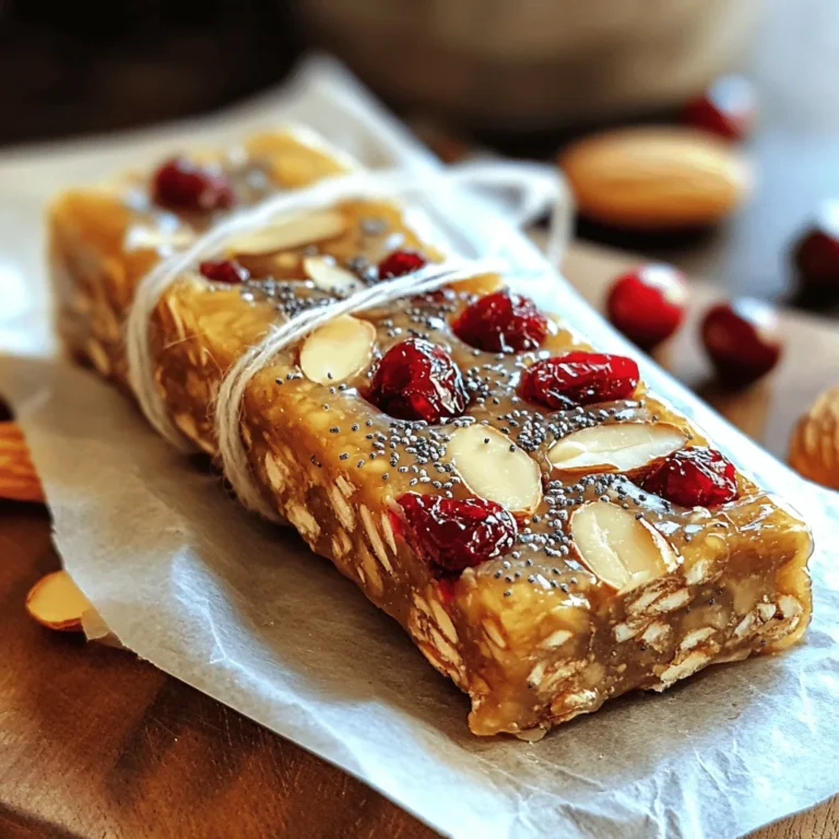 To make your cranberry almond energy bars, you will need: - 1 cup rolled oats - 1/2 cup almond butter - 1/4 cup honey or maple syrup - 1/2 cup dried cranberries, chopped - 1/2 cup sliced almonds - 1/4 cup chia seeds - 1/2 teaspoon vanilla extract - Pinch of salt These ingredients pack a punch of nutrition: - Rolled oats: They provide fiber and help you feel full longer. - Almond butter: This nut butter adds healthy fats and protein. - Honey or maple syrup: Both are natural sweeteners and give quick energy. - Dried cranberries: They add vitamins and antioxidants. - Sliced almonds: These nuts offer crunch and healthy fats. - Chia seeds: Packed with omega-3s, they also help with digestion. - Vanilla extract: This adds flavor without extra calories. - Salt: A pinch enhances all the other flavors. If you need alternatives, here are some ideas: - Rolled oats: Try quick oats or gluten-free oats if needed. - Almond butter: Sunflower seed butter works for nut allergies. - Honey: Use agave syrup for a vegan option. - Dried cranberries: Swap with raisins or chopped dates for sweetness. - Sliced almonds: Walnuts or pecans can replace almonds. - Chia seeds: Flaxseeds can be a good substitute for fiber. - Vanilla extract: Almond extract offers a different flavor twist. - Salt: Sea salt can replace regular salt for added minerals. These swaps keep your bars tasty while catering to different diets and preferences. First, gather all your ingredients. You will need: - 1 cup rolled oats - 1/2 cup almond butter - 1/4 cup honey or maple syrup - 1/2 cup dried cranberries, chopped - 1/2 cup sliced almonds - 1/4 cup chia seeds - 1/2 teaspoon vanilla extract - Pinch of salt Next, preheat your oven to 350°F (175°C). This step is key for baking. Line an 8-inch square baking pan with parchment paper. Leave some paper over the edges. This helps you lift out the bars later. In a large bowl, combine the rolled oats, chia seeds, sliced almonds, and chopped cranberries. Use a spoon to mix them well. In another bowl, add almond butter, honey or maple syrup, vanilla extract, and a pinch of salt. Mix until it is smooth. Pour the almond butter mix into the dry ingredients. Stir well until everything is coated and sticky. This is where the magic happens! Transfer your mixture to the lined baking pan. Press it down firmly with your hands or a spatula. This creates an even layer for baking. Bake for 15-20 minutes. Look for golden brown edges as a sign they are ready. Once baked, remove the pan from the oven. Let it cool for about 10 minutes in the pan. After that, lift the bars out using the parchment paper. Place them on a cutting board and cut into bars. Let the bars cool completely before storing them in an airtight container. Enjoy your tasty, nutritious snack! To get the best texture in your cranberry almond energy bars, use fresh ingredients. Choose rolled oats that are whole and not instant. Instant oats can make the bars too soft. The almond butter must be smooth and creamy. This helps bind everything together. If you want a chewier texture, add a bit more honey or maple syrup. This extra sweetness will keep your bars moist. Press the mixture firmly into the pan. A tight pack helps the bars hold their shape when cut. To keep your bars fresh, store them in an airtight container. This keeps moisture out and flavor in. Place parchment paper between layers of bars to prevent sticking. You can keep them at room temperature for up to a week. For longer storage, place them in the fridge. They can last for two weeks chilled. If you want to save them for later, freeze the bars. Wrap each one in plastic wrap before placing in a freezer bag. They can stay good for up to three months. These energy bars are perfect for a quick snack. Try them with a piece of fruit or a yogurt dip. You can also crumble them over oatmeal for added crunch. For a fun twist, dip half of the bar in melted dark chocolate. This adds a rich flavor. If you are on the go, wrap each bar in parchment paper. Tie it with twine for a charming touch. These bars make a great addition to lunch boxes or hiking trips. Share them with friends or keep them all for yourself! {{image_2}} You can switch up the nuts and seeds in your energy bars. Try walnuts, pecans, or cashews. These nuts add a different taste and texture. You can also use pumpkin seeds or sunflower seeds for a crunch. Each nut or seed has its own flavor and health benefits. Experiment with what you like best! Adding more flavors can make these bars even better. Consider adding chocolate chips, coconut flakes, or dried fruits like apricots or raisins. You can also mix in spices like cinnamon or nutmeg for warmth. Each add-in gives the bars a fun twist. Let your taste buds guide you! You can easily modify this recipe to fit your diet. To make it gluten-free, check your oats for gluten-free labels. For a vegan option, use maple syrup instead of honey. Almond butter is already vegan, so you’re good there! These changes help everyone enjoy a tasty and healthy snack. To keep your cranberry almond energy bars fresh, store them in an airtight container. A glass jar or a plastic container works well. Make sure the bars are fully cooled before you pack them. If you leave them warm, they might get soggy. These energy bars last about one week at room temperature. If you want them to last longer, freeze them. Wrap each bar tightly in plastic wrap or foil. Then, place them in a freezer bag. They can stay good for up to three months in the freezer. When you want to eat one, just take it out and let it thaw. For easy snacks, pack the bars for travel. Cut them into individual pieces. Wrap each one in parchment paper. You can tie them with twine for a cute touch. This way, you can grab a bar anytime you need a quick boost. These bars are perfect for busy days or outdoor adventures. Cranberry almond energy bars can last up to a week when stored correctly. Keep them in an airtight container at room temperature. If you want to keep them fresh for longer, store them in the fridge. In the fridge, they can last for two weeks. You can also freeze them for up to three months. Just make sure to wrap them well to avoid freezer burn. Yes, you can use other sweeteners. Maple syrup works great as a substitute. You can also try agave syrup or brown rice syrup. Each will change the taste slightly, but they will still taste good. Just make sure to use the same amount as honey. This keeps your bars sweet and tasty. If you have a nut allergy, try sunflower seed butter. It has a similar texture and taste. You can also use soy nut butter or pumpkin seed butter. These options are safe and keep the bars creamy. Just use the same amount as almond butter in the recipe. This guide covered the key steps to make delightful cranberry almond energy bars. You learned about the ingredients, each offering its own health perks. I shared tips for perfect texture and storage to keep your bars fresh. Don’t forget the variations to match your taste or diet! These bars are easy to make and fun to customize. With a bit of creativity, you can enjoy tasty snacks that fit your needs. Enjoy baking and savoring your homemade energy bars!