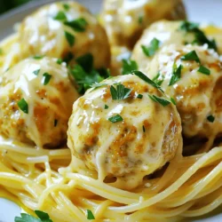 - 1 lb ground turkey - 1/2 cup breadcrumbs - 1/4 cup grated Parmesan cheese - 1/4 cup fresh parsley, chopped - 1 large egg - 3 cloves garlic, minced - 1 teaspoon Italian seasoning - Salt and pepper to taste - 2 tablespoons olive oil (for cooking) - 1 cup chicken broth - 1 cup heavy cream - 1/2 cup additional Parmesan cheese (for sauce) - Fresh parsley (for garnish) Gather these ingredients first. They create the base for your creamy garlic Parmesan turkey meatballs. Using ground turkey keeps it lean, while breadcrumbs add texture. The Parmesan cheese gives a rich flavor. Fresh parsley brightens the dish. Garlic is key for that savory punch. Italian seasoning brings warmth. For the sauce, chicken broth adds depth. Heavy cream makes it rich and smooth. The extra Parmesan in the sauce enhances the cheesy goodness. Garnish with parsley for a fresh touch. With these ingredients, you can make a delightful dish. The flavors work together to create a meal you’ll love to share. In a large mixing bowl, combine the following ingredients: - 1 lb ground turkey - 1/2 cup breadcrumbs - 1/4 cup grated Parmesan cheese - 1/4 cup fresh parsley, chopped - 1 large egg - 3 cloves garlic, minced - 1 teaspoon Italian seasoning - Salt and pepper to taste Mix these ingredients until fully combined. It's vital to ensure even mixing for great flavor in every bite. Next, shape the mixture into 1 to 1.5-inch meatballs. You should place them on a tray as you go. Heat 2 tablespoons of olive oil in a large skillet over medium heat. Once hot, add the meatballs in batches. Cook each batch until browned on all sides, which takes about 6 to 8 minutes. Remove the meatballs from the skillet and set them aside. This step adds a nice crust that enhances flavor. Now, it’s time to make the creamy sauce. In the same skillet, pour in 1 cup of chicken broth. Bring it to a simmer. Scrape the bottom of the pan to release the flavorful bits left from cooking the meatballs. Lower the heat and add 1 cup of heavy cream. Stir until well combined and let it simmer for about 5 minutes. Gradually whisk in another 1/2 cup of Parmesan cheese. This will give your sauce a creamy finish, so keep stirring until smooth. Season with salt and pepper to taste. Return the meatballs to the skillet. Gently coat them with the creamy sauce. Simmer for an additional 5 minutes, just until the meatballs are heated through. Serve the meatballs warm, garnished with fresh parsley for a pop of color. This dish not only looks stunning but also tastes amazing! To make the best meatballs, cook them at medium heat. This will help them brown well while keeping them juicy. Aim for an internal temperature of 165°F. This ensures they are safe and perfectly cooked. To avoid dry meatballs, do not overmix the meat. Just combine the ingredients until they blend. You can also add a bit more cream or broth to the mix to keep them moist. Adjust the creaminess of the sauce by adding more or less heavy cream. For a thicker sauce, let it simmer longer. If it gets too thick, add a splash of chicken broth to loosen it up. Balance the flavors with salt and pepper. You can also add a pinch of garlic powder or a dash of lemon juice for brightness. For a beautiful plate, serve the meatballs over a bed of spaghetti or zucchini noodles. This adds color and texture. Sprinkle extra Parmesan cheese on top for an inviting look. Garnish with fresh parsley to add a pop of green. You can also drizzle some olive oil for a shiny finish. This makes the dish even more appealing. {{image_2}} You can swap ground turkey for other meats. Try ground chicken or beef for a different taste. If you want a plant-based option, use lentils or chickpeas. They add a nice texture, too. For breadcrumbs, you have choices. Use gluten-free breadcrumbs for a lighter option. You can even make your own by toasting and blending stale bread. This adds a personal touch and great flavor. To boost the flavor, add fresh herbs. Basil and oregano are great options. They give a fresh taste that brightens the dish. If you want some heat, sprinkle in crushed red pepper flakes or cayenne. Just a pinch can make a big difference. These meatballs go well with many sides. Serve them over rice or creamy mashed potatoes. A fresh salad is great, too. It adds crunch and balances the meal. For entertaining, get creative. Serve the meatballs on skewers as appetizers. You can also place them in a large bowl for sharing. This makes for a fun and casual dining experience. To store leftover meatballs, let them cool first. Place them in an airtight container. Glass or plastic containers work great for keeping them fresh. If you can, separate the meatballs from the sauce. This helps prevent sogginess. Store in the fridge for up to three days. For freezing, you can freeze both uncooked and cooked meatballs. If you freeze uncooked meatballs, place them on a tray first. Once they are frozen, transfer them to a freezer bag. This keeps them from sticking together. For cooked meatballs, let them cool, then pack them in a container. When ready to eat, thaw overnight in the fridge. Reheat in a skillet over low heat or in the oven at 350°F until warm. In the fridge, these meatballs stay fresh for about three days. In the freezer, they can last up to three months. Make sure to label your containers with dates. This helps you keep track of how long they have been stored. To keep turkey meatballs tender, add moisture. Use breadcrumbs, eggs, and grated cheese in your mix. These ingredients trap moisture during cooking. Also, don’t overcook the meatballs. Cooking them just until they are done helps keep them juicy. A gentle simmer in the sauce also helps them stay moist. Yes, you can use other cheeses. Mozzarella adds a nice stretch and mild flavor. Fontina gives a creamy texture and nutty taste. Goat cheese can add tanginess. Each cheese will change the flavor, so choose what you like best. These meatballs pair well with many sides. Serve them over spaghetti or zucchini noodles for a classic touch. A fresh salad adds crunch and balance. Garlic bread is another great option to soak up the sauce. Roasted vegetables are also a tasty side. To make this dish healthier, swap heavy cream for Greek yogurt or low-fat milk. You can also use ground chicken or a plant-based meat alternative. For fewer carbs, serve with cauliflower rice instead of pasta. Using less cheese can cut calories, too. This blog post provided a complete guide to making creamy garlic Parmesan turkey meatballs. You learned about the key ingredients, step-by-step cooking instructions, and helpful tips for perfect results. Remember to store leftovers properly and explore various serving options to enjoy this dish. Cooking can be fun and creative, so don’t hesitate to try new flavors. Enjoy your kitchen adventures and share your delicious meatballs with family and friends!
