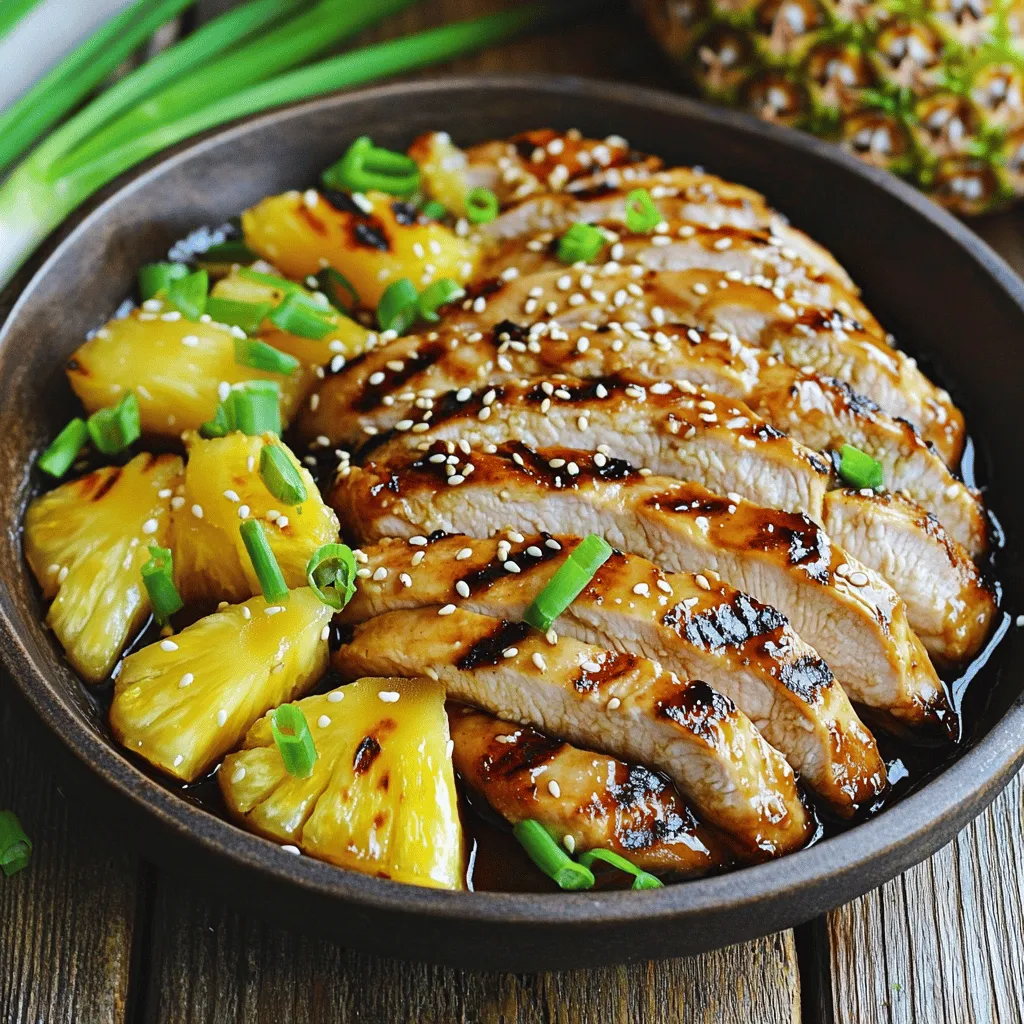 - 4 boneless, skinless chicken breasts - 1 cup teriyaki sauce (store-bought or homemade) - 1 cup fresh pineapple chunks - Optional garnishes: - 2 green onions, finely sliced - Sesame seeds for garnish - 1 tablespoon olive oil - 2 cloves garlic, minced - 1 tablespoon fresh ginger, grated - Salt and pepper to taste - Grill or grill pan - Resealable plastic bag or shallow dish - Small saucepan Gathering these ingredients and tools makes cooking this dish easy and fun. The chicken and teriyaki sauce create a tasty base. Fresh pineapple adds sweetness and a nice touch. The optional garnishes give your meal a pretty finish. Use the right tools, like a grill, to cook everything perfectly. Enjoy the process of creating this flavorful meal! - Preparing the Marinade In a medium bowl, mix 1 cup of teriyaki sauce, 2 cloves of minced garlic, 1 tablespoon of grated ginger, 1 tablespoon of olive oil, and salt and pepper. This mix creates a tasty marinade. - Coating the Chicken Take 4 boneless, skinless chicken breasts and place them in a large resealable bag or shallow dish. Pour the marinade over the chicken. Make sure each piece is well coated. - Recommended Marination Time Seal the bag or cover the dish. Let the chicken marinate in the fridge for at least 30 minutes. For more flavor, aim for 2 hours. - Preheating Techniques Preheat your grill to medium-high heat. This helps cook the chicken evenly and gives it nice grill marks. - Checking Grill Temperature You can check if the grill is ready by holding your hand above the grill. If you can hold it there for 2 seconds before it gets too hot, it's ready. - Cooking Time per Side Remove the chicken from the marinade, but keep the marinade for later. Grill the chicken breasts for 6-7 minutes on each side. The internal temperature should reach 165°F. - Grilling Instructions for Pineapple During the last few minutes, add fresh pineapple chunks to the grill. Cook them until they have grill marks and are caramelized. This adds sweetness to your dish. Importance of Marination Marinating chicken makes it juicy and full of flavor. The teriyaki sauce, garlic, and ginger create a tasty mix. Aim for at least 30 minutes of marination. For a richer taste, let it marinate for 2 hours. This extra time helps the flavors soak in. Best Cooking Temperatures Cook your chicken on medium-high heat. It should reach an internal temperature of 165°F (75°C). Use a meat thermometer to check. Cooking at this temperature keeps the chicken tender and safe to eat. Techniques for Caramelization Grilling pineapple gives it a sweet, smoky flavor. To get nice grill marks, slice the pineapple into thick chunks. Make sure your grill is hot before adding the pineapple. This high heat helps caramelize the sugars. Timing for Adding Pineapple Add the pineapple during the last few minutes of grilling the chicken. This way, it gets warm and caramelized without overcooking. Just a few minutes on each side will create the perfect texture. Suggestions for Additional Seasonings Try adding a pinch of chili flakes for some heat. If you like it sweeter, mix in honey or brown sugar. You can also add more garlic or ginger for extra zing. These tweaks can make your dish unique. How to Adjust Heat and Sweetness Balance the flavors by adjusting the marinade. If it’s too sweet, add a splash of soy sauce. For more heat, mix in sriracha or red pepper flakes. Taste it as you go to find your perfect mix. {{image_2}} Substituting Chicken for Other Meats You can easily swap chicken with pork or shrimp. Pork tenderloin works well with teriyaki flavors. Shrimp cooks fast and adds a nice twist. Just adjust cooking times. Make sure the shrimp turns pink and opaque. Vegetarian Options For a vegetarian take, use tofu or tempeh. Press the tofu to remove moisture. Marinate it just like chicken. Grill until golden. Both options soak up flavors well and become very tasty. Adding Spice with Chili Flakes If you like heat, add chili flakes to the marinade. Start with half a teaspoon. Mix it well and taste. You can always add more for extra kick. Sweetening with Honey or Brown Sugar For a sweeter flavor, mix in honey or brown sugar. This balances the savory teriyaki sauce. Use about one tablespoon. It gives a nice caramelization when grilled. Ideas for Serving Over Rice or Salad Serve the chicken and pineapple over jasmine rice or mixed greens. Rice absorbs the sauce well. Salad adds a fresh crunch. Both make the dish more filling. Wrap Options with Tortillas You can also make wraps with tortillas. Add the grilled chicken and pineapple. Top with fresh veggies and drizzle extra sauce. Roll it up for a fun meal. - Best Practices for Refrigeration After your meal, let the chicken cool. Place it in an airtight container. Make sure to add the grilled pineapple with it. Store in the fridge for up to four days. - Freezing Tips for Longer Storage If you want to keep it longer, freeze it. Use a freezer-safe bag or container. Remove as much air as possible before sealing. This will help prevent freezer burn. It can last for up to three months. - Oven vs. Microwave The oven is the best way to reheat chicken. Preheat it to 350°F (175°C). Place the chicken on a baking sheet. Cover it with foil to keep it moist. For the microwave, use a microwave-safe plate. Heat for short bursts, checking often. - Maintaining Flavor and Texture When reheating, add a splash of water. This helps keep the chicken juicy. For pineapple, grill it briefly to revive its flavor. - How Long Does Grilled Chicken Last? Grilled chicken can stay safe in the fridge for four days. If frozen, it’s best for three months. Always check for signs of spoilage before eating. - Recognizing Signs of Spoilage Look for a bad smell or slimy texture. If the chicken looks discolored, toss it. Your safety is key, so when in doubt, it's better to throw it out. To tell if the chicken is done, check its internal temperature. Use a meat thermometer and look for 165°F (75°C). This ensures it is safe to eat. You can also cut into the thickest part of the chicken. The meat should be white, not pink. After cooking, let the chicken rest for about 5 minutes. Resting helps the juices settle. This makes the chicken more tender and flavorful. Yes, you can use canned pineapple. Canned pineapple is sweet and juicy. It saves time since it’s already cut. However, fresh pineapple has a better flavor and texture. Canned pineapple can be mushy, especially when grilled. If using canned, drain it well before grilling. This helps avoid excess moisture on the grill. For sides, try steamed rice or quinoa. You can also serve it with a fresh salad. Grilled vegetables like zucchini or bell peppers pair well too. As for drinks, a light white wine works nicely. I also enjoy a cold iced tea with this meal. Grilled Pineapple Teriyaki Chicken is rich in protein. Each serving has about 300 calories. Main nutrients include: - Protein from chicken - Vitamins from pineapple - Healthy fats from olive oil This dish offers a good balance of taste and nutrition. Plus, it’s low in carbs, making it a healthy choice. In this post, we covered how to make delicious grilled teriyaki chicken with pineapple. We explored key ingredients like chicken breasts and teriyaki sauce. I shared marinating tips, grilling techniques, and ways to ensure the chicken stays tender. You learned about variations, storage methods, and even some FAQs to guide you. Now, it’s time to get cooking! With these steps and tips, you can enjoy a tasty meal. Don't forget to experiment and find your favorite flavor combinations. Happy grilling!