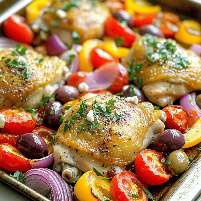 For this Greek Chicken Sheet Pan Dinner, you will need: - 4 boneless, skinless chicken thighs - 1 large red bell pepper, sliced - 1 large yellow bell pepper, sliced - 1 red onion, cut into wedges - 1 cup cherry tomatoes, halved - 1 cup kalamata olives, pitted and halved - 4 cloves garlic, minced - 1 tablespoon dried oregano - 1 tablespoon fresh lemon juice - 3 tablespoons olive oil - Salt and pepper to taste These ingredients come together to create a dish that bursts with flavor. The chicken thighs stay juicy while roasting alongside sweet and colorful vegetables. You can add a few optional items for extra flavor: - Feta cheese, crumbled - Fresh parsley for garnish Feta cheese adds a creamy, salty touch, while parsley brightens the dish. Both bring a nice finish to your meal. 1. Preheating the oven: Start by preheating your oven to 425°F (220°C). This step ensures your chicken cooks evenly and gets that nice golden color. 2. Making the marinade: In a large bowl, mix together olive oil, minced garlic, dried oregano, fresh lemon juice, salt, and pepper. This marinade packs a punch of flavor. You want to coat the chicken well for the best results. 1. Marinating the chicken: Add the chicken thighs to the marinade. Make sure each piece is well-covered. Let the chicken sit for at least 15 minutes. This waiting time allows the flavors to soak in. 2. Arranging ingredients on the sheet pan: While the chicken marinates, prepare your veggies. On a large sheet pan, arrange the sliced bell peppers, red onion wedges, cherry tomatoes, and halved kalamata olives. This colorful mix not only looks good but also adds great taste. 3. Baking in the oven: Place the marinated chicken thighs on top of the vegetables. Spread everything out evenly. Roast in the preheated oven for 25-30 minutes. The chicken should reach an internal temperature of 165°F (75°C) and the veggies will be tender and flavorful. 1. Resting the dish before serving: Once your meal is done baking, take it out and let it rest for about 5 minutes. This resting time helps keep the chicken juicy. 2. Garnishing options: Before serving, sprinkle fresh chopped parsley over the dish. If you like, add crumbled feta cheese for extra creaminess. Serve right from the pan for a rustic touch, letting everyone help themselves. For the best flavor, marinate the chicken for at least 15 minutes. If you have time, let it sit for 30 minutes or even overnight. This gives the chicken time to soak up the tasty marinade. You can enhance the flavor by adding herbs like thyme or rosemary. Fresh herbs offer a bright taste. To ensure even cooking, spread the chicken and veggies out well on the sheet pan. This allows hot air to move around each piece. Check the chicken doneness by using a meat thermometer. The safe internal temperature should reach 165°F (75°C). This keeps the meal safe and juicy. Serve the dish straight from the pan. This gives a rustic and warm feel. It allows everyone to help themselves. You can use fresh parsley to add a pop of color. If you like, sprinkle crumbled feta cheese on top. This adds a creamy texture and extra flavor. {{image_2}} You can swap chicken thighs for other proteins. Try using turkey, shrimp, or even pork. Each protein brings its own taste and texture. For a vegetarian option, replace the chicken with chickpeas or tofu. Both options soak up the marinade well and add protein to your meal. Seasonal vegetables can change your dish. Use zucchini, asparagus, or eggplant. These veggies add color and taste. You can also add spices like cumin or smoked paprika. They will enhance the flavor of your meal and make it even more exciting. Pair your Greek chicken with different sides. Rice, quinoa, or pita bread work great. They help soak up the tasty juices from the pan. To make this a meal prep option, divide the dish into containers. This way, you have easy meals ready for the week. To keep your Greek chicken sheet pan dinner fresh, use airtight containers. Glass or plastic containers work well. Store the chicken and veggies together or separately. This helps keep the chicken moist. Always let your food cool before sealing it. This prevents moisture build-up, which can make your food soggy. Aim to eat leftovers within three to four days. When reheating, you want to keep the chicken juicy. The oven is best for this. Preheat it to 350°F (175°C). Place the chicken and veggies on a baking tray. Cover them with foil to trap moisture. Heat for about 15-20 minutes until warm. The microwave is faster but can dry out food. If you use the microwave, add a splash of water. Cover the dish with a lid or wrap to keep steam in. Heat in short bursts, checking often. Freezing is a great option for longer storage. Let the dish cool completely before freezing. Use freezer-safe bags or containers. Squeeze out as much air as you can. This helps prevent freezer burn. To thaw, move the dish to the fridge overnight. This keeps the chicken safe. You can also use the microwave for quick thawing. Just remember to cook it right after thawing for food safety. Yes, you can use bone-in chicken thighs. They add rich flavor and moisture. However, they take longer to cook. Bone-in thighs usually need about 35-40 minutes at 425°F (220°C). Make sure to check the internal temperature with a meat thermometer. It should reach 165°F (75°C) for safety. The best way to check is by using a meat thermometer. Insert it into the thickest part of the chicken. The internal temperature should hit 165°F (75°C). This ensures the chicken is safe to eat. If you don’t have a thermometer, cut into the chicken. It should be white and juices should run clear. If you don’t have kalamata olives, try green olives or black olives. You could also use capers for a briny taste. Each option will change the flavor a bit, but it will still be tasty. For a milder flavor, use diced pickles. In this blog post, I covered a simple and tasty sheet pan chicken recipe. We explored main and optional ingredients, making it easy to adapt. I shared clear steps for preparation, cooking, and serving the dish. Remember the tips for marinating, cooking evenly, and serving well. You can switch proteins and vegetables to keep meals exciting. Proper storage and reheating options help keep leftovers fresh. Enjoy experimenting with variations and see what flavors you love most! Cooking doesn’t have to be hard; just have fun and enjoy your meal!