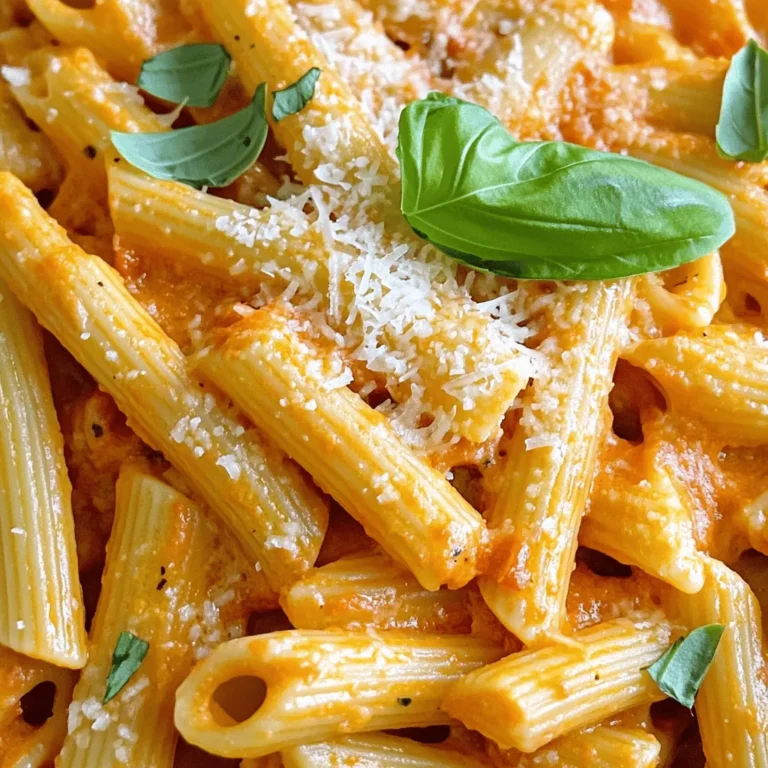 To make creamy roasted red pepper pasta, you will need the following items: - 12 oz pasta (penne or fettuccine) - 2 large red bell peppers, roasted - 1 small onion, diced - 2 cloves garlic, minced - 1 cup heavy cream (or coconut cream for a vegan option) - ¼ cup grated Parmesan cheese (omit for vegan) - 1 tablespoon olive oil - 1 teaspoon smoked paprika - Salt and black pepper to taste - Fresh basil leaves for garnish You can swap some ingredients if needed: - Use gluten-free pasta for a gluten-free option. - Coconut cream works well for a dairy-free version. - Nutritional yeast can replace Parmesan for a vegan taste. - Sweet red peppers can substitute for roasted red bell peppers. - Use any fresh herbs like parsley or oregano instead of basil. Gather these tools to make cooking easier: - A baking sheet for roasting peppers. - A blender or food processor for making the sauce. - A large skillet to combine pasta and sauce. - A pot for boiling the pasta. - A wooden spoon or spatula for mixing. - Measuring cups and spoons for accuracy. With all these ingredients and tools ready, you can start making this delicious dish! To roast the red peppers, first, set your oven to 450°F (230°C). Place the whole red peppers on a baking sheet. Roast them for about 20 to 25 minutes. Turn them occasionally. You want the skin to get charred and blistered. After roasting, cover the peppers with foil for about 10 minutes. This helps loosen the skin. Once cooled, peel off the skin and remove the seeds. This step gives the dish a rich flavor. While the peppers roast, cook the pasta. Use either penne or fettuccine. Follow the package instructions. Cook it until it is al dente. This means it should still have some firmness. Save ½ cup of pasta water before draining. Once drained, set the pasta aside. This reserved water helps later if your sauce is too thick. Now, let’s make the sauce. In a large skillet, heat one tablespoon of olive oil over medium heat. Add the diced onion and sauté it until it is soft and clear, which takes about 5 minutes. Then, add two cloves of minced garlic. Cook it for one more minute. This will fill your kitchen with a wonderful smell! Next, take your roasted red peppers and place them in a blender. Add the sautéed onion and garlic, one cup of heavy cream, one teaspoon of smoked paprika, salt, and black pepper. Blend until smooth and creamy. Pour the roasted red pepper sauce into the skillet. Heat it gently over low heat. If the sauce is thick, add some of the reserved pasta water until it feels right. Stir in ¼ cup of grated Parmesan cheese if you want. Mix it well. Now, add the cooked pasta to the skillet. Toss it so the pasta gets evenly coated with the creamy sauce. Taste it and add more salt and pepper if needed. Serve it hot, topped with fresh basil leaves. Enjoy your delicious creamy roasted red pepper pasta! To get the best flavor in your creamy roasted red pepper pasta, roasting the peppers is key. Roast them until the skin is charred. This brings out their natural sweetness. Use fresh garlic and onion for a robust taste. Smoked paprika adds a nice depth, too. If you're vegan, coconut cream works great instead of heavy cream. You can adjust the richness based on your taste. One common mistake is undercooking the pasta. Make sure it is al dente for the best texture. Another mistake is not reserving pasta water. This water helps to adjust the sauce’s thickness. Don't skip blending the sauce until it’s smooth. A chunky sauce won't coat the pasta well. Finally, taste your sauce before serving. Adjust seasoning as needed. This step can make a big difference. Serve your creamy roasted red pepper pasta with fresh basil on top. It adds a bright touch. A side salad or garlic bread pairs well for a complete meal. If you want protein, grilled chicken or shrimp makes great additions. For a veggie boost, try adding spinach or cherry tomatoes. You can also serve this dish with a light white wine to enhance the flavors. Enjoy your meal! {{image_2}} You can easily make this dish vegan. Use coconut cream instead of heavy cream. Omit the Parmesan cheese or use a dairy-free alternative. The roasted red peppers give a nice flavor. This way, you keep it creamy and tasty. Want to add protein? Cooked chicken or shrimp works great. Just sauté them in the skillet before adding the sauce. You can also use tofu for a plant-based option. Make sure to season your protein well for extra flavor. You can add more vegetables for a colorful dish. Spinach, mushrooms, or zucchini are great choices. Sauté them with the onion and garlic. This adds nutrients and makes your meal more filling. Plus, it looks beautiful on the plate! To store leftovers, let the pasta cool first. Transfer it to an airtight container. Make sure to seal it well. This keeps the pasta fresh for up to three days in the fridge. If you want, label the container with the date. Reheat the pasta in a skillet over low heat. Add a splash of water or cream to help it warm up. Stir gently to avoid sticking. You can also use the microwave, heating in short bursts. Check every minute to prevent overcooking. You can freeze the creamy roasted red pepper pasta. Place it in a freezer-safe container. It lasts up to three months in the freezer. When ready to eat, thaw it overnight in the fridge. Reheat gently, just like with leftovers. You can use penne or fettuccine for this dish. Both types hold sauce well. Penne's shape catches the sauce inside, while fettuccine offers a nice flat surface. Either choice will work great. Yes, you can use store-bought roasted red peppers. They save time and still taste good. Look for ones in jars or cans. Just drain and rinse them before using. To add heat, include crushed red pepper flakes. Start with a pinch and taste. You can also add diced jalapeños for a fresh kick. Experiment until you find your preferred spice level. Reheat creamy pasta over low heat on the stove. Add a splash of water or cream. Stir often to keep it smooth. Using the microwave is faster, but it can make the pasta dry. - 12 oz pasta (penne or fettuccine) - 2 large red bell peppers, roasted - 1 small onion, diced - 2 cloves garlic, minced - 1 cup heavy cream (or coconut cream for a vegan option) - ¼ cup grated Parmesan cheese (omit for vegan) - 1 tablespoon olive oil - 1 teaspoon smoked paprika - Salt and black pepper to taste - Fresh basil leaves for garnish This blog post covered how to make creamy roasted red pepper pasta from start to finish. We looked at all the ingredients you need and easy swaps if you're short on items. I shared step-by-step instructions and key tips for great flavor. We also explored tasty variations and how to store leftovers. In the end, this recipe is both fun and flexible. You can make it your own, so enjoy!