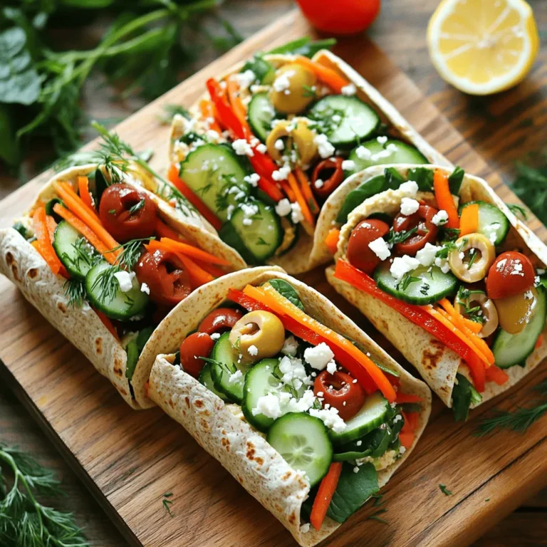 - 4 large whole wheat tortillas - 1 cup hummus (store-bought or homemade) - Fresh vegetables: - 1 cucumber, thinly sliced - 1 red bell pepper, sliced into strips - 1 medium carrot, julienned - 1 cup baby spinach - 1/2 cup cherry tomatoes, halved - 1/4 cup Kalamata olives, sliced You need whole wheat tortillas as the base for your wraps. Hummus, either store-bought or homemade, adds a creamy touch. Fresh vegetables bring crunch and flavor. - 1/4 cup feta cheese, crumbled (optional) - Fresh herbs for garnish, such as parsley or dill Feta cheese is a great way to boost flavor. Fresh herbs can brighten up the dish and make it look pretty. - 2 tablespoons lemon juice - Salt and pepper to taste Lemon juice adds a zesty kick. Salt and pepper enhance all the flavors. Adjust these to fit your taste. This list gives you all the key components to create a tasty Mediterranean Hummus Veggie Wrap. Enjoy preparing and savoring this fresh meal! Start by slicing your vegetables. You will need: - 1 cucumber, thinly sliced - 1 red bell pepper, sliced into strips - 1 medium carrot, julienned - 1 cup baby spinach - 1/2 cup cherry tomatoes, halved - 1/4 cup Kalamata olives, sliced Once sliced, place them in a bowl. Drizzle with 2 tablespoons of lemon juice. Season with salt and pepper. Toss gently to mix all the flavors. Next, prepare your hummus. You can use store-bought or make it at home. If you want to make it at home, blend chickpeas, tahini, lemon juice, garlic, and olive oil until smooth. Lay out your large whole wheat tortillas on a clean surface. Spread a generous layer of hummus over each tortilla. Leave a small border around the edges. This helps with rolling later. Now, layer your vegetable mixture on each hummus-covered tortilla. If you want extra flavor, sprinkle crumbled feta cheese on top. To roll your wraps, start at one end. Gently roll the tortilla away from you. Tuck in the sides as you go. This keeps everything inside. Once rolled, cut each wrap in half diagonally. This makes them easier to hold and eat. For presentation, arrange the wraps on a platter. Garnish with fresh parsley or dill. Serve with extra hummus or a yogurt dip on the side. Enjoy your fresh and tasty meal! You can easily change up your wraps with different ingredients. If you want a twist, try using spinach or tomato tortillas. You can swap out the cucumber for bell peppers or carrots. Want a kick? Add some sliced jalapeños or spicy peppers. For gluten-free options, use gluten-free tortillas. You can also try large lettuce leaves for a lighter wrap. This gives you a fresh crunch and is low in carbs. To keep your wraps fresh, store them in the fridge. Wrap each one tightly in foil or parchment paper. This will keep them from drying out. You can also place them in an airtight container. If you want to make wraps ahead of time, prepare the veggies and hummus first. Store them separately until you're ready to assemble. This keeps the tortillas from getting soggy. You can make them up to two days in advance. Pair your wraps with yummy side dishes. A simple green salad or roasted veggies works great. You can also serve them with chips or pita bread for a crunchy bite. For dipping sauces, try extra hummus or a yogurt-based dip. A tangy tzatziki sauce also adds a nice touch. It keeps the meal fresh and full of flavor. {{image_2}} You can boost your wraps with protein. Adding chickpeas gives a nice texture and flavor. Simply sprinkle them on your veggies. If you eat meat, grilled chicken works great too. Slice it thin and layer it in. For vegetarian options, consider tofu or tempeh. Both are filling and add protein without meat. Experiment with different hummus flavors for a twist. You might try roasted red pepper or garlic hummus. Each offers a unique taste that brightens the wrap. Additionally, consider adding sauces or spreads. A drizzle of tahini or a dollop of tzatziki can elevate the flavors. These additions make your wraps even more delicious. Using seasonal vegetables makes your wraps fresh and vibrant. In summer, add zucchini or bell peppers. In winter, try roasted root veggies like sweet potatoes. You could even toss in some fruits. Slices of apple or pear add a sweet crunch. It's a fun way to mix flavors and colors in your meal. Mediterranean Hummus Veggie Wraps are tasty and good for you. Each wrap has about 250 calories. This meal gives you around 8 grams of protein and 7 grams of fiber. The fiber helps keep your gut healthy. It also makes you feel full longer. Whole wheat tortillas are great for health. They are rich in fiber, which supports good digestion. The veggies in the wraps add vitamins, minerals, and antioxidants. Cucumbers keep you hydrated, while peppers boost your immune system. Hummus is packed with protein and healthy fats. It can help lower cholesterol and support heart health. These wraps fit well for vegan and vegetarian diets. They do not contain meat or dairy. If you skip the feta cheese, they are completely dairy-free. However, check for gluten if you need to avoid it. The wraps can be made with gluten-free tortillas to meet dietary needs. To make easy homemade hummus, you need just a few ingredients. Here is a simple recipe: - 1 can of chickpeas, drained and rinsed - 1/4 cup tahini - 2 tablespoons lemon juice - 1 clove garlic, minced - Salt to taste - 2 tablespoons olive oil - Water for consistency 1. In a blender, combine chickpeas, tahini, lemon juice, garlic, and salt. 2. Blend until smooth. 3. Slowly add olive oil and water until you reach your preferred texture. 4. Taste and adjust salt or lemon juice as needed. This creamy hummus works great in wraps! Serving these wraps with tasty sides makes your meal even better. Here are some great options: - Fresh fruit salad - Greek yogurt with herbs - Pita chips or veggie sticks - Quinoa salad - Roasted chickpeas These dishes blend well with the flavors of the wraps. Yes, you can prepare these wraps ahead of time. Here are some tips for meal prep and storage: - Roll the wraps and wrap them tightly in foil or parchment paper. - Store them in the fridge for up to 2 days. - If you want fresh veggies, add them just before serving. - Keep extra hummus nearby for dipping. This way, you have a quick meal ready whenever you need it! In this article, we explored how to create tasty Mediterranean Hummus Veggie Wraps. We covered the essential and optional ingredients, along with seasoning tips. You learned step-by-step instructions for preparation, assembly, and serving. We also shared ideas for customization and storage. Finally, we looked at nutritional benefits and addressed common questions. These wraps are easy to make and fun to enjoy. They offer many flavors and healthy ingredients, making them a great choice for any meal. Enjoy your wrap-making adventure!