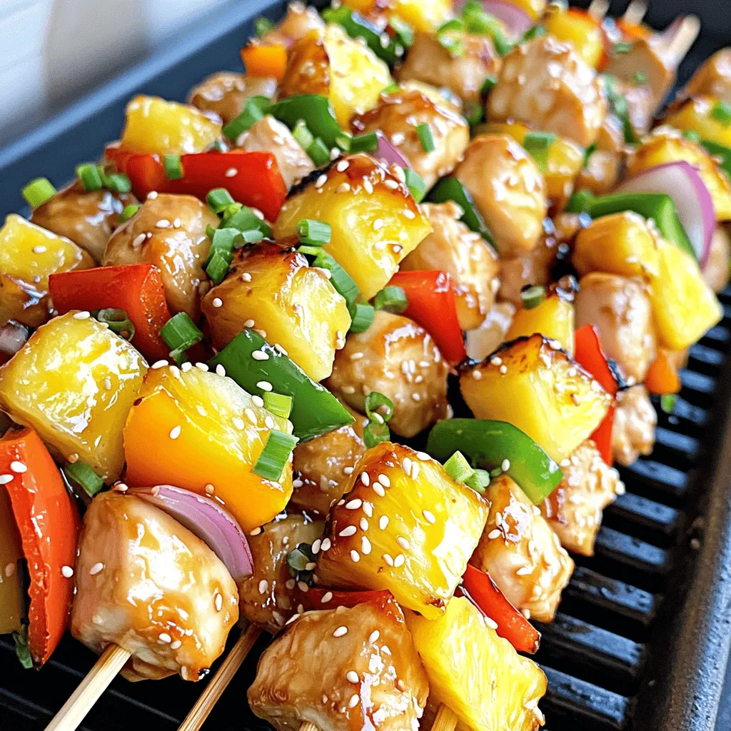 - 1 lb chicken breast, cubed - 1 cup fresh pineapple, cubed - 1 bell pepper (red or yellow), chopped into large pieces - 1 small red onion, cut into wedges - 1/4 cup soy sauce - 2 tablespoons honey - 1 tablespoon sesame oil - 2 cloves garlic, minced - 1 teaspoon fresh ginger, grated - 1 teaspoon cornstarch mixed with 1 tablespoon cold water - Salt and pepper to taste - Skewers (wooden or metal) Gather these items before you start cooking. You want everything ready to go for a smooth process. The chicken is the star here, tender and juicy. Pineapple adds sweetness, while bell pepper and red onion give crunch and color. The marinade combines savory and sweet, making each bite delicious. Don’t forget the cornstarch; it thickens the sauce for a great glaze. Using skewers helps you grill evenly. Enjoy preparing these tasty kabobs! To make the marinade, start with a medium bowl. Combine 1/4 cup soy sauce, 2 tablespoons honey, and 1 tablespoon sesame oil. Next, add 2 cloves minced garlic and 1 teaspoon grated ginger. Season with salt and pepper to taste. Whisk all these ingredients together until well blended. This mixture will add a rich flavor to your chicken. Add 1 pound of cubed chicken breast to the marinade. Make sure the chicken is well coated. Cover the bowl and place it in the refrigerator. Let it marinate for at least 30 minutes. If you have time, letting it sit for up to 2 hours will enhance the flavor even more. Before grilling, prepare your skewers. If you use wooden skewers, soak them in water for at least 30 minutes. This helps prevent burning. Preheat your grill to medium-high heat. Assemble your kabobs by threading the marinated chicken, 1 cup cubed fresh pineapple, 1 chopped bell pepper, and 1 small red onion cut into wedges onto each skewer. Once assembled, place the skewers on the grill. Cook them for about 10-12 minutes, turning them occasionally. This will help your chicken cook evenly and get those nice grill marks. During the last 2-3 minutes, brush on the thickened marinade for extra flavor and shine. - Marinate chicken for at least 30 minutes. For more flavor, 2 hours is best. - Use a resealable bag. It helps the marinade coat the chicken evenly. - Try to poke the chicken with a fork. This allows the marinade to soak in better. - Preheat your grill to medium-high heat, about 400°F. - Cook kabobs for 10-12 minutes. Turn them every few minutes for even cooking. - For great grill marks, avoid moving the kabobs too much. Let them sit for a minute. - Serve kabobs on a colorful platter. Add sesame seeds and green onions for a pop. - Pair kabobs with rice or a fresh salad. This adds balance to your meal. - Consider serving with a dipping sauce, like extra teriyaki, for more flavor. {{image_2}} You can swap chicken for other proteins. Shrimp works well, offering a quick cook time. Tofu is a great option for a plant-based twist. If using shrimp, marinate for only 15 minutes. Tofu needs about an hour for flavor absorption. Adjust the marinade by reducing the soy sauce for a lighter taste. Feel free to use other veggies for your kabobs. Zucchini, cherry tomatoes, or mushrooms add color and taste. Seasonal swaps keep things fresh. In summer, you could use sweet corn or eggplant. In fall, try butternut squash or Brussels sprouts. This way, your dish stays exciting and vibrant. Get creative with the marinade! You can add citrus like lime or orange for a zesty twist. A pinch of red pepper flakes can make it spicy. For a sweeter touch, increase the honey or add brown sugar. Experiment with herbs, like cilantro or basil, to add depth. Making these changes helps personalize your kabobs. To keep leftover kabobs fresh, use airtight containers. Place them in the fridge right away. This helps prevent spoilage. For best results, eat the leftovers within three days. You can also wrap them tightly in plastic wrap if you prefer. This keeps the flavors locked in. When reheating kabobs, use the oven or a skillet. Preheat your oven to 350°F (175°C). Place the kabobs on a baking sheet. Heat for about 10 minutes. If using a skillet, add a little oil. Cook on low heat, turning gently until warm. This keeps the chicken juicy and the veggies crisp. You can freeze uncooked kabobs for later. Arrange them on a baking sheet and freeze until solid. Then, transfer to a freezer bag. For cooked kabobs, let them cool first. Store them in airtight containers or bags. When ready to use, thaw in the fridge overnight. This helps maintain texture and taste. I recommend marinating the chicken for at least 30 minutes. This gives the chicken time to soak up the flavors. For a deeper taste, you can marinate it for up to 2 hours. Just remember to keep it in the fridge while it marinates. Yes, you can use many fruits! Some great options are mango, peaches, or even strawberries. Each fruit adds its unique flavor and sweetness. Just make sure the fruit is firm enough to stay on the skewer without falling apart. You can tell the chicken is done when it reaches an internal temperature of 165°F. You can also check if the juices run clear when you cut into it. The meat should not be pink inside. Cooking times may vary, so keep an eye on it while grilling. In this article, we explored how to make delicious chicken kabobs with fresh ingredients and a tasty marinade. We discussed the key components, from the chicken and pineapple to the marinade’s flavors. You learned step-by-step instructions, helpful tips, and variations to keep your kabob recipes exciting. Now, you can confidently grill kabobs that impress. Enjoy experimenting with different flavors and ingredients. With practice, you'll become a kabob master, bringing joy to your meals.