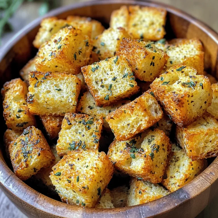 - 4 cups of day-old bread (French or Italian), cut into 1-inch cubes - 3 tablespoons olive oil - 2 teaspoons garlic powder - 1 teaspoon dried oregano - 1 teaspoon dried thyme - 1 teaspoon dried parsley - Salt and pepper to taste Using day-old bread makes the best croutons. Fresh bread can turn soggy. The olive oil helps the herbs stick to the bread. Garlic powder gives a strong flavor. You can mix and match the herbs based on your taste. Feel free to adjust the salt and pepper to your liking. I love using French bread for its crunch. Italian bread works well too. You can even try sourdough for a tangy twist. Rye can add a unique flavor. Whatever bread you choose, aim for a sturdy type that can hold up to frying. First, gather your ingredients. You need four cups of day-old bread, olive oil, garlic powder, dried oregano, dried thyme, dried parsley, and salt and pepper. Day-old bread works best as it holds its shape. Cut the bread into 1-inch cubes. This size helps them cook evenly. Next, place the bread cubes in a large mixing bowl. Drizzle three tablespoons of olive oil over the cubes. Toss them well to coat. This oil gives your croutons flavor and crispiness. Now, sprinkle in two teaspoons of garlic powder, one teaspoon of dried oregano, one teaspoon of dried thyme, and one teaspoon of dried parsley. Add salt and pepper to taste. Toss the cubes again to ensure every piece is covered with the herbs and spices. Now, preheat your air fryer to 325°F (160°C). Preheating makes the cooking even. Once hot, place the seasoned bread cubes in the air fryer basket. Make sure the cubes are in a single layer. Overcrowding can cause uneven cooking, so you may need to do this in batches. Air fry the croutons for about 8-10 minutes. Shake the basket halfway through cooking. This step helps them brown evenly. Keep an eye on them; you want them golden brown and crispy. When done, remove the croutons and let them cool slightly. They will become crunchier as they cool. If your croutons are not crispy, they may have too much oil. Use less oil next time. If they burn, try reducing the cooking time. Every air fryer varies, so keep an eye on them as they cook. If they taste bland, add more herbs or spices before cooking. Adjust the seasoning to your liking for the best flavor. To get the best crispy croutons, use day-old bread. Fresh bread can be too soft. Cut the bread into 1-inch cubes. This size helps them cook evenly. Make sure to toss the cubes in olive oil well. This step adds flavor and helps them crisp up. Don’t overcrowd the air fryer. If needed, work in batches to ensure the air can circulate. Seasoning croutons is key to great flavor. Start with garlic powder for that rich taste. Add oregano, thyme, and parsley for a nice herb mix. Adjust the salt and pepper to your liking. I like to toss the cubes again after adding the spices. This ensures every piece is tasty. You can also try adding grated cheese or spices for a twist. Set your air fryer to 325°F (160°C). This temperature helps the croutons cook through without burning. Cook them for about 8-10 minutes. Don’t forget to shake the basket halfway through. This action helps them brown evenly. Watch them closely toward the end. You want them golden brown and crunchy, not dark. {{image_2}} You can change the flavor of your croutons easily. Try adding cheese for a rich taste. Grated Parmesan or cheddar works well. You can also mix in spices like paprika or cayenne for heat. Want a twist? Add some lemon zest for a fresh kick. These simple changes can elevate your croutons and make them even more delicious. While this recipe calls for French or Italian bread, feel free to get creative. Sourdough adds a tangy flavor. Whole grain bread gives a nutty taste and more fiber. Even bagels can work! Just cut them into cubes, and you will have a fun new texture. Each type of bread brings its unique taste to the mix. If you need gluten-free options, use gluten-free bread. Many brands make great gluten-free bread that works well for croutons. For a vegan option, skip the cheese and stick to the herbs and spices. The olive oil already makes it plant-based. These alternatives ensure everyone can enjoy your tasty croutons! Store your croutons in an airtight container. This keeps them fresh and crispy. You can also use a zip-top bag. Make sure to squeeze out the air before sealing. Place them in a cool, dry place. Avoid direct sunlight to keep them crunchy. These croutons last about a week when stored properly. If you see any signs of moisture, throw them out. To extend their life, keep them in the fridge. They can stay fresh for up to two weeks this way. Just remember, the colder storage may soften them a bit. To bring back that crunch, reheat croutons in the air fryer. Set it to 300°F (150°C) for about 2-3 minutes. This quick method makes them crispy again. You can also use an oven at the same temperature. Just spread them on a baking sheet and watch them closely. Enjoy your croutons as if they were just made! You can make croutons in the oven. Preheat your oven to 375°F (190°C). Cut your bread into cubes. Mix the bread with olive oil and spices in a bowl. Spread the cubes on a baking sheet in one layer. Bake them for 15-20 minutes, tossing halfway, until golden and crisp. Yes, you can use frozen bread. Just let it thaw first. Once it's soft, cut it into cubes. Follow the same steps for seasoning and cooking. The croutons will still turn out tasty. Croutons are great on salads, soups, and casseroles. They add a nice crunch and flavor. You can also snack on them or use them in stuffing. Get creative and mix flavors to match your dishes! Making croutons is easy and fun. We covered key ingredients, cooking steps, and tips for the best crunch. You can also explore tasty variations and smart storage ideas. Croutons add flavor to soups and salads. With this guide, you can make them just right. Experiment with your favorite flavors and bread types. Enjoy your homemade croutons fresh or stored for later. Happy cooking!