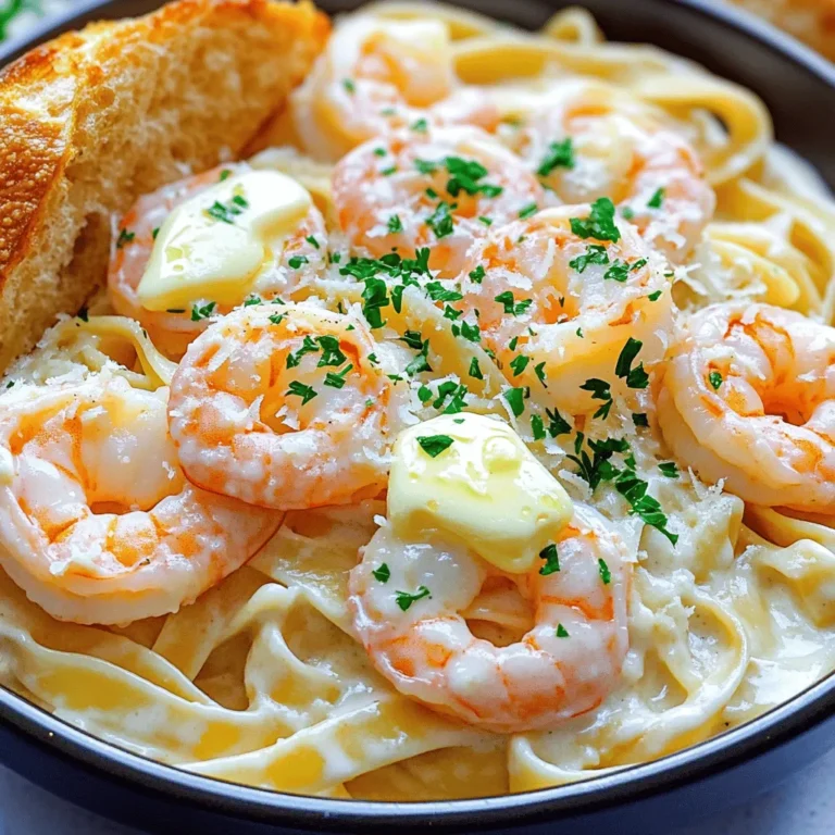 - 8 oz fettuccine pasta - 1 lb large shrimp, peeled and deveined - 4 tablespoons unsalted butter - 4 cloves garlic, minced - 1 cup heavy cream - 1 cup grated Parmesan cheese - 1 teaspoon Italian seasoning - Salt and pepper to taste - Chopped parsley for garnish Gathering the right ingredients is key for Garlic Shrimp Alfredo. Start with fettuccine pasta. It holds sauce well and adds a nice bite. Use large shrimp for a meaty texture. Make sure they are peeled and deveined for easy cooking. Next, you need unsalted butter and fresh garlic. Butter gives richness, while garlic adds flavor. Heavy cream is a must for that creamy sauce. Parmesan cheese brings a savory depth. Don’t forget Italian seasoning, salt, and pepper for flavor balance. Finally, a sprinkle of chopped parsley makes it look pretty. - Crushed red pepper flakes - Lemon zest - Additional cheese varieties For a twist, consider optional ingredients. Crushed red pepper flakes add a nice kick. A touch of lemon zest brightens the dish. You can also mix in other cheese types for extra creaminess. 1. Boil salted water: Fill a large pot with water. Add a good amount of salt. Bring it to a rolling boil. 2. Cooking time details: Add the fettuccine to the boiling water. Cook it according to the package instructions, usually about 8-10 minutes. 3. How to determine doneness: Taste a piece of pasta. It should be tender but still firm. This is called al dente. 1. Tips for perfect shrimp cooking: Use large, fresh shrimp for the best taste. Pat them dry before cooking. 2. Timing for optimal texture: Heat 2 tablespoons of butter in a skillet. Cook the shrimp for 2-3 minutes on each side. They should turn pink and opaque. 3. Safety tips for cooking seafood: Always wash your hands after touching raw shrimp. Cook shrimp to an internal temperature of 145°F. 1. The importance of butter and garlic: Butter adds richness. Garlic gives a strong, tasty flavor. 2. Steps for making a creamy Alfredo sauce: In the same skillet, add more butter. Then, add minced garlic and sauté it until fragrant, about 30 seconds. 3. Tips for achieving the right sauce consistency: Pour in heavy cream. Bring it to a gentle simmer. Gradually whisk in Parmesan cheese until it melts. If it’s too thick, add reserved pasta water slowly. 1. How to mix pasta and sauce effectively: Add the cooked fettuccine and shrimp to the sauce. Toss gently to coat everything well. 2. Flavoring tips with seasonings: Sprinkle Italian seasoning, salt, and pepper to taste. Adjust these to your liking. 3. Serving suggestion strategies: Spoon the mix onto plates. Garnish with chopped parsley and extra Parmesan. Serve with garlic bread for a full meal. - Avoiding common mistakes: Always cook the fettuccine until it's al dente. This keeps it firm and helps it hold the sauce better. Watch the shrimp closely. If you overcook them, they become rubbery. Cook them just until they turn pink and opaque. - How to adjust for different pasta types: If you use spaghetti or penne, the cooking time may vary. Follow the package instructions for the best results. Remember, you want the pasta to soak up the sauce well, so choose a pasta shape with ridges or holes for better flavor. - Ensuring shrimp are not overcooked: Shrimp cook fast. For large shrimp, 2-3 minutes on each side is enough. Once they are pink, remove them from the heat. They will continue to cook slightly after you take them off. - Best ways to plate Garlic Shrimp Alfredo: Use large, shallow bowls. This allows you to show off the pasta and shrimp. Twirl the fettuccine to create a nest in the center of the bowl. Place shrimp on top for a beautiful look. - Garnishing techniques for visual appeal: Sprinkle chopped parsley and extra Parmesan cheese on top. This adds color and freshness. A light drizzle of olive oil can also enhance the shine of the dish. - Serving sides that complement the dish: Serve with crusty garlic bread or a light salad. A simple green salad with lemon dressing pairs well. This balances the richness of the Alfredo sauce nicely. {{image_2}} You can swap shrimp for chicken in this dish. Chicken Alfredo is rich and tasty. Just cook the chicken pieces until they are golden brown. Use the same method for the shrimp, and you get a creamy delight. Another option is mushroom Alfredo. Use sliced mushrooms instead of shrimp for a vegetarian twist. They soak up the sauce well and add a nice texture. If you want a vegan version, there are great plant-based swaps. Use cashew cream instead of heavy cream. You can also try coconut cream for a rich flavor. For the cheese, look for vegan Parmesan. Many brands taste great and melt well. This way, you keep the creamy texture without any dairy. To make your dish even better, add vegetables. Spinach is a great choice. It wilts nicely and adds nutrients. Sun-dried tomatoes bring a burst of flavor and color. You can also try different herbs. Fresh basil or oregano can elevate the taste. Experiment with these options to find your perfect blend! To store leftover Garlic Shrimp Alfredo, place it in an airtight container. Make sure to cool it down first. This keeps the dish fresh for up to three days. When you’re ready to eat, check the smell and look for any changes. To maintain flavor and texture, avoid reheating the pasta too many times. Each time you heat it, the sauce can separate. You might want to add a splash of cream or pasta water when reheating. This helps bring back its creamy goodness. For best practices on freezing, let the Garlic Shrimp Alfredo cool completely. Then, transfer it to a freezer-safe container. It can last up to three months in the freezer. When you’re ready to enjoy it again, thaw it overnight in the fridge. For reheating, use a saucepan over low heat. Add a bit of cream or pasta water to keep the sauce smooth and creamy. Stir often to avoid burning. Enjoy your delicious meal! I recommend using large shrimp. They cook evenly and have great flavor. Fresh shrimp is always best, but frozen works too. Just make sure they are peeled and deveined. This saves you time. If you can, buy wild-caught shrimp. They often taste better than farmed shrimp. Yes, you can make Garlic Shrimp Alfredo ahead of time. Cook the pasta and shrimp, then store them separately. This helps keep them fresh. When you are ready to eat, just reheat the shrimp. Warm the sauce in a pot and add the pasta. Stir gently to combine everything. To thicken your Alfredo sauce, add more Parmesan cheese. This cheese melts well and adds flavor. You can also use less heavy cream. If the sauce is too thin, let it cook longer over low heat. Stir it often to prevent burning. Garlic Shrimp Alfredo pairs well with a few side dishes. A crisp green salad adds freshness. Garlic bread is a classic choice too. You could also serve steamed broccoli for some veggies. Each side brings different flavors that complement the dish. Garlic Shrimp Alfredo is a simple and tasty dish. We covered essential and optional ingredients, from fettuccine to fresh parsley. Step-by-step, you learned to cook pasta, sauté shrimp, and prepare a rich sauce. Remember, success lies in the details. Adjust for flavor and presentation. You can also try variations for dietary needs. Store leftovers properly to keep them delicious. Now you can create your own Garlic Shrimp Alfredo. Enjoy making this dish and impressing everyone with your skills!