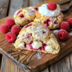 To make these scones, gather these main ingredients: - 2 cups all-purpose flour - 1/4 cup granulated sugar - 1 tablespoon baking powder - 1/2 teaspoon salt - 1/4 cup cold unsalted butter, cubed - 1/2 cup heavy cream - 1 large egg - 1 cup fresh raspberries (or frozen, thawed) - 1/2 cup white chocolate chips - 1 teaspoon vanilla extract - Coarse sugar for sprinkling on top These ingredients work together to create soft, flavorful scones. The flour gives structure, while the sugar adds sweetness. Baking powder helps the scones rise, making them light and fluffy. Raspberries and white chocolate chips provide bursts of flavor. You can customize your scones with these optional ingredients: - Substitute fresh raspberries with blueberries or strawberries for a different taste. - Use dark chocolate chips instead of white chocolate for a richer flavor. - Swap heavy cream with buttermilk or milk for a lighter version. - Add lemon zest to enhance the scone's flavor. These substitutions allow you to create your unique twist on the classic recipe. To make these scones, you will need: - A large mixing bowl - A whisk for mixing dry ingredients - A pastry cutter or your fingertips for combining butter - A separate bowl for wet ingredients - A floured surface for kneading - A baking sheet lined with parchment paper Having the right tools makes the process easier and more enjoyable. You’ll find that using a pastry cutter helps achieve the perfect crumbly texture. First, set your oven to 400°F (200°C). Line a baking sheet with parchment paper. In a large bowl, mix 2 cups of all-purpose flour, 1/4 cup of granulated sugar, 1 tablespoon of baking powder, and 1/2 teaspoon of salt. This blend gives your scones a nice rise. Next, take 1/4 cup of cold unsalted butter, cubed, and add it to the bowl. Use a pastry cutter or your fingers to mix it until it looks like coarse crumbs. In another bowl, whisk together 1/2 cup of heavy cream, 1 large egg, and 1 teaspoon of vanilla extract. Pour this creamy mix into the flour blend and stir gently. Add 1 cup of fresh raspberries and 1/2 cup of white chocolate chips. Be careful not to overmix; this keeps the scones light. Turn the dough onto a floured surface. Knead it a few times until it holds together. Shape the dough into a circle, about 1 inch thick. You can cut the dough into wedges or use a round biscuit cutter to make individual scones. Place the scones on the lined baking sheet. Brush the tops with a little cream. Sprinkle some coarse sugar on top for a nice crunch. Bake your scones in the preheated oven for 15 to 20 minutes. Look for a golden brown color. When done, let them cool slightly on the baking sheet. After a few minutes, transfer them to a wire rack. Enjoy the wonderful smell as they cool! To get the best scone texture, start with cold butter. This keeps the scones flaky. You want to mix the butter into the flour until it looks like tiny crumbs. Do not overmix your dough. Gently fold in the raspberries and chocolate chips. Overmixing can make your scones tough. Baking time can change based on your oven. Start checking your scones at 15 minutes. They should be golden brown on top. If they need more time, add a few minutes. Keep an eye on them to avoid burning. Serve these scones warm for the best taste. A dollop of clotted cream or butter adds richness. You can also garnish with extra raspberries. This makes your dish look lovely and fresh. Enjoy with tea or coffee for a delightful treat! {{image_2}} You can change flavors to make your scones unique. Try adding lemon zest for a fresh taste. Orange zest also works well, giving a nice citrus kick. If you love spice, a pinch of cinnamon or nutmeg can add warmth. For more chocolate flavor, swap some white chocolate for dark chocolate chips. To make gluten-free scones, use a gluten-free flour blend. Look for one that has xanthan gum. This will help bind the dough. You may need to adjust the liquid. Gluten-free flours can absorb more moisture. Start with a little extra cream to keep the dough moist. Dried fruits, like cranberries or apricots, can be great additions. Chop them into small pieces before adding. Nuts, such as almonds or walnuts, also make a nice crunch. Just remember to adjust the amount of sugar if you add sweet dried fruits. This will help balance the flavors and keep your scones delicious. To keep leftover scones fresh, place them in an airtight container. This helps prevent them from getting dry. You can store them at room temperature for up to two days. If you want to keep them longer, consider refrigerating them. Just note, refrigeration may change their texture a bit. Freezing scones is a great way to save them for later. Start by letting the scones cool completely. Then, wrap each scone tightly in plastic wrap. Place wrapped scones in a freezer-safe bag or container. They can stay frozen for up to three months. When you’re ready to enjoy them, just thaw them in the fridge overnight. Reheating scones is easy and brings back their fresh taste. Preheat your oven to 350°F (175°C). Place the scones on a baking sheet. Heat them for about 10 minutes, or until they are warm. You can also reheat them in a microwave for about 15-20 seconds. Just be careful not to overheat, as that can make them tough. Enjoy your warm scones with a bit of butter or cream! Yes, you can use frozen raspberries. Just make sure to thaw them first. Drain any extra liquid before adding them to the dough. This keeps the scones from getting too wet. Frozen raspberries can work well, but they may break apart more easily. You can use whole milk or half-and-half if you need a substitute for heavy cream. These options will work, but the scones may not be as rich. For a dairy-free choice, almond milk or coconut milk can be used. Just remember that the texture may change slightly. Scones are best enjoyed fresh. They can last for 1-2 days at room temperature in an airtight container. If you want them to last longer, you can freeze them. Scones can be stored in the freezer for up to three months. Just be sure to wrap them tightly to prevent freezer burn. Raspberry white chocolate scones are fun to make and delicious to eat. We covered the key ingredients, tools, and the steps needed to bake them. You learned tips to make the perfect scone and ways to store them for later. I shared creative variations to suit your taste, too. Now it’s time to bake these scones and enjoy their sweet, fruity flavor with friends. Happy baking!