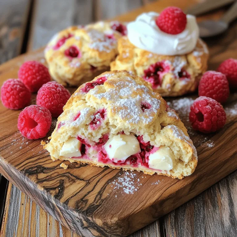 To make these scones, gather these main ingredients: - 2 cups all-purpose flour - 1/4 cup granulated sugar - 1 tablespoon baking powder - 1/2 teaspoon salt - 1/4 cup cold unsalted butter, cubed - 1/2 cup heavy cream - 1 large egg - 1 cup fresh raspberries (or frozen, thawed) - 1/2 cup white chocolate chips - 1 teaspoon vanilla extract - Coarse sugar for sprinkling on top These ingredients work together to create soft, flavorful scones. The flour gives structure, while the sugar adds sweetness. Baking powder helps the scones rise, making them light and fluffy. Raspberries and white chocolate chips provide bursts of flavor. You can customize your scones with these optional ingredients: - Substitute fresh raspberries with blueberries or strawberries for a different taste. - Use dark chocolate chips instead of white chocolate for a richer flavor. - Swap heavy cream with buttermilk or milk for a lighter version. - Add lemon zest to enhance the scone's flavor. These substitutions allow you to create your unique twist on the classic recipe. To make these scones, you will need: - A large mixing bowl - A whisk for mixing dry ingredients - A pastry cutter or your fingertips for combining butter - A separate bowl for wet ingredients - A floured surface for kneading - A baking sheet lined with parchment paper Having the right tools makes the process easier and more enjoyable. You’ll find that using a pastry cutter helps achieve the perfect crumbly texture. First, set your oven to 400°F (200°C). Line a baking sheet with parchment paper. In a large bowl, mix 2 cups of all-purpose flour, 1/4 cup of granulated sugar, 1 tablespoon of baking powder, and 1/2 teaspoon of salt. This blend gives your scones a nice rise. Next, take 1/4 cup of cold unsalted butter, cubed, and add it to the bowl. Use a pastry cutter or your fingers to mix it until it looks like coarse crumbs. In another bowl, whisk together 1/2 cup of heavy cream, 1 large egg, and 1 teaspoon of vanilla extract. Pour this creamy mix into the flour blend and stir gently. Add 1 cup of fresh raspberries and 1/2 cup of white chocolate chips. Be careful not to overmix; this keeps the scones light. Turn the dough onto a floured surface. Knead it a few times until it holds together. Shape the dough into a circle, about 1 inch thick. You can cut the dough into wedges or use a round biscuit cutter to make individual scones. Place the scones on the lined baking sheet. Brush the tops with a little cream. Sprinkle some coarse sugar on top for a nice crunch. Bake your scones in the preheated oven for 15 to 20 minutes. Look for a golden brown color. When done, let them cool slightly on the baking sheet. After a few minutes, transfer them to a wire rack. Enjoy the wonderful smell as they cool! To get the best scone texture, start with cold butter. This keeps the scones flaky. You want to mix the butter into the flour until it looks like tiny crumbs. Do not overmix your dough. Gently fold in the raspberries and chocolate chips. Overmixing can make your scones tough. Baking time can change based on your oven. Start checking your scones at 15 minutes. They should be golden brown on top. If they need more time, add a few minutes. Keep an eye on them to avoid burning. Serve these scones warm for the best taste. A dollop of clotted cream or butter adds richness. You can also garnish with extra raspberries. This makes your dish look lovely and fresh. Enjoy with tea or coffee for a delightful treat! {{image_2}} You can change flavors to make your scones unique. Try adding lemon zest for a fresh taste. Orange zest also works well, giving a nice citrus kick. If you love spice, a pinch of cinnamon or nutmeg can add warmth. For more chocolate flavor, swap some white chocolate for dark chocolate chips. To make gluten-free scones, use a gluten-free flour blend. Look for one that has xanthan gum. This will help bind the dough. You may need to adjust the liquid. Gluten-free flours can absorb more moisture. Start with a little extra cream to keep the dough moist. Dried fruits, like cranberries or apricots, can be great additions. Chop them into small pieces before adding. Nuts, such as almonds or walnuts, also make a nice crunch. Just remember to adjust the amount of sugar if you add sweet dried fruits. This will help balance the flavors and keep your scones delicious. To keep leftover scones fresh, place them in an airtight container. This helps prevent them from getting dry. You can store them at room temperature for up to two days. If you want to keep them longer, consider refrigerating them. Just note, refrigeration may change their texture a bit. Freezing scones is a great way to save them for later. Start by letting the scones cool completely. Then, wrap each scone tightly in plastic wrap. Place wrapped scones in a freezer-safe bag or container. They can stay frozen for up to three months. When you’re ready to enjoy them, just thaw them in the fridge overnight. Reheating scones is easy and brings back their fresh taste. Preheat your oven to 350°F (175°C). Place the scones on a baking sheet. Heat them for about 10 minutes, or until they are warm. You can also reheat them in a microwave for about 15-20 seconds. Just be careful not to overheat, as that can make them tough. Enjoy your warm scones with a bit of butter or cream! Yes, you can use frozen raspberries. Just make sure to thaw them first. Drain any extra liquid before adding them to the dough. This keeps the scones from getting too wet. Frozen raspberries can work well, but they may break apart more easily. You can use whole milk or half-and-half if you need a substitute for heavy cream. These options will work, but the scones may not be as rich. For a dairy-free choice, almond milk or coconut milk can be used. Just remember that the texture may change slightly. Scones are best enjoyed fresh. They can last for 1-2 days at room temperature in an airtight container. If you want them to last longer, you can freeze them. Scones can be stored in the freezer for up to three months. Just be sure to wrap them tightly to prevent freezer burn. Raspberry white chocolate scones are fun to make and delicious to eat. We covered the key ingredients, tools, and the steps needed to bake them. You learned tips to make the perfect scone and ways to store them for later. I shared creative variations to suit your taste, too. Now it’s time to bake these scones and enjoy their sweet, fruity flavor with friends. Happy baking!