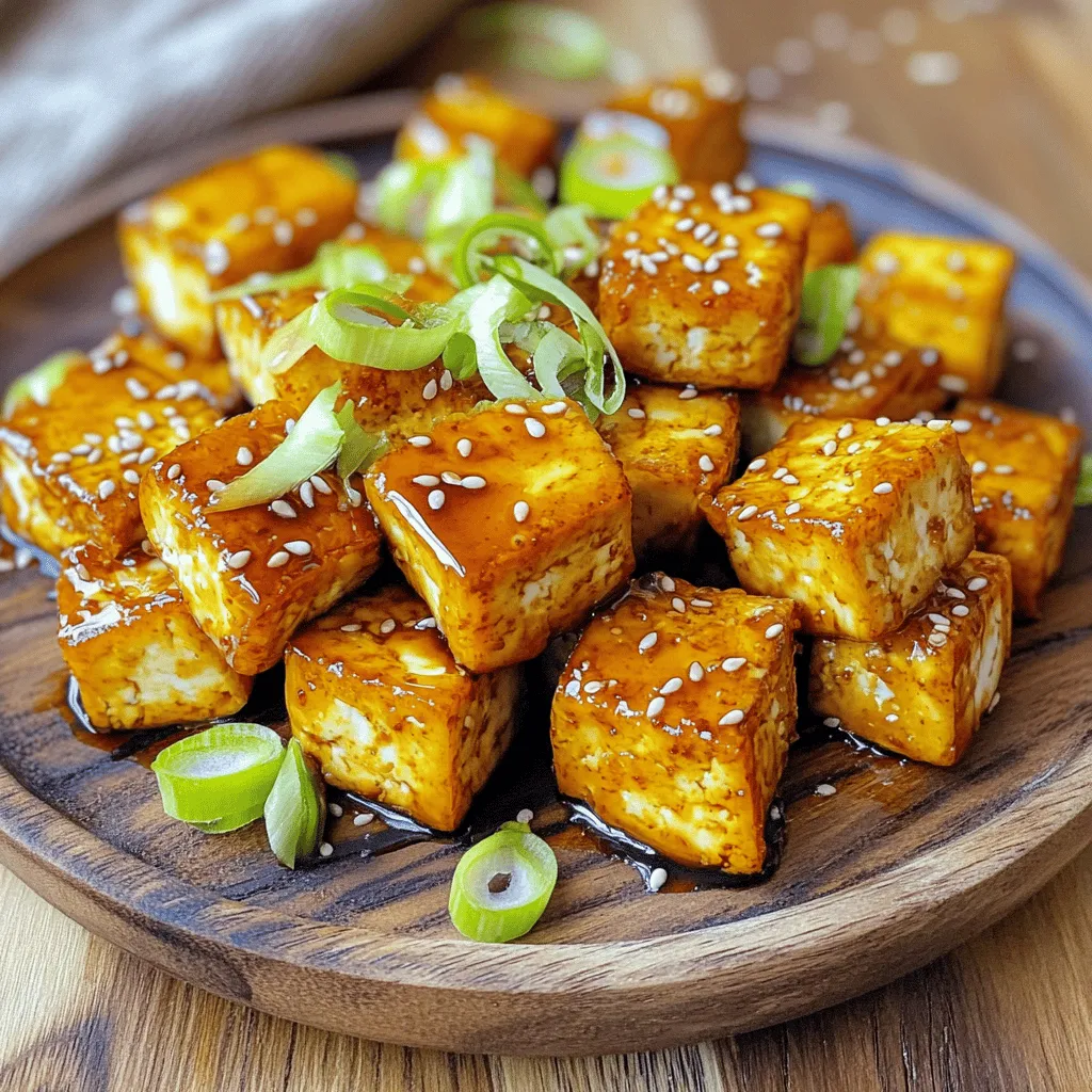 - 1 block (14 oz) firm tofu - 1/4 cup low sodium soy sauce - 1/4 cup maple syrup - 1 tablespoon rice vinegar - 1 tablespoon sesame oil - 2 cloves minced garlic - 1 teaspoon fresh ginger, grated - 1 tablespoon cornstarch - 1 tablespoon sesame seeds - 2 green onions, sliced for garnish The main star of this dish is firm tofu. I choose firm because it holds its shape well. Pressing the tofu is key. This removes moisture and helps it absorb flavor. Next, low sodium soy sauce adds saltiness without overpowering. Maple syrup gives a sweet touch that balances the soy. Rice vinegar adds tang, while sesame oil brings a rich flavor. Minced garlic and fresh ginger are must-haves in my marinade. They add depth and a lovely aroma. Cornstarch helps create a crispy outer layer when air frying. Finally, sesame seeds and green onions are perfect for garnish. They bring texture and a pop of color. Each ingredient plays an important role in making these tofu bites both tasty and visually appealing. First, press the tofu. This step is key to removing extra moisture. Wrap the block in a clean kitchen towel. Place something heavy on top, like a skillet, for at least 30 minutes. This helps the tofu absorb the marinade better. Next, cut the pressed tofu into bite-sized cubes. Aim for pieces about 1 inch each. This size cooks evenly and makes for easy eating. Set the cubes aside as you prepare the marinade. Now, let's create the marinade. In a bowl, mix the following ingredients: - 1/4 cup low sodium soy sauce - 1/4 cup maple syrup - 1 tablespoon rice vinegar - 1 tablespoon sesame oil - 2 cloves garlic, minced - 1 teaspoon fresh ginger, grated Whisk these together until well combined. This mix will add a sweet and salty flavor to the tofu. Next, marinate the tofu. Put the cubed tofu in a Ziploc bag or a bowl. Pour the marinade over the tofu, then seal or cover it. Let it marinate in the fridge for at least 30 minutes. For a stronger flavor, you can marinate it up to 2 hours. After marinating, it's time to coat the tofu. Sprinkle 1 tablespoon of cornstarch over the tofu cubes. Gently toss the tofu until each piece is coated. This helps make the tofu nice and crispy in the air fryer. Now, preheat your air fryer to 375°F (190°C). Place the coated tofu cubes in the air fryer basket in a single layer. Make sure they are not overcrowded. Cook for about 15-20 minutes. Shake the basket halfway through cooking to ensure even crisping. The tofu should turn golden and crispy. Once done, remove the tofu bites from the air fryer. While they are still hot, sprinkle sesame seeds over them. This adds a nice crunch and flavor. Enjoy your Air Fryer Teriyaki Tofu Bites warm! To get the best texture from your tofu, start with pressing it well. Pressing removes excess water. This step is key for crispy bites. Place the tofu between two plates and add some weight on top. Let it sit for at least 30 minutes. This will help the tofu absorb flavors better. Cornstarch is your secret weapon for crispy tofu. After marinating, toss the cubes in cornstarch. This coating creates a crunchy shell when you air fry. Make sure each piece is well coated. Skipping this step can lead to soggy bites. Pair your teriyaki tofu with great sides. Steamed rice is a classic choice. It soaks up the tasty sauce. A fresh salad adds crunch and brightness. You can also serve it with stir-fried veggies for extra color. For garnishes, sliced green onions add a fresh touch. Sprinkle sesame seeds on top for a nutty flavor. You can even add some chili flakes for heat. These simple additions will enhance your meal. {{image_2}} You can change ingredients to suit your taste. For sweeteners, try using agave syrup or honey instead of maple syrup. Both will add sweetness, but honey will make the dish not vegan. If you want a different taste, you can use coconut aminos in place of soy sauce. It is less salty and adds a mild flavor. For oils, sesame oil gives a nice flavor, but you can use olive oil or avocado oil instead. Both work well and can add a twist to the dish. To make these tofu bites even tastier, add spices or herbs. A pinch of red pepper flakes can add a little heat. Or you can sprinkle in some smoked paprika for a warm flavor. Fresh herbs like cilantro or basil can also make this dish pop. You might want to add some vegetables too. Bell peppers, broccoli, or snap peas can mix well with the tofu. Simply toss them in with the tofu during the air frying. This makes your meal colorful and healthy. Enjoy experimenting with these variations! To keep your teriyaki tofu bites fresh, follow these simple steps: - Cool before refrigerating: Let the tofu bites cool down to room temperature. - Use airtight containers: Place the cooled tofu in a container with a tight lid. - Refrigeration: Store the container in the fridge. This keeps the tofu from drying out. Cooked tofu bites can last up to 3-4 days in the fridge. After that, the texture and taste may change. When it's time to enjoy your leftovers, you can reheat them in a few ways: - Air fryer: Preheat your air fryer to 375°F (190°C) and air fry for about 5-7 minutes. - Oven: Place tofu bites on a baking sheet and reheat at 375°F (190°C) for 10-12 minutes. - Microwave: For a quick option, use the microwave for 1-2 minutes. To keep the tofu crispy, avoid using the microwave if possible. Instead, choose the air fryer or oven. This helps maintain that wonderful crunch. No, I do not recommend using soft tofu. Firm tofu holds its shape better. It also crisps up well in the air fryer. Soft tofu may break apart and become mushy during cooking. You can keep marinated tofu in the fridge for up to two days. This lets the flavors soak in deeply. Make sure to store it in an airtight container. If you need to keep it longer, freeze the tofu instead. Yes, you can make these tofu bites gluten-free. Simply swap low sodium soy sauce for gluten-free soy sauce or tamari. Always check labels to ensure there are no hidden gluten ingredients. A model with adjustable temperature and a good basket is ideal. I recommend air fryers with a capacity of at least 3.7 quarts. This size allows enough room for even cooking. Brands like Ninja or Philips offer reliable options. In this article, we explored how to make delicious and crispy tofu bites. We covered main and additional ingredients, along with easy step-by-step instructions. I shared tips for perfect results and ideas for variations and serving. Remember, pressing tofu and using cornstarch are key for crispiness. Storage tips and answers to questions will help you enjoy these bites longer. With this guide, you can confidently cook tasty tofu. Enjoy your cooking journey!