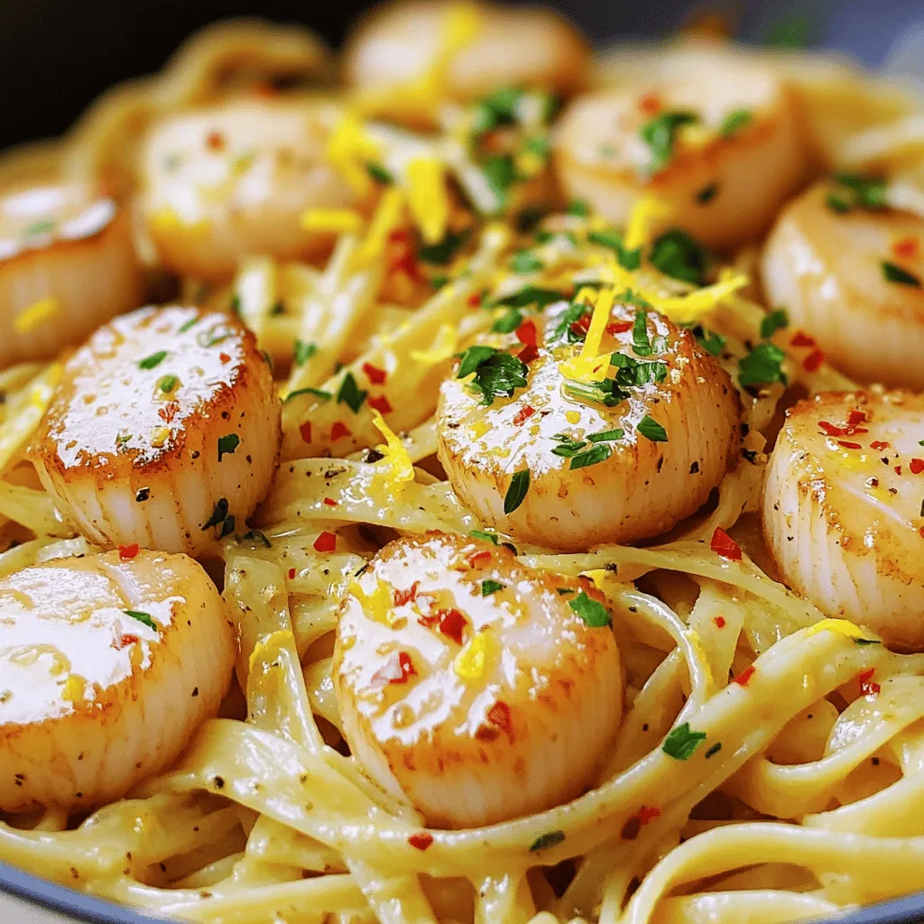 To make this tasty dish, you need: - 8 oz linguine pasta - 1 lb sea scallops, cleaned and patted dry - 4 tablespoons unsalted butter - 4 cloves garlic, minced - 1 tablespoon lemon juice - 1 teaspoon red pepper flakes (optional) - Salt and pepper to taste - Zest of 1 lemon These ingredients come together to create a rich and buttery sauce that pairs perfectly with scallops. You can enhance your dish with these extras: - Red pepper flakes for a spicy kick - Extra lemon juice for more zest - A splash of white wine for depth These optional ingredients can give your dish a unique touch. Garnishing makes your dish look and taste better. Here are some ideas: - Fresh parsley, chopped - Lemon wedges - Extra lemon zest These garnishes add color and freshness to your plate. Start by bringing a large pot of salted water to a boil. This helps add flavor to your pasta. Once it boils, add 8 oz of linguine. Cook it according to the package instructions until it is al dente. This usually takes about 8 to 10 minutes. After cooking, drain the pasta but save 1/2 cup of the pasta water. This water will help make your sauce creamy later. While the pasta cooks, you can prepare the scallops. Take 1 lb of sea scallops and pat them dry with a paper towel. It’s important to dry them well, so they sear nicely. Next, season the scallops with salt and pepper on both sides. Heat a large skillet over medium-high heat and melt 2 tablespoons of unsalted butter in it. When the butter starts to bubble, add the scallops. Cook them for about 2-3 minutes on each side. They should be golden brown and opaque when done. Once cooked, remove them from the skillet and set them aside. Now, let’s make the garlic butter sauce! In the same skillet, turn the heat down to medium and add the remaining 2 tablespoons of butter. Once melted, add 4 cloves of minced garlic. Stir for about 1 minute until it smells great but is not browned. If you like some heat, add 1 teaspoon of red pepper flakes at this stage. Next, toss in the cooked linguine, mixing it well with the garlic butter sauce. Pour in the reserved pasta water, 1 tablespoon of lemon juice, and the zest of 1 lemon to brighten the flavors. Gently mix everything together and return the scallops to the skillet. Toss again to combine. Adjust the seasoning with salt and pepper if needed. Serve right away, and don’t forget to garnish with chopped parsley for a fresh touch! To get a great sear, start with dry scallops. Pat them well with paper towels. This helps them brown nicely. Season both sides with salt and pepper. Heat your skillet before adding butter. The pan should be hot, but not smoking. Add scallops in a single layer. Don't crowd them in the pan. Sear for 2-3 minutes on each side. You want a golden crust with a soft center. This gives great flavor and texture. Garlic is key in this dish. Use fresh garlic for the best taste. Mince it finely so it cooks evenly. When the garlic hits hot butter, it releases a wonderful aroma. Cook it just until fragrant—about one minute. Avoid browning the garlic, as it can taste bitter. For extra flavor, add lemon zest along with the garlic. This brightens the dish and adds freshness. If you like heat, add red pepper flakes. Start with one teaspoon. This gives a nice kick without overpowering the dish. You can always add more if you want it spicier. If you prefer mild flavors, skip the red pepper. Taste your sauce before serving. Adjust salt and pepper levels to your liking. Cooking should be fun, so make it your own! {{image_2}} You can swap linguine for other pasta types. Fettuccine or spaghetti work well. Even gluten-free pasta is a great choice. Each option gives a new twist to the dish. The cooking time may vary slightly, so check the package. Want to add some color and nutrition? Toss in fresh spinach, cherry tomatoes, or zucchini. You can sauté veggies in the garlic butter sauce before adding the pasta. This step makes the meal more vibrant and tasty. Just remember to keep the veggies crisp. Not in the mood for scallops? Shrimp or chicken can be excellent substitutes. Both proteins pair nicely with garlic butter. If you use shrimp, cook them until pink and firm. For chicken, ensure it is cooked through and sliced thin. Each option offers its unique flavor, keeping the dish exciting. You can store leftover Minute Garlic Butter Scallop Linguine in an airtight container. Keep it in the fridge. It will last about 2 to 3 days. Make sure to let it cool before sealing. This helps keep the scallops fresh. When you reheat, do it gently. Use a skillet over low heat. Add a splash of water or broth to keep it moist. Stir often to prevent sticking. You can also microwave it. Cover it with a damp paper towel and heat in short bursts. This helps avoid drying out your meal. Freezing is not ideal for this dish. Scallops can become tough when frozen. If you must freeze, separate the pasta and scallops. Store them in separate containers. Use within a month for the best taste. When ready to eat, thaw in the fridge overnight and reheat as mentioned above. Making Minute Garlic Butter Scallop Linguine takes about 20 minutes. You can prep in just 10 minutes. The cooking time is quick, too. Boiling the pasta and searing the scallops is fast. This dish is perfect for busy nights. Yes, you can use frozen scallops. Make sure to thaw them first. Place them in the fridge overnight. If short on time, you can run cold water over them. Dry them well before cooking. This step keeps them from steaming. Properly thawed scallops will sear better and taste great. You can serve scallop linguine with a fresh salad. A simple green salad adds nice crunch. Garlic bread pairs well for a cozy meal. You might also consider a light white wine. This complements the dish beautifully. Enjoy your meal with friends or family for a great time! This article walked you through the tasty Minute Garlic Butter Scallop Linguine. You learned about key ingredients and how to cook them well. We shared tips for the perfect sear and ways to add your spin. Remember, you can store leftovers or even freeze them for later. Cooking this dish gives great results with just a few steps. Now, go enjoy your meal and impress your friends!