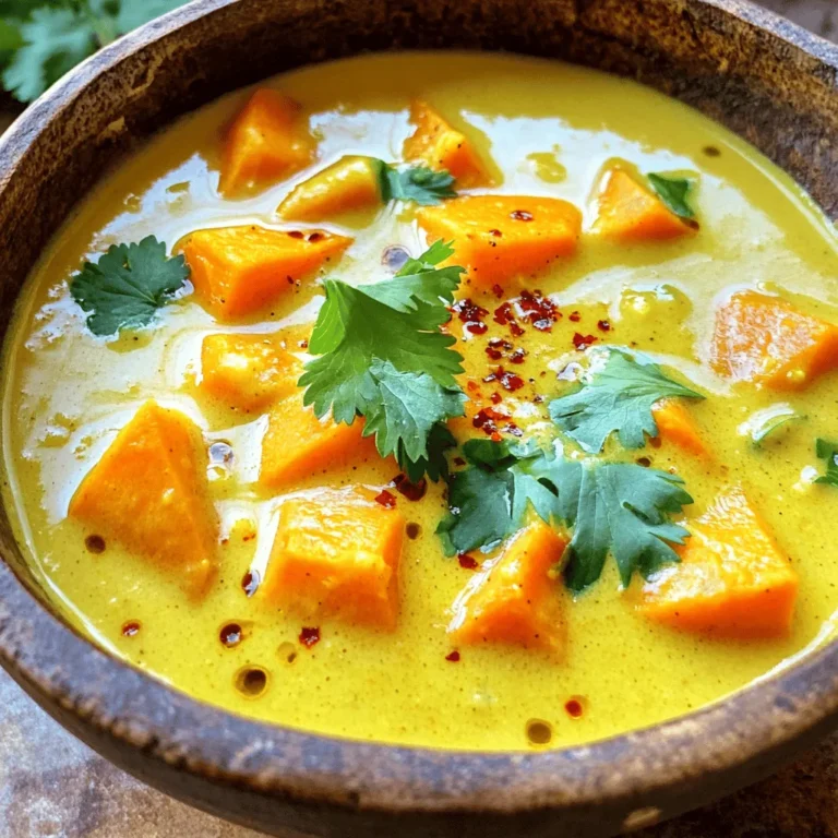 - 2 medium sweet potatoes, peeled and diced - 1 tablespoon coconut oil - 1 onion, chopped - 3 cloves garlic, minced - 1 tablespoon fresh ginger, grated - 2 tablespoons red curry paste - 1 can (400ml) coconut milk - 4 cups vegetable broth - 1 tablespoon soy sauce or tamari - 1 teaspoon turmeric powder - Salt and pepper to taste - Juice of 1 lime - Fresh cilantro, chopped (for garnish) - Red chili flakes (optional, for heat) Sweet potatoes are high in fiber and vitamins A and C. They help with digestion and boost your immune system. Coconut oil adds healthy fats and improves heart health. Onions and garlic support your heart and may reduce cancer risk. Ginger helps with digestion and may ease nausea. Red curry paste adds flavor and may increase metabolism. Coconut milk offers healthy fats and adds creaminess. Vegetable broth provides hydration and flavor without calories. Soy sauce or tamari adds umami and helps with flavor balance. Turmeric has anti-inflammatory properties. Lime juice gives freshness and vitamin C. Fresh cilantro adds flavor and antioxidants. Red chili flakes can boost metabolism and add heat. If you cannot find sweet potatoes, you can use butternut squash. You can swap coconut oil for olive oil if needed. If you want less heat, use mild curry paste or reduce the amount. For a nut-free option, use sunflower oil instead of coconut oil. You can replace coconut milk with almond milk for a lighter soup, but the texture will change. If you avoid soy, try liquid aminos instead of soy sauce. Use lemon juice in place of lime juice if desired. For a different herb, try parsley instead of cilantro. First, gather all your ingredients. You will need: - 2 medium sweet potatoes, peeled and diced - 1 tablespoon coconut oil - 1 onion, chopped - 3 cloves garlic, minced - 1 tablespoon fresh ginger, grated - 2 tablespoons red curry paste - 1 can (400ml) coconut milk - 4 cups vegetable broth - 1 tablespoon soy sauce or tamari - 1 teaspoon turmeric powder - Salt and pepper to taste - Juice of 1 lime - Fresh cilantro, chopped (for garnish) - Red chili flakes (optional, for heat) Next, peel and dice the sweet potatoes. Chop the onion, mince the garlic, and grate the ginger. This prep makes cooking easier. In a large pot, heat the coconut oil over medium heat. Add the chopped onion. Sauté it for about 5 minutes until it softens. The key is to not let it burn. Now, stir in the minced garlic, grated ginger, and red curry paste. Sauté this mix for another 2 minutes. You want those flavors to come alive! Add the diced sweet potatoes to the pot. Mix them well with the curry base. This step ensures every piece gets covered in flavor. Pour in the coconut milk and vegetable broth. Add the soy sauce and turmeric powder. Bring this mixture to a gentle boil. Once boiled, reduce the heat to low. Let the soup simmer for about 20 minutes. This helps the sweet potatoes become tender. Now it’s time to blend! Use an immersion blender to blend the soup until it’s smooth. If you don’t have one, carefully transfer the soup in batches to a regular blender. After blending, return it to the pot. Next, season the soup with salt, pepper, and lime juice. Stir well and taste it. Adjust the seasoning if needed. Finally, serve the soup hot. Garnish it with fresh cilantro and a sprinkle of red chili flakes for some heat. Enjoy your Coconut Curry Sweet Potato Soup! To cook sweet potatoes well, start with medium-sized ones. Peel and dice them into even pieces. This helps them cook evenly. Use a sharp knife for safety and speed. Always rinse the diced potatoes to remove excess starch. This step makes them less sticky and helps with texture. To get a creamy soup, use full-fat coconut milk. It makes the soup rich and smooth. Blend the soup until it is completely smooth. An immersion blender works best. If you don’t have one, a regular blender is fine. Always blend in small batches to avoid spills. You can easily change the spice level. If you want it milder, use less red curry paste. Start with one tablespoon and taste. For more heat, add red chili flakes. You can also use fresh chili peppers for a kick. Just remember to remove seeds if you don’t want it too spicy. {{image_2}} You can easily make this soup vegetarian or vegan. The base is already plant-based. Just use vegetable broth and coconut milk. You might want to add more veggies like carrots or bell peppers. These will add color and flavor. You can also use tofu for extra protein. This way, everyone can enjoy the soup. If you want to add protein, you have options. For a vegan twist, try adding black beans or chickpeas. These beans are high in protein and fiber. If you prefer meat, shredded chicken works well. Just add cooked chicken during the last few minutes of cooking. Either choice makes the soup heartier and more filling. Spices can change the flavor of your soup. Try adding cumin or coriander for a warm taste. You can also use curry powder instead of red curry paste. For a spicy kick, mix in cayenne pepper or fresh chili. Each spice will give a unique twist to the soup. Experiment and find what flavors you love best! To keep your coconut curry sweet potato soup fresh, let it cool first. Once cool, place it in an airtight container. Store it in the fridge. The soup will last up to 3 days. Make sure to label the container with the date. This way, you can track how long it has been stored. If you want to store the soup longer, freezing is a great option. Pour the cooled soup into freezer-safe containers or bags. Leave some space at the top, as the soup will expand when frozen. Seal tightly and freeze for up to 3 months. Thaw it in the fridge overnight before reheating. Reheating is simple. If frozen, thaw the soup first in the fridge. Pour the soup into a pot and heat over medium heat. Stir often to prevent sticking. You can also use a microwave. Heat in short bursts, stirring in between. Ensure it is hot all the way through before serving. Add a splash of coconut milk for extra creaminess if desired. Yes, you can use different potatoes. Regular potatoes, like Yukon Gold, work well. They add a nice creaminess. However, sweet potatoes give the soup its unique flavor and sweetness. If you swap, be aware the taste will change. To make the soup spicier, add more red curry paste. Start with a teaspoon more and taste as you go. You can also sprinkle in red chili flakes during cooking. For extra heat, add fresh chopped chili peppers. Just remember, it’s easier to add than take away heat! This soup pairs well with crusty bread or naan. A light salad can balance the meal too. For a heartier option, serve it with rice. You could also top it with roasted chickpeas for extra crunch. Enjoy discovering what you like best! We covered key ingredients and their benefits, plus tips for cooking sweet potatoes. You now have step-by-step instructions to create a creamy soup. Remember to try variations to suit your taste, whether vegetarian or with added proteins. Storing leftovers is easy with the right methods. This soup is comforting and full of flavor. Enjoy making it your own!