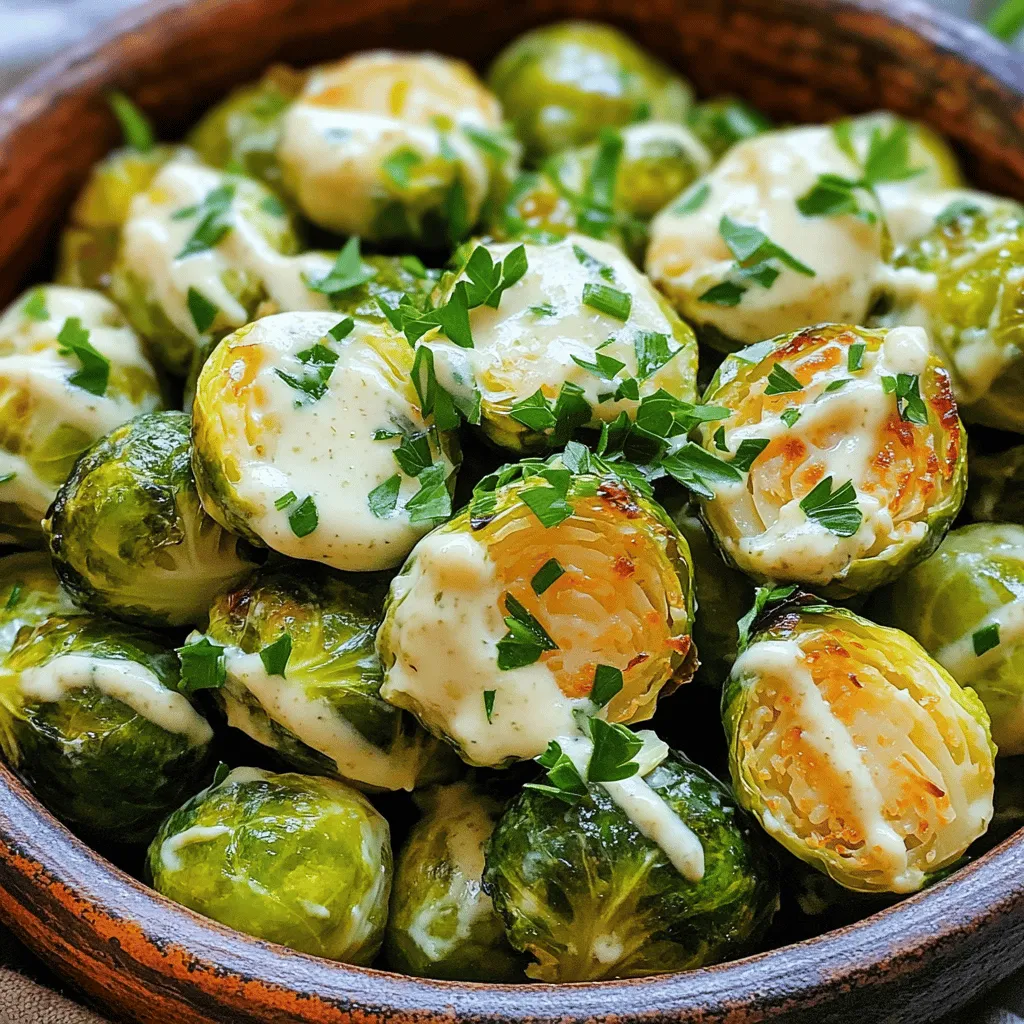 To make creamy garlic Parmesan Brussels sprouts, gather these items: - 1 lb Brussels sprouts, trimmed and halved - 3 tablespoons olive oil - 4 cloves garlic, minced - 1 cup heavy cream - 1 cup grated Parmesan cheese - 1 teaspoon salt - 1/2 teaspoon black pepper - 1/2 teaspoon red pepper flakes (optional for heat) - Fresh parsley, chopped (for garnish) If you want to switch things up, consider these swaps: - Use butter instead of olive oil for a richer flavor. - Swap heavy cream with half-and-half for a lighter dish. - Try nutritional yeast in place of Parmesan for a vegan touch. - If you dislike garlic, onion powder can work as a substitute. Feel free to personalize your Brussels sprouts with these extras: - Add cooked bacon bits for a smoky crunch. - Toss in some sun-dried tomatoes for a tangy bite. - Include pine nuts for a nutty flavor and texture. - For a zestier taste, mix in lemon zest before serving. First, preheat your oven to 400°F (200°C). This step is key for nice, crispy sprouts. While the oven heats, grab 1 pound of Brussels sprouts. Trim the ends and cut each sprout in half. Toss these in a large bowl with 3 tablespoons of olive oil. Sprinkle in 1 teaspoon of salt, 1/2 teaspoon of black pepper, and, if you like it spicy, 1/2 teaspoon of red pepper flakes. Mix well. Spread the coated Brussels sprouts on a baking sheet in a single layer. This helps them roast evenly. Place the sheet in your preheated oven. Roast for 20-25 minutes until they turn golden brown and tender. Don’t forget to toss them halfway through cooking for perfect roasting. While the sprouts roast, start on the creamy garlic sauce. In a large skillet, heat over medium heat. Add 4 minced garlic cloves and sauté for 1-2 minutes. You want the garlic to smell great but not burn. Next, pour in 1 cup of heavy cream. Bring it to a gentle simmer. Lower the heat and stir in 1 cup of grated Parmesan cheese. Keep stirring until the cheese melts, creating a smooth sauce. Season with extra salt and pepper to taste. Once the Brussels sprouts are done roasting, add them to the skillet with the creamy sauce. Gently toss to coat each sprout in the sauce. Let everything cook together for an extra 2-3 minutes. This mingles the flavors beautifully. Serve warm and garnish with chopped fresh parsley. This adds a pop of color and freshness to your dish. Enjoy your delightful creamy garlic Parmesan Brussels sprouts! When picking Brussels sprouts, look for bright green ones. They should feel firm and dense. Avoid any that look yellow or have brown spots. Fresh sprouts are small and tight. If they are loose, they are not fresh. Try to choose similar sizes for even cooking. To get a creamy sauce, use heavy cream. Heat it gently, and don’t let it boil. Stir in the Parmesan slowly. If the sauce is too thick, add a splash of water or more cream. If it’s too thin, let it cook a bit longer. This helps the flavors blend well. Add minced garlic to the oil for more taste. You can sprinkle in red pepper flakes for some spice. Fresh herbs like thyme or rosemary can also boost flavor. A squeeze of lemon juice adds brightness. Experiment with different cheese, like gouda or feta, for a twist. {{image_2}} You can add protein to your creamy garlic Parmesan Brussels sprouts. Chicken or bacon works great. For chicken, use cooked, shredded chicken. Mix it in with the sprouts and sauce. For bacon, cook it until crispy, then crumble it on top. This adds a nice crunch and flavor. If you want a vegetarian twist, try adding beans. White beans work well. They give protein and a creamy texture. You can also add nuts like walnuts or pecans. They add a nice crunch and richness. You can change the sauce or seasoning for fun. Try adding lemon juice for a fresh zing. If you like heat, add more red pepper flakes. You can also use different cheeses like feta or goat cheese. Each will give a new flavor to this dish. Experiment with herbs too, like thyme or rosemary, for extra warmth. You can store your creamy garlic Parmesan Brussels sprouts in an airtight container. Make sure they cool down first. Place them in the fridge for up to three days. They will stay fresh and tasty. To reheat, use a skillet over medium heat. Add a splash of cream or oil to keep them moist. Stir them gently until they warm through. This should take about 5-7 minutes. You can also use a microwave. Heat in short bursts of 30 seconds, stirring in between. If you want to freeze them, let the sprouts cool completely. Place them in a freezer-safe bag or container. Remove as much air as possible to prevent freezer burn. They can last up to two months in the freezer. When you're ready to eat, thaw them overnight in the fridge before reheating. To reduce bitterness in Brussels sprouts, try these tips: - Trim the ends: Cut off the stem ends before cooking. - Halve them: Cutting them in half helps to cook them evenly. - Roast with oil: Toss with olive oil to enhance the flavor. - Add sweetness: A drizzle of honey or maple syrup can help. These steps make your Brussels sprouts taste better and more enjoyable. Yes, you can use frozen Brussels sprouts. However, they may not taste as fresh. Here’s how to use them: - Thaw before cooking: Let them sit in the fridge overnight or run under water. - Adjust cooking time: Frozen sprouts need a little longer to cook. - Roast them well: Ensure they are crispy and well-cooked for the best flavor. Using frozen sprouts is convenient and can still yield tasty results. Creamy garlic Parmesan Brussels sprouts pair well with many dishes. Here are a few ideas: - Grilled chicken: The flavors complement each other nicely. - Pasta: Serve them on the side with your favorite pasta dish. - Steak: A juicy steak balances the creaminess of the sprouts. - Rice: Pair with a bed of rice for a filling meal. These options create a delightful and satisfying meal that everyone will love. This blog post covered all aspects of making creamy garlic Parmesan Brussels sprouts. We looked at key ingredients, their substitutions, and tasty add-ins. I shared step-by-step instructions to roast the sprouts and whip up the sauce. We explored helpful tips for freshness and flavor and discussed variations for different diets. In closing, mastering this dish can elevate your meals. Enjoy cooking and tasting your Brussels sprouts!