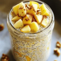 - 1 cup rolled oats - 1 ½ cups almond milk - 1 apple, diced - 1 tablespoon chia seeds The main ingredients form the backbone of your apple cinnamon overnight oats. Rolled oats give a hearty base. I enjoy using almond milk for a nutty flavor, but you can use any milk. Choose a sweet apple like Fuji or Honeycrisp for the best taste. Chia seeds add nutrition and thickness. - 1 teaspoon ground cinnamon - 1 tablespoon maple syrup or honey - ½ teaspoon vanilla extract - Pinch of salt Flavor enhancers make your oats sing. Ground cinnamon gives that warm, cozy vibe. Maple syrup or honey adds sweetness. A dash of vanilla extract lifts the flavors. Don’t forget the pinch of salt; it balances everything out. - Chopped nuts (walnuts or pecans) - Additional diced apple - Sprinkle of cinnamon Toppings complete your dish. Chopped nuts supply crunch and healthy fats. More diced apple provides freshness. A sprinkle of cinnamon on top makes it look lovely and adds extra flavor. 1. Start by taking a medium-sized bowl or a mason jar. 2. In this bowl, combine the rolled oats, almond milk, chia seeds, ground cinnamon, maple syrup, vanilla extract, and a pinch of salt. 3. Stir the mix well. Make sure you blend all the ingredients evenly. 4. Next, fold in the diced apple. Save a few pieces for topping later. 5. Cover the bowl or jar tightly with a lid or plastic wrap. 6. Place it in the refrigerator. Let it chill for at least 4 hours or overnight. This soaking time helps the oats absorb the milk and flavors. 1. When morning comes, take the oats out of the fridge. 2. Give it a good stir. If you like it looser, add a splash more milk. 3. You can serve the oats in bowls or keep them in the jar for an easy grab-and-go breakfast. 4. Before serving, add the reserved diced apple on top. 5. Sprinkle some chopped nuts and a bit more cinnamon for extra flavor. Enjoy your energizing breakfast! You may want your oats thicker or thinner. To make them thicker, use less milk. If you like them thinner, add more milk until you reach the right texture. Always check the oats after soaking. If they seem dry, just mix in a splash of milk. To keep your oats fresh, store them in airtight containers. Glass jars are great for this. They help maintain flavor and texture. If you make a big batch, divide it into smaller jars. This way, you can grab one each morning. Feel free to switch up the apple variety. Try using berries or bananas for fun flavors. You can also add nut butter for creaminess and taste. If you want more sweetness, drizzle extra maple syrup or honey on top. Adding spices can elevate your oats. Besides cinnamon, you could use nutmeg or ginger. A pinch of allspice could also add a nice kick. Experiment until you find your perfect mix! Use mason jars or glass containers for easy storage. These keep your oats safe and fresh. Remember to label each jar with the date. This helps track freshness. You can prepare multiple servings at once. Make a few jars on Sunday for the week ahead. Just adjust the ingredients according to how many servings you want. This saves time and keeps breakfast easy! {{image_2}} You can switch out apples for other fruits. Berries like strawberries or blueberries work great. Bananas also add a nice touch. Seasonal fruits are fun too! Try peaches in the summer or pumpkins in the fall. These fruits will change the taste and keep things exciting. You can use different kinds of milk for your oats. Coconut milk gives a rich flavor. If you prefer regular dairy, feel free to use whole or skim milk. Both options will make your oats creamy and delicious. The fun doesn’t stop with the base! You can add yogurt on top for extra creaminess. Chocolate chips make it sweet and fun. Dried fruits, like raisins or cranberries, add a chewy texture. These toppings will make your breakfast feel like a treat! Apple cinnamon overnight oats stay fresh in the fridge for up to five days. Keep them in a sealed container to lock in flavors. If you see any mold or the oats smell sour, it’s time to toss them. Freshness is key for taste and safety. You can freeze overnight oats! This is a great way to save extra servings. Use a freezer-safe container and leave some space at the top, as the oats expand when frozen. To thaw, move them to the fridge overnight. You can also microwave them for a quick warm-up. Warming up overnight oats is simple. You can microwave them for about 30 seconds to a minute. Stir well, and add a splash of milk if needed. Some people love their oats cold, while others prefer them warm. It’s all about your taste! Yes, you can prepare Apple Cinnamon Overnight Oats the night before. This is one of the best parts of this recipe! The oats need time to soak up the liquid and flavors. Simply mix your ingredients in a bowl or jar and place it in the fridge. Let it sit for at least four hours or overnight. In the morning, your oats will be soft and ready to enjoy! I recommend using rolled oats for this recipe. Rolled oats absorb liquid well and create a creamy texture. They also offer a nice chew. Other types, like instant oats, can become mushy. Steel-cut oats take longer to soften, so they are not the best choice for overnight oats. Stick with rolled oats for the best results! Yes, overnight oats are very healthy! They are packed with fiber, which helps with digestion. Oats also provide slow-burning energy, keeping you full for longer. Adding apples gives you vitamins and antioxidants. Chia seeds add omega-3 fatty acids and protein. With almond milk, you have a great dairy-free option too. It’s a balanced meal to start your day! Absolutely, adding protein is easy! You can stir in protein powder when you mix your ingredients. Greek yogurt is another great option to increase protein. You can also top your oats with nuts or seeds for a crunchy boost. This will make your breakfast even more satisfying and nutritious. In this blog post, we explored how to make delicious Apple Cinnamon Overnight Oats. We covered the main ingredients like rolled oats, almond milk, and diced apples. Then, we looked at flavor enhancers and tasty toppings. You learned step-by-step instructions, along with tips for perfect consistency and meal prep. Lastly, I offered variations to suit your taste and details on storage. This dish is simple to make and packed with nutrition. Enjoy your oats for breakfast or a snack!