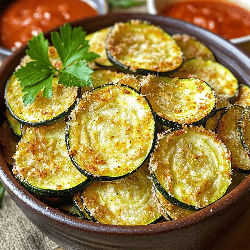For these tasty chips, you need: - 2 medium zucchinis, thinly sliced - 1 cup freshly grated Parmesan cheese - 1 teaspoon garlic powder - 1 teaspoon onion powder - 1 teaspoon smoked paprika - ½ teaspoon salt - ¼ teaspoon black pepper - 2 tablespoons olive oil These ingredients come together to create a crunchy and savory snack. The zucchini adds a nice texture, while the Parmesan gives it a rich flavor. Garlic powder and onion powder bring out a nice depth. Smoked paprika adds a hint of warmth. Salt and black pepper round out the taste, making each bite delicious. You can add a few more ingredients to boost flavor. Consider using: - Red pepper flakes for heat - Dried herbs like oregano or basil - Lemon zest for a fresh kick These extras can change the flavor profile. They let you customize the chips to your liking. Feel free to experiment with different spices or herbs. This makes each batch unique! One serving of these chips has: - Calories: 150 - Protein: 10g - Carbohydrates: 5g - Fat: 10g These zucchini chips are lower in carbs than regular chips. They’re a great way to enjoy a crunchy snack while staying healthy. Plus, the Parmesan cheese adds protein, making it satisfying! Start with two medium zucchinis. Slice them thinly, about 1/8 inch thick. Thin slices help the chips get nice and crisp. Once you slice them, put the zucchini in a large bowl. Drizzle two tablespoons of olive oil over the slices. Toss them gently to coat each piece evenly with oil. This step is key for flavor and crunch. In another bowl, mix one cup of freshly grated Parmesan cheese. Add one teaspoon of garlic powder, one teaspoon of onion powder, one teaspoon of smoked paprika, half a teaspoon of salt, and a quarter teaspoon of black pepper. Stir the mixture until it is well combined. This blend gives the chips a tasty kick that you will love. Preheat your oven to 225°F (110°C). Line a baking sheet with parchment paper. This helps the chips not stick. Take each zucchini slice and dip it into the Parmesan mixture. Make sure each slice is fully covered. Place the coated slices on the baking sheet in a single layer. Bake them for about two hours. Flip the chips halfway through to ensure even cooking. They are done when they are golden brown and crisp. Let them cool for a few minutes before serving. This cooling time helps them become even crisper. Garnish with freshly chopped parsley for a nice touch. To make your zucchini chips super crispy, slice them thin. Aim for about 1/8 inch thick. This helps them cook evenly. Next, soak the slices in salt water for 30 minutes. This draws out extra moisture. After soaking, pat them dry with paper towels. This step is key to crispiness. When coating the slices, make sure they are fully covered in the cheese mix. The cheese will add flavor and help with crunch. Bake them on parchment paper in a single layer. Avoid stacking or overlapping. This keeps air flowing around each chip. One big mistake is not drying the zucchini well. Excess water leads to soggy chips. Also, using too much olive oil can make them greasy. Stick to the 2 tablespoons in the recipe. Baking at a low temperature is crucial. Don’t crank up the heat; this can burn the chips quickly. Another common mistake is flipping too late. Flip the chips halfway through baking. This ensures even cooking and browning on both sides. Lastly, don’t skip the cooling step. Letting them sit for a few minutes makes them crunchier. Feel free to play with the seasoning! If you like heat, add some cayenne pepper. For a herby flavor, try adding dried oregano or thyme. You can also switch the paprika for smoked paprika for a different taste. Taste your seasoning mix before coating the zucchini. If it's too salty, add more cheese. If it’s bland, add more spices. This gives you control over the flavor. Always remember to garnish with fresh parsley for a pop of color and freshness! {{image_2}} You can change up the flavor of your zucchini chips with different spices. Try adding cayenne pepper for heat. Or, sprinkle in some Italian seasoning for a herby taste. You can also add a squeeze of lemon juice before baking. This adds a bright flavor that pairs well with the cheese. You might also consider mixing in some nutritional yeast for a cheesy flavor without dairy. Parmesan is great, but you can use other cheeses too. Cheddar adds a nice sharpness. Mozzarella gives a stretchy texture that kids love. For a bold flavor, try using blue cheese. Just remember, different cheeses can change the baking time. Always watch your chips closely to avoid burning. Dipping sauces can make your zucchini chips even better. Marinara sauce is a classic choice and adds a nice tomato flavor. Ranch dressing is another favorite that kids often enjoy. You can also try a garlic aioli for a creamy touch. For a spicy kick, serve with sriracha or a spicy yogurt dip. These dips can make your snack feel special and fun! To keep your leftover zucchini chips fresh, place them in an airtight container. Use a paper towel to absorb any moisture. This helps maintain their crunch. Store them in the fridge for up to three days. Avoid stacking the chips to prevent them from getting soggy. If you want to reheat your zucchini chips, use an oven or an air fryer. Preheat your oven to 350°F (175°C). Spread the chips on a baking sheet. Heat them for about 5-10 minutes. Check them often to make sure they do not burn. This gives them a nice crunch again. Air fryers work great too. Heat for about 3-5 minutes at 350°F (175°C). Freezing zucchini chips can be tricky. They might lose some of their crunch. If you still want to freeze them, wait until they cool. Place them in a single layer on a baking sheet. Freeze until solid, then transfer to a freezer bag. This keeps them from sticking together. Use them within two months for the best taste. To make zucchini chips crispy, start with thin slices. Thin slices cook better and turn crisp. Use a mandoline or a sharp knife for even cuts. Remember to toss the slices in olive oil. This helps the seasoning stick and promotes crispness. Bake them low and slow at 225°F (110°C) for about 2 hours. This slow cooking allows moisture to escape. Flip the chips halfway through baking for even crispness. Yes, you can use pre-grated cheese. However, fresh Parmesan gives the best flavor. Pre-grated cheese often contains anti-caking agents. These agents can affect how the cheese melts and sticks. If you use pre-grated cheese, check the taste. It may not be as rich or creamy. Freshly grated cheese melts and coats better, enhancing your chips. Zucchini chips are a healthy snack choice. They are lower in calories than regular chips. Zucchini is high in vitamins and minerals. It also has a lot of water, which helps keep you hydrated. The added Parmesan cheese gives protein and calcium. This makes them a better option than many store-bought snacks. Enjoy them with dips for added flavor without the guilt! In this blog post, we explored how to make delicious Parmesan garlic baked zucchini chips. We covered the main and optional ingredients for the best flavor, along with prep steps and baking tips. I shared ways to make your chips crispy and avoid common mistakes. We also looked at fun variations and storage tips. These tasty snacks are easy to make and offer a healthy option. Try them out and enjoy a crispy treat you can feel good about!