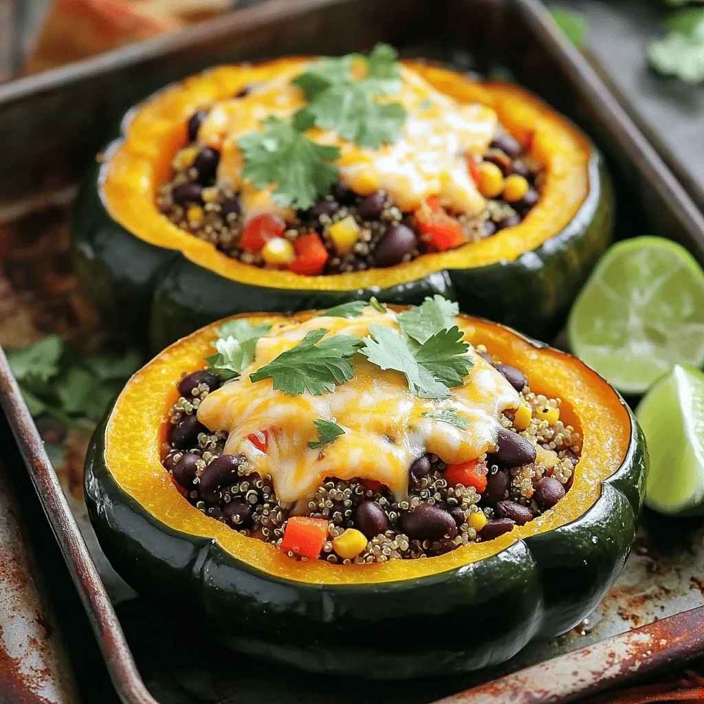 To make Southwest Quinoa Stuffed Acorn Squash, gather these fresh ingredients: - 2 acorn squashes, halved and seeded - 1 cup cooked quinoa - 1 can (15 oz) black beans, drained and rinsed - 1 cup corn (fresh, frozen, or canned) - 1 red bell pepper, diced - 1 small red onion, finely chopped - 2 cloves garlic, minced - 1 teaspoon ground cumin - 1 teaspoon chili powder - 1/2 teaspoon smoked paprika - 1/4 teaspoon cayenne pepper (adjust for spice level) - 1 cup shredded cheddar cheese (or a vegan cheese substitute) - Salt and pepper to taste - Fresh cilantro for garnish - Lime wedges for serving These ingredients combine for a delicious and colorful dish. You can find acorn squashes in most grocery stores during fall. The quinoa adds protein and fiber, while black beans deepen the flavor. Corn adds sweetness, and the spices bring warmth. I recommend using fresh ingredients for the best taste. You can also swap the cheese for a vegan option if desired. Don't skip the lime wedges; they brighten the dish beautifully. Enjoy making this tasty recipe! Start by preheating your oven to 400°F (200°C). Cut the acorn squashes in half and scoop out the seeds. Place them cut side up on a baking sheet. Drizzle them lightly with olive oil. Sprinkle salt and pepper on top. This makes the squash taste great. Roast in the oven for 30 to 35 minutes. You will know they are done when they feel tender. In a large skillet, heat a little olive oil over medium heat. Add the finely chopped red onion and sauté it for about 3 to 4 minutes. When the onion turns soft and clear, add minced garlic and diced red bell pepper. Then, add ground cumin, chili powder, smoked paprika, and cayenne pepper. Cook this mix for another 3 to 5 minutes. The pepper should become soft and flavorful. Next, stir in the cooked quinoa, black beans, and corn. Mix everything well and season with salt and pepper to your taste. Remove the skillet from the heat. Now, fold in half of the shredded cheese. This adds creaminess to your stuffing. After roasting, carefully take the acorn squashes out of the oven. Spoon the quinoa mixture into each squash half. Make sure to pack it lightly. You want to fill them well but not too tight. Top each stuffed squash with the rest of the shredded cheese. This will melt beautifully when baking. Return the stuffed squashes to the oven. Bake them for another 10 to 15 minutes. Keep an eye on them until the cheese is bubbly and golden. This step makes the dish look inviting. When they are done, take them out and let them cool a bit. They will be hot! Garnish with fresh cilantro and serve with lime wedges on the side for extra zing. Enjoy your meal! To get the best flavor in your Southwest quinoa stuffed acorn squash, use fresh spices. Ground spices lose their strength over time. Also, toast them in the pan for a minute to bring out their full flavor. Cooking times are key. Roast your acorn squashes for 30-35 minutes. They should be tender but not mushy. The stuffing cooks fast, so keep an eye on the cheese. Bake it until bubbly, about 10-15 minutes. If you need vegan cheese options, try cashew or almond cheese. They melt well and add creaminess. You can also skip the cheese for a lighter dish. For alternatives to quinoa, use brown rice or farro. These grains add a different texture and taste. If you want a bean swap, lentils or chickpeas work great too. They are both hearty and filling. To enhance flavor, top your stuffed squash with fresh cilantro. A squeeze of lime juice brightens each bite. For pairing ideas, serve this dish with a side salad or a light soup. A simple green salad with a citrus vinaigrette complements the flavors well. You could also serve it with a side of tortilla chips and salsa for a fun crunch. {{image_2}} You can swap quinoa for other grains. Try brown rice for a chewy texture. Barley adds a nutty flavor. For a gluten-free option, use millet or farro. Each grain gives a unique taste to the dish. Feel free to add other veggies. Zucchini or spinach works great in this recipe. Mushrooms bring an earthy taste. You can even toss in some diced tomatoes for extra moisture. Just remember to chop them small for even cooking. Adjust the spice to fit your taste. If you love heat, add more cayenne pepper. For a milder dish, cut back on the spices. You can also add a dash of hot sauce for a kick. Mix in fresh herbs like cilantro or parsley for added flavor. To keep your Southwest quinoa stuffed acorn squash fresh, store leftovers in the fridge. Use an airtight container for best results. This helps to lock in moisture and flavor. You can keep the leftovers for up to three days. Before serving, check for any signs of spoilage. If it looks good, it's ready to enjoy again! Want to save some stuffed squash for later? Freezing is a great option! First, let the stuffed squash cool completely. Then, wrap each half tightly in plastic wrap. Place the wrapped squash in a freezer bag or container. This way, you can store it for up to three months. When you're ready to eat, just thaw it in the fridge overnight. Reheating your stuffed squash is easy. The oven is the best method to keep the texture. Preheat the oven to 350°F (175°C). Place the squash halves on a baking sheet. Cover them with foil to prevent drying out. Heat for about 20-25 minutes or until warm. You can also use a microwave, but it may make the squash a bit soggy. If using a microwave, heat for 2-3 minutes, checking often. Enjoy your delicious dish! You can use other grains if you want. Some great options are: - Brown rice - Farro - Barley - Bulgur - Couscous These grains will add their own texture and flavor. Adjust the cooking time based on the grain you choose. Look for a few signs to know if your squash is ready. - The skin should be slightly brown. - A fork should easily pierce the flesh. - The flesh will feel soft but not mushy. If you see these signs, your squash is perfect for stuffing! Yes, you can easily prepare this dish in advance. Here are some tips: - Cook the quinoa and make the stuffing a day before. - Store the stuffing in the fridge. - Roast the squash just before serving for the best flavor. This way, you save time and still serve a tasty meal! You learned how to create delicious stuffed acorn squash. We covered key ingredients, cooking steps, and helpful tips. You can mix flavors with different grains and veggies. You now know how to store and reheat leftovers too. Enjoy making this dish your own with tasty variations. Next time you cook, remember these ideas for fun meals. Let your creativity shine and share this recipe with friends!